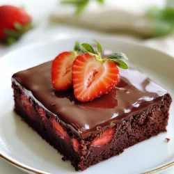 To make Chocolate Covered Strawberry Brownies, you need fresh and high-quality ingredients. Here’s a detailed list: - 1 cup unsalted butter, melted - 2 cups granulated sugar - 4 large eggs - 1 teaspoon vanilla extract - 1 cup all-purpose flour - 1 cup unsweetened cocoa powder - 1/2 teaspoon salt - 1/2 teaspoon baking powder - 1 cup fresh strawberries, hulled and sliced - 1 cup dark chocolate chips - 1 tablespoon coconut oil (or vegetable oil for melting chocolate) If you want to try different flavors or need substitutions, consider these options: - Use salted butter instead of unsalted for a richer flavor. - Replace granulated sugar with brown sugar for a chewier texture. - For a dairy-free version, use coconut butter in place of regular butter. - Swap all-purpose flour with almond flour for a gluten-free option. - Use white chocolate chips instead of dark chocolate for a sweeter topping. - If fresh strawberries aren’t available, try raspberries or cherries for a twist. These ingredients and alternatives help create a delicious treat that you can enjoy any time! {{ingredient_image_1}} 1. First, preheat your oven to 350°F (175°C). This step is key for even baking. 2. Grease a 9x13-inch baking pan or line it with parchment paper. This helps with easy removal later. 3. In a large bowl, whisk together the melted butter and sugar until smooth. 4. Next, add the eggs one at a time. Mix well after each egg. Stir in the vanilla extract last. 5. In another bowl, sift the flour, cocoa powder, salt, and baking powder together. 6. Slowly add the dry mix to the wet mix. Stir gently until just combined. Do not over-mix to keep your brownies soft. 7. Fold in half of the sliced strawberries into the brownie batter. This adds flavor and a nice texture. 8. Pour the batter into your prepared pan, spreading it evenly. 9. Bake for 25-30 minutes. Use a toothpick to check. It should come out with a few moist crumbs, not wet batter. 1. To melt the chocolate, combine the dark chocolate chips and coconut oil in a microwave-safe bowl. 2. Microwave in 30-second intervals, stirring in between each time until smooth. This helps it melt evenly. 3. Let the brownies cool completely before adding the chocolate topping. 4. Pour the melted chocolate over the brownies, spreading it with a spatula for an even layer. 5. Decorate with the remaining sliced strawberries. Press them gently into the chocolate for a pretty look. 6. Allow the chocolate to set at room temperature or refrigerate for about 30 minutes. This helps the chocolate firm up. 7. Finally, cut the brownies into squares and serve them. Enjoy every bite! To make the best brownies, avoid common mistakes. First, do not over-mix the batter. This can make your brownies tough. Mix until just combined, and that’s it! Next, check your oven's temperature. An oven that is too hot can burn the edges. Use an oven thermometer for accuracy. To achieve that fudgy texture, consider using melted butter instead of softened butter. This small change makes a big difference! Also, use high-quality cocoa powder. It adds rich flavor that elevates your brownies. Melting chocolate can be tricky. Use a microwave-safe bowl for easy melting. For best results, microwave in 30-second intervals. Stir between each interval to help it melt evenly. If you see your chocolate getting thick or clumpy, it may have seized. To avoid this, add a teaspoon of coconut oil or vegetable oil. This will help keep it smooth. Once melted, let the chocolate cool slightly before pouring it over the brownies. This helps it set nicely without running off. Pro Tips Use Room Temperature Ingredients: Ensure your eggs and butter are at room temperature for a smoother batter and better incorporation. Don't Overmix the Batter: Mix until just combined to keep your brownies fudgy and avoid a cakey texture. Experiment with Chocolate Types: Substitute dark chocolate chips with milk or white chocolate for a different flavor profile. Store Properly: Keep leftover brownies in an airtight container at room temperature for up to 3 days for optimal freshness. {{image_2}} You can make these brownies even more fun. Try different fruits on top. Bananas or raspberries add a nice twist. You can also use dried fruits like cherries or apricots for a chewy bite. To add crunch and extra flavor, consider nuts or sprinkles. Chopped walnuts or pecans work great. You can sprinkle them on top of the chocolate layer for a nice finish. Colored sprinkles can brighten the brownies and make them festive for parties. If you need a gluten-free option, swap all-purpose flour with almond flour. This change keeps the texture rich while making it safe for those with gluten issues. Just remember that almond flour is denser, so adjust your baking time a bit. For a vegan version, replace the eggs with flax eggs. Mix one tablespoon of ground flaxseed with three tablespoons of water for each egg. Choose a vegan butter or coconut oil instead of regular butter. Also, use dairy-free chocolate chips for the topping. These changes will keep your brownies delicious and plant-based! To keep your chocolate covered strawberry brownies fresh, store them in a cool place. The best method is to use an airtight container. This will help keep them moist and tasty. Line the container with parchment paper to avoid sticking. If you make a big batch, stack them with parchment in between each layer. This prevents them from getting squished. If you want to save some brownies for later, freezing is a great option. Here’s how to do it: 1. Cool Completely: Let the brownies cool at room temperature first. 2. Cut into Squares: Slice them into squares for easy serving later. 3. Wrap Well: Wrap each square in plastic wrap. This keeps them from getting freezer burn. 4. Place in a Container: Put the wrapped brownies in a freezer-safe container. When you're ready to enjoy them, follow these thawing tips: - Thaw in the Fridge: Move the brownies to the fridge for a few hours. This keeps the texture nice. - Room Temperature: If you want them faster, leave them out for about 30 minutes. Following these steps will help you enjoy your brownies even after a while! Can I use frozen strawberries instead? Yes, you can use frozen strawberries. Just thaw them first and pat them dry. This will keep the brownies from getting too wet. How do I know when brownies are done baking? Check the brownies at 25 minutes. Insert a toothpick into the center. If it comes out with a few moist crumbs, they are done. If it’s wet, bake for a few more minutes. What's the best way to cut brownies for clean edges? Use a sharp knife. Dip it in hot water before cutting. Wipe the knife after each cut for nice, clean edges. Can I make these in advance for a party? Yes! You can bake the brownies a day ahead. Store them in an airtight container at room temperature. Add the chocolate and strawberries just before serving. What can I serve with chocolate-covered strawberry brownies? Serve with whipped cream or vanilla ice cream for a tasty treat. Fresh mint leaves add a nice touch too! To make great brownies, I covered all the key steps. We started with the right ingredients, including alternatives for your needs. I shared easy instructions for mixing and baking perfectly fudgy brownies. You learned tips for melting chocolate and decorating with strawberries. Remember, be careful to avoid common mistakes. Also, consider fun variations to suit your taste, like gluten-free or vegan options. By storing brownies properly, you can enjoy them longer. Follow these guidelines, and you’ll impress everyone with your delicious treats!