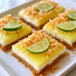 When making Key Lime Pie Bars, the right ingredients are key to great flavor. Here’s what you need: - 1 ½ cups graham cracker crumbs - ½ cup unsweetened shredded coconut - ½ cup unsalted butter, melted - 1 cup granulated sugar - 3 large eggs - ½ cup fresh key lime juice (about 6-8 limes) - Zest of 2 limes - 1 can (14 oz) sweetened condensed milk - ¼ teaspoon salt - Optional toppings: whipped cream, lime slices, coconut flakes These simple ingredients combine to create a refreshing dessert. The graham cracker crumbs give the crust a sweet crunch. The coconut adds a delightful twist to the flavor. Fresh key lime juice is essential for that tangy taste. Don't skip the lime zest! It boosts the lime flavor even more. Using unsweetened coconut keeps the bars from being too sweet. Sweetened condensed milk gives the filling its creamy texture. The eggs help bind everything together. Always remember to use fresh ingredients for the best results. If you want to dress up your bars, consider topping them with whipped cream or lime slices. A sprinkle of coconut flakes makes it look stunning. Enjoy the mix of sweet and tart in every bite! {{ingredient_image_1}} 1. Preheat the oven: Set your oven to 350°F (175°C). This helps the crust bake evenly. 2. Mixing the crust ingredients: In a medium bowl, combine 1 ½ cups of graham cracker crumbs, ½ cup of shredded coconut, and ½ cup of melted unsalted butter. Stir until the crumbs are well coated. 3. Pressing the crust into the pan: Line a 9x9 inch baking pan with parchment paper. Press the crumb mixture firmly into the bottom of the pan. Bake for about 10 minutes, until it turns lightly golden. Let it cool slightly before adding the filling. 1. Whisking together sugar and eggs: In a large bowl, whisk together 1 cup of granulated sugar and 3 large eggs until the mixture is smooth. 2. Adding liquids and other ingredients: Next, add ½ cup of fresh key lime juice, the zest of 2 limes, 1 can of sweetened condensed milk, and ¼ teaspoon of salt. Whisk until everything is blended well. 3. Pouring over the crust: Pour this key lime filling over the cooled crust. Spread it evenly to ensure a nice, smooth top. 1. Baking time and temperature: Return the pan to the oven and bake for 15 to 20 minutes. You want the filling to be set but still a bit jiggly in the center. 2. Signs to look for to check doneness: When done, the edges should be firm. The center can move slightly when you shake the pan. This means it's ready to cool. To make a firm and tasty crust, use fresh graham cracker crumbs. Crush them finely for the best texture. Mix in unsweetened shredded coconut for a fun twist. Coconut adds flavor and a chewy bite. Melted unsalted butter helps bind the crumbs together. Press the mixture firmly into the pan for a solid base. If you want alternatives to graham cracker crumbs, try digestive biscuits or vanilla wafers. They work well and can change the flavor a bit. You can even use crushed nuts for a gluten-free option. Freshness of key lime juice matters a lot. Always use fresh juice for a bright taste. You can squeeze limes right before use. Avoid bottled juice, as it lacks the same flavor. Fresh zest adds depth too, so don't skip it. To avoid overbaking, watch the filling closely. Bake until it is set but still slightly jiggly in the middle. This gives a creamy texture. If you bake it too long, it can become rubbery. For a great presentation, cut the bars into neat squares. Use a sharp knife for clean edges. Top each bar with a dollop of whipped cream. This adds creaminess and looks nice. Garnish with lime slices and extra coconut flakes for color. To enhance the flavor, serve with fresh fruit like strawberries or blueberries. A scoop of vanilla ice cream pairs well too. Each bite will be a refreshing treat! Pro Tips Use Fresh Key Limes: For the best flavor, always use fresh key limes rather than bottled juice. The taste difference is significant! Chill for Perfect Texture: Allowing the bars to chill in the refrigerator for several hours helps them set properly, resulting in a firmer texture that's easier to cut. Customize the Crust: Feel free to mix in some crushed macadamia nuts with the graham cracker crumbs for an added crunch and a tropical flavor boost. Whipped Cream Variation: For a unique twist, consider adding a hint of coconut extract to your whipped cream for an extra layer of flavor when serving. {{image_2}} Adding shredded coconut to the crust gives it a nice twist. The coconut adds a chewy texture and a tropical flavor. Mix ½ cup of unsweetened shredded coconut with the graham cracker crumbs. This small change takes your bars to the next level. You can enjoy the taste of the tropics in every bite. You can also try mixing in other fruits. Mango or raspberry pairs well with key lime. Just mash or puree the fruit and add it to the filling. This will give your bars a fun color and taste. If you need gluten-free options, use gluten-free graham crackers. The flavor will still shine, and everyone can enjoy them. Key Lime Pie Bars are fun and easy to serve. They are different from a traditional Key Lime Pie. You can cut them into small squares or larger rectangles. This makes them perfect for parties or picnics. For a creative touch, serve them with a scoop of vanilla ice cream or more whipped cream. Add lime slices and coconut flakes on top for a pretty look. To keep your key lime pie bars fresh, store them in the fridge. Place them in an airtight container. This helps keep moisture away and preserves flavor. Make sure they are fully cooled before you store them. If you have not sliced them yet, it’s best to keep them whole. You can also freeze key lime pie bars. Wrap each bar tightly in plastic wrap, then place them in a freezer bag. This method protects them from freezer burn. They can stay frozen for up to three months. Simply thaw them in the fridge when you’re ready to eat. When stored properly, key lime pie bars last about one week in the fridge. Look for signs of spoilage, like a change in color or texture. If you notice any off smells or mold, it’s best to throw them away. For frozen bars, after thawing, consume them within a few days for the best taste. Yes, you can use regular limes if needed. However, the taste will change. Key limes are smaller and have a unique tartness. This tartness gives key lime pie its special flavor. If you use regular limes, the bars may taste less bright and zesty. To boost the flavor, add zest from more limes. You can try using fresh herbs like mint to add a refreshing twist. A pinch of ginger can also bring an interesting depth. Experiment with flavors that you enjoy. Yes, you can make this recipe dairy-free. Use coconut cream instead of sweetened condensed milk. You can also use dairy-free butter for the crust. This will keep the dessert creamy and rich without dairy. Absolutely! These bars are great for making ahead. You can prepare them up to two days in advance. Just store them in the fridge until you are ready to serve. This lets the flavors meld nicely. One common mistake is overbaking the bars. The center should be slightly jiggly when you take them out. Another mistake is not using fresh lime juice. Fresh juice gives a much better taste than bottled juice. Lastly, make sure to cool the crust properly before adding the filling. We covered the core elements for making tasty Key Lime Pie Bars. You learned about essential ingredients, step-by-step instructions, and helpful tips for perfecting your bars. Remember, freshness is key for the best flavor, and simple tweaks can bring new life to the recipe. Store them well to keep their taste and texture. Enjoy sharing these delicious bars with friends and family. With a bit of practice, you will impress everyone with your baking skills. Happy baking!
