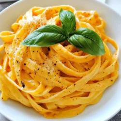 - 2 red bell peppers - 1 tablespoon olive oil - 3 cloves garlic, minced - 1 cup heavy cream - 1 cup grated Parmesan cheese - 1 teaspoon Italian seasoning - Salt and pepper to taste - Fresh basil leaves for garnish - Extra Parmesan for serving - 12 oz fettuccine - Other pasta alternatives Roasted Red Pepper Alfredo starts with simple and fresh ingredients. First, the red bell peppers give this dish its vibrant color and sweet taste. When you roast them, they become soft and packed with flavor. The garlic brings a nice kick to the sauce. Next, heavy cream adds that smooth, rich texture we all love in Alfredo sauce. The grated Parmesan cheese not only thickens the sauce but also adds a nutty flavor. For seasoning, I use Italian seasoning, salt, and pepper. These enhance the sauce's taste without overpowering it. Fresh basil leaves add a burst of freshness when you serve the dish. Don't forget the extra Parmesan for topping! When it comes to pasta, I recommend fettuccine for its wide shape, which holds the sauce well. However, feel free to use any pasta you love. Enjoy creating this deliciously creamy sauce! {{ingredient_image_1}} - Preheat your oven to 400°F (200°C). This high heat helps to blister the skins. - Halve the red bell peppers and remove the seeds and stems. Place them cut-side down on a baking sheet. Drizzle with olive oil for flavor. - Roast the peppers for about 25 minutes. Look for blistered, darkened skins. Once done, remove them from the oven and let them cool for 10 minutes. This makes peeling easier. - After cooling, peel off the skins of the peppers. Place the roasted peppers in a blender. Add minced garlic, heavy cream, and Italian seasoning. Blend until smooth and creamy. - Pour the roasted pepper mixture into a medium saucepan over medium heat. Bring it to a gentle simmer while stirring frequently. - Stir in the grated Parmesan cheese. Mix well until it melts and combines smoothly. Add salt and pepper to taste for extra flavor. - Cook your fettuccine according to package instructions. Aim for al dente, which gives a nice bite. Drain the pasta and set it aside. - Add the cooked pasta to the Alfredo sauce in the saucepan. Toss gently until the pasta is evenly coated in the creamy sauce. This is where the magic happens! To get the best flavor from your peppers, follow these steps: - Preheat your oven to 400°F (200°C). - Cut the red bell peppers in half and remove seeds. - Place them cut-side down on a baking sheet and drizzle with olive oil. - Roast for about 25 minutes. The skins should blister and darken. You’ll know your peppers are ready when their skins look wrinkled and dark. Let them cool for 10 minutes before peeling off the skins. This step adds so much flavor! The sauce should be creamy but not too thick. If you find it too thick, add a splash of heavy cream to loosen it. Stir well until you reach the desired consistency. For extra flavor, try adding more spices like paprika or a pinch of red pepper flakes for a kick. You can also mix in some fresh herbs like parsley or thyme for added depth. Serving your dish nicely makes it even more inviting. Here are some ideas: - Garnish with fresh basil leaves. They add color and flavor. - Sprinkle extra Parmesan cheese on top before serving. It looks great and tastes delicious. When serving guests, consider pairing it with a side salad or garlic bread. This adds a nice touch to your meal! Pro Tips Roasting the Peppers: Roasting the peppers until their skins blister enhances their sweetness and adds a smoky flavor to the sauce. Blending for Smoothness: Make sure to blend the roasted peppers thoroughly to achieve a silky sauce. A high-speed blender works best. Pasta Cooking: Cook the pasta just until al dente, as it will continue to cook slightly when mixed with the sauce. Fresh Basil Garnish: Using fresh basil not only adds a pop of color but also a fresh aroma that complements the creamy sauce beautifully. {{image_2}} To make a vegan version of Roasted Red Pepper Alfredo, swap out the heavy cream and cheese. Use coconut cream or cashew cream instead of heavy cream. For cheese, try nutritional yeast or vegan Parmesan. These swaps keep the sauce creamy and rich while keeping it plant-based. If you need a gluten-free option, choose gluten-free pasta like brown rice or quinoa pasta. These types hold up well in the sauce and offer good texture. Always check the package to ensure it fits your dietary needs. You can add other veggies to your Alfredo sauce for extra flavor. Spinach, mushrooms, or zucchini blend well. For protein, consider grilled chicken, shrimp, or chickpeas. Experimenting with different herbs can also enhance the taste. Basil, thyme, or even a touch of red pepper flakes can add depth. Feel free to get creative with the flavors you love! Store leftover roasted red pepper Alfredo in an airtight container. This keeps the sauce fresh and tasty. You can keep it in the fridge for about 3 to 5 days. Always let the sauce cool before storing. This helps prevent condensation and sogginess. To freeze the roasted red pepper Alfredo, pour it into a freezer-safe container. Leave some space at the top for expansion. You can freeze it for up to 3 months. When ready to eat, thaw it in the fridge overnight. Reheat in a saucepan over low heat. Stir often to keep it smooth. Get creative with your leftovers! You can use the sauce as a dip for veggies or breadsticks. Mix it with cooked chicken for a quick meal. Another idea is to toss it with roasted vegetables for a healthy side dish. The possibilities are endless! Roasted Red Pepper Alfredo is a creamy pasta dish. It features rich flavors from roasted red peppers and garlic. The sauce is smooth and velvety, making it perfect for fettuccine or any pasta you like. This dish is not just filling; it also looks beautiful on the plate. The bright red color of the sauce is sure to catch your eye and your taste buds. To add heat, try these tips: - Add crushed red pepper flakes while cooking the sauce. - Stir in some chopped jalapeños or fresh chili peppers. - Use a spicy Italian seasoning blend instead of regular. - Serve with a side of hot sauce for extra kick. These options will give your dish a nice boost without overpowering the main flavors. Yes, you can make Roasted Red Pepper Alfredo ahead of time. Here’s how: - Prepare the sauce and store it in the fridge for up to three days. - Cook the pasta fresh right before serving for the best texture. - Reheat the sauce in a pan before adding the pasta. This makes it perfect for quick dinners or meal prep! For side dishes, consider: - A simple green salad with vinaigrette. - Garlic bread for a crunchy contrast. - Steamed broccoli or asparagus for added veggies. - Grilled chicken or shrimp for protein. These options will complement the creamy sauce and round out your meal perfectly. In this blog post, we explored how to create a delicious Roasted Red Pepper Alfredo. We covered the main ingredients, like red bell peppers and Parmesan cheese, and detailed step-by-step instructions for making the sauce and cooking the pasta. I shared tips for enhancing flavor and achieving the perfect roast. Remember, you can customize this dish with vegan or gluten-free options. Don’t forget to store your leftovers properly! Now you can impress anyone with this tasty meal. Enjoy cooking and tasting your creation!