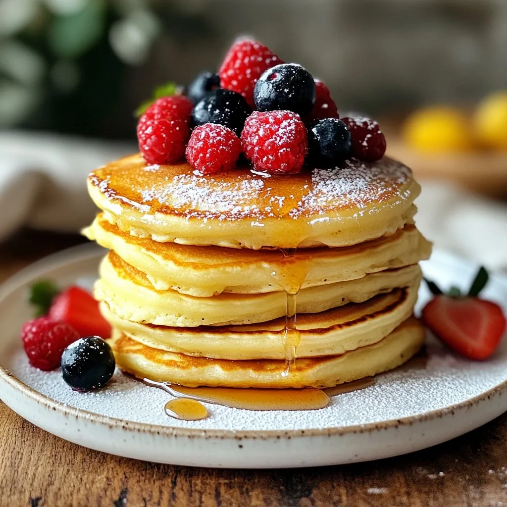 - 1 cup all-purpose flour - 2 tablespoons sugar - 1 teaspoon baking powder - 1/2 teaspoon baking soda - 1/4 teaspoon salt - 1 cup Greek yogurt (plain, full-fat or low-fat) - 1/2 cup milk (can substitute with almond milk) - 1 large egg - 1 teaspoon vanilla extract - 2 tablespoons melted butter (or coconut oil for a dairy-free option) - Fresh berries - Maple syrup or honey The ingredients for Greek yogurt pancakes are simple, yet they create a delightful dish. The dry ingredients form the base of the pancakes. This includes flour, sugar, baking powder, baking soda, and salt. Each plays a key role in texture and taste. The wet ingredients bring moisture and flavor. Greek yogurt is the star here, adding creaminess and protein. You can choose full-fat or low-fat yogurt based on your preference. The milk, either dairy or almond, helps mix everything smoothly. The egg binds the ingredients together, while vanilla extract adds a lovely aroma. For richness, melted butter or coconut oil enhances the flavor. For toppings, fresh berries provide a burst of sweetness and color. Drizzling maple syrup or honey adds the perfect finishing touch. The combination of these ingredients makes the pancakes soft and satisfying. {{ingredient_image_1}} In a large bowl, start by whisking together the dry ingredients. Combine 1 cup of all-purpose flour, 2 tablespoons of sugar, 1 teaspoon of baking powder, 1/2 teaspoon of baking soda, and 1/4 teaspoon of salt. Mix well until everything is evenly blended. This step is key for fluffy pancakes. In another bowl, mix the wet ingredients. Add 1 cup of Greek yogurt, 1/2 cup of milk, 1 large egg, 1 teaspoon of vanilla extract, and 2 tablespoons of melted butter. Stir well until this mixture is smooth and creamy. This adds rich flavor and moisture to your pancakes. Now, pour the wet ingredients into the bowl with the dry mix. Gently fold them together with a spatula. Be careful not to overmix; a few lumps are perfectly fine. Overmixing can make your pancakes tough, and we want them soft and airy. Preheat your skillet over medium heat. You can lightly grease it with oil or butter. Pour about 1/4 cup of batter for each pancake onto the hot skillet. Cook until bubbles form on the surface, which takes about 2-3 minutes. Once the edges look set, flip the pancake and cook for another 1-2 minutes until golden brown. Adjust the heat if needed to avoid burning. Serve your warm pancakes stacked high. Top with fresh berries and a drizzle of maple syrup or honey. This adds sweetness and a pop of color. Enjoy each bite of your soft and satisfying Greek yogurt pancakes! To make your pancakes fluffy, do not overmix the batter. When you mix, combine the wet and dry ingredients until just blended. Some lumps are okay. Overmixing makes the pancakes tough. Keep it light and gentle. This way, the pancakes will rise and become soft. Cooking at the right heat is key. Preheat your skillet over medium heat. If the heat is too low, the pancakes will take too long to cook. They may dry out. If too high, they will burn on the outside and stay raw inside. Adjust the heat as you go. This helps achieve that golden brown color. You can add spices or extracts for extra taste. A pinch of cinnamon adds warmth. Some vanilla extract brightens the flavor. You can even try a splash of almond extract. These simple additions change the taste and make your pancakes special. Get creative with what you like. Pro Tips Use Fresh Ingredients: Always opt for fresh eggs and quality Greek yogurt for the best flavor and texture in your pancakes. Adjust for Altitude: If you're cooking at a high altitude, you might need to adjust the baking powder and baking soda for optimal rise. Let the Batter Rest: Allow the batter to rest for about 5 minutes before cooking. This helps the gluten relax and results in fluffier pancakes. Perfect Flipping Technique: Use a thin, wide spatula to flip the pancakes, which helps to keep them intact and fluffy. {{image_2}} You can make your Greek yogurt pancakes even healthier. Use whole wheat flour instead of all-purpose flour. This change adds fiber and nutrients. You can also try alternative sweeteners like honey or maple syrup. These options can reduce refined sugar in your meal. Want to mix things up? Adding chocolate chips can make your pancakes a sweet treat. Nuts add crunch and healthy fats. Cinnamon brings warmth and spice. You can get creative and add fresh fruits or even peanut butter for extra flavor. If you have dietary needs, there are easy swaps. For a gluten-free version, use almond flour or oat flour. To make them vegan, replace the egg with flaxseed meal or mashed banana. Use almond milk instead of regular milk. For dairy-free pancakes, coconut oil works well instead of butter. These changes keep the taste delicious while fitting your diet. To keep your Greek yogurt pancakes fresh, let them cool first. Then, stack them with parchment paper between each pancake. This step helps to stop them from sticking together. Place the stack in an airtight container. You can also use a resealable bag. Store them in the fridge for up to 3 days. If you want to keep them longer, freeze them. Wrap each pancake in plastic wrap, then place them in a freezer bag. This way, they stay fresh for about 2 months. When you're ready to enjoy your pancakes again, you have a few good options. The best way to reheat them is in a toaster or toaster oven. This method keeps them nice and crispy. If you prefer the microwave, place a damp paper towel over the pancakes. Heat for 20-30 seconds. This method helps them stay soft. You can also use a skillet. Heat it on low and warm the pancakes for 1-2 minutes on each side. Greek yogurt pancakes last well when stored properly. In the fridge, they stay good for about 3 days. In the freezer, they can last up to 2 months. However, the texture may change if they sit too long. For the best taste and quality, eat them within these time frames. Enjoy your soft and satisfying pancakes while they're fresh! Yes, you can use non-dairy yogurt. Almond, soy, or coconut yogurt works well. These options may change the taste slightly. Almond yogurt adds a nutty flavor, while coconut yogurt gives a tropical twist. Just ensure the non-dairy yogurt is plain and unsweetened. This keeps the pancakes delicious and balanced. To make your pancakes fluffier, consider these tips: - Add an extra teaspoon of baking powder. This boosts lift. - Separate the egg. Whisk the egg white until it is fluffy and fold it in last. This adds air. - Don't overmix your batter. A few lumps are okay. Overmixing can make pancakes dense. Yes, you can prepare the batter ahead of time. Store it in the fridge for up to 24 hours. Cover the bowl tightly with plastic wrap. Stir gently before cooking, as bubbles may form. If the batter thickens, add a splash of milk to loosen it up. This keeps your pancakes fresh and easy to cook. This blog post walks you through making delicious Greek yogurt pancakes. You learned about ingredients like flour, yogurt, and milk, along with how to mix them. I shared tips for fluffiness and variations to keep things fun. Whether you want healthy, tasty pancakes or unique flavors, there's an option for everyone. Enjoy experimenting with toppings and storage methods for leftovers. Now, grab your skillet, and let’s make breakfast extraordinary!