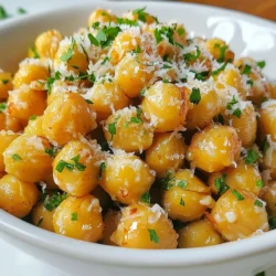 - 2 cans (15 oz each) chickpeas, drained and rinsed - 2 tablespoons olive oil - 3 cloves garlic, minced - 1/2 cup grated Parmesan cheese - 1 teaspoon paprika - 1/2 teaspoon salt - 1/4 teaspoon black pepper - 1/2 teaspoon Italian seasoning - Fresh parsley, chopped (for garnish) You can replace chickpeas with canned white beans if needed. For olive oil, use any cooking oil like avocado oil. If you want a vegan option, skip the Parmesan or use a vegan cheese. You can swap garlic for garlic powder, but fresh garlic gives better flavor. For paprika, smoked paprika adds a nice twist. If you don't have Italian seasoning, use a mix of dried oregano and basil. Chickpeas are packed with protein and fiber. They help keep you full longer. They also provide important vitamins and minerals, like iron and magnesium. Eating chickpeas can support heart health and aid digestion. Plus, they are low in calories, making them a great snack option. {{ingredient_image_1}} First, gather your ingredients. You’ll need chickpeas, olive oil, garlic, and spices. Preheat your oven to 400°F (200°C). This heat is perfect for making them crispy. Line a baking sheet with parchment paper. This helps with easy cleanup. Next, drain and rinse the chickpeas. This removes extra sodium and helps with flavor. After rinsing, dry the chickpeas well using a clean kitchen towel. Getting them dry is key for crispiness. In a large bowl, mix olive oil, minced garlic, paprika, salt, black pepper, and Italian seasoning. Stir until well blended. Then, add the dried chickpeas. Toss them until they are fully coated in the oil and spices. This step gives them great flavor. Place the coated chickpeas in a single layer on the baking sheet. This allows even cooking. Roast them in the preheated oven for 25-30 minutes. Make sure to stir halfway through to ensure they roast evenly. While roasting, keep an eye on them. You want them golden brown and crunchy. In the last five minutes, take the baking sheet out. Sprinkle grated Parmesan cheese over the chickpeas. This creates a delicious cheesy crust as it melts. Once they finish roasting, take them out of the oven. Let the chickpeas cool for a few minutes. They will become even crispier as they cool down. Before serving, garnish with fresh chopped parsley for color and flavor. Serve the crispy chickpeas in a stylish bowl. You can add a sprinkle of extra Parmesan on top. Enjoy them as a tasty snack or a crunchy salad topping! To get your chickpeas perfectly crispy, start by drying them well. After rinsing the chickpeas, use a clean kitchen towel or paper towels to remove all moisture. Any water left will make them soggy. Spread them on a baking sheet in a single layer. This helps them roast evenly. Keep an eye on them while they cook. Stir halfway to ensure they brown nicely. If they look golden after 25-30 minutes, they are ready! You can change the flavor of your chickpeas easily. Try adding a pinch of cayenne pepper for heat or a sprinkle of smoked paprika for a smoky taste. You can also mix in some cumin or curry powder for a warm flavor. For a fresh twist, add lemon zest or a splash of lemon juice right before serving. Don’t be shy to experiment! Each flavor brings a new twist to your crispy snack. You don’t need fancy gear to make these chickpeas. A good baking sheet is key. Use parchment paper to prevent sticking. A mixing bowl is needed for combining the ingredients. A spatula or wooden spoon works well for tossing the chickpeas. If you have an oven thermometer, use it to ensure your oven is at the right temperature. These simple tools will help you create a tasty treat with ease. Pro Tips Dry Chickpeas Thoroughly: Ensuring that the chickpeas are completely dry before roasting will help them achieve maximum crispiness. Adjust Seasonings to Taste: Feel free to customize the spice mix to suit your personal taste preferences. Try adding cayenne for heat or lemon zest for brightness! Store Properly: Keep leftover crispy chickpeas in an airtight container at room temperature to maintain their crunchiness for several days. Use Fresh Parmesan: For the best flavor, use freshly grated Parmesan cheese instead of pre-packaged to enhance the overall taste of the dish. {{image_2}} To add some heat, try spicy garlic Parmesan chickpeas. Just mix in 1 teaspoon of cayenne pepper or chili powder with the oil and spices. This gives your snack a nice kick. You can adjust the spice level to suit your taste. More spice means more fun! For a fresh flavor twist, use herbs. You can add 1 tablespoon of dried herbs like rosemary or thyme. Place them with the garlic in the oil mix. This adds depth to your chickpeas and makes them fragrant. You can even try fresh herbs like basil or dill after roasting for a bright finish. If you want a vegan option, skip the Parmesan. Use a vegan cheese sprinkle or nutritional yeast. Nutritional yeast gives a cheesy flavor without the dairy. Simply sprinkle it on during the last few minutes of roasting. This keeps your chickpeas tasty while being plant-based! To store leftover chickpeas, let them cool completely. Transfer them to an airtight container. Store them in the fridge for up to three days. This keeps them fresh and ready for snacking. You can also place a paper towel inside to absorb moisture. This helps maintain their crunch. To reheat chickpeas and keep them crispy, use an oven or an air fryer. Preheat your oven to 375°F (190°C). Spread the chickpeas on a baking sheet. Heat for about 10-15 minutes until they are warm and crispy again. If using an air fryer, set it to 350°F (175°C) and heat for 5-7 minutes. Avoid using a microwave, as it makes them soggy. Crispy garlic Parmesan chickpeas are best enjoyed fresh. If you want to freeze them, place cooled chickpeas in a freezer-safe bag. They can last up to three months. When ready to eat, bake from frozen at 400°F (200°C) until crispy. This way, you can enjoy them later without losing their flavor and crunch. Yes, you can use dried chickpeas. However, they need more time to prepare. Start by soaking them overnight. After soaking, boil them until tender. This may take one to two hours. Once cooked, drain and rinse them. You can then follow the same steps for roasting. Chickpeas are done when they are golden brown and crispy. They should feel firm to the touch. I recommend stirring them halfway through roasting. This helps them cook evenly. After 25-30 minutes, check for a nice crunch. Let them cool for a few minutes; they will crisp up more. These chickpeas are great on their own or with dips. Try pairing them with hummus or a yogurt dip. They also add a nice crunch to salads. Serve them as a snack for movie night or with drinks. You can even sprinkle them on soups for extra texture. In this post, we covered how to make roasted chickpeas. We started with the key ingredients and explored healthy substitutions. You learned step-by-step instructions for roasting, along with tips for perfect results. We shared fun flavor variations and how to store leftovers. Roasted chickpeas are tasty, healthy snacks. They’re easy to make at home. Try different spices and enjoy! Your cooking will shine with these simple tips. Happy roasting!