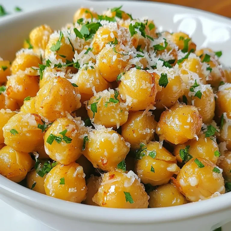 - 2 cans (15 oz each) chickpeas, drained and rinsed - 2 tablespoons olive oil - 3 cloves garlic, minced - 1/2 cup grated Parmesan cheese - 1 teaspoon paprika - 1/2 teaspoon salt - 1/4 teaspoon black pepper - 1/2 teaspoon Italian seasoning - Fresh parsley, chopped (for garnish) You can replace chickpeas with canned white beans if needed. For olive oil, use any cooking oil like avocado oil. If you want a vegan option, skip the Parmesan or use a vegan cheese. You can swap garlic for garlic powder, but fresh garlic gives better flavor. For paprika, smoked paprika adds a nice twist. If you don't have Italian seasoning, use a mix of dried oregano and basil. Chickpeas are packed with protein and fiber. They help keep you full longer. They also provide important vitamins and minerals, like iron and magnesium. Eating chickpeas can support heart health and aid digestion. Plus, they are low in calories, making them a great snack option. {{ingredient_image_1}} First, gather your ingredients. You’ll need chickpeas, olive oil, garlic, and spices. Preheat your oven to 400°F (200°C). This heat is perfect for making them crispy. Line a baking sheet with parchment paper. This helps with easy cleanup. Next, drain and rinse the chickpeas. This removes extra sodium and helps with flavor. After rinsing, dry the chickpeas well using a clean kitchen towel. Getting them dry is key for crispiness. In a large bowl, mix olive oil, minced garlic, paprika, salt, black pepper, and Italian seasoning. Stir until well blended. Then, add the dried chickpeas. Toss them until they are fully coated in the oil and spices. This step gives them great flavor. Place the coated chickpeas in a single layer on the baking sheet. This allows even cooking. Roast them in the preheated oven for 25-30 minutes. Make sure to stir halfway through to ensure they roast evenly. While roasting, keep an eye on them. You want them golden brown and crunchy. In the last five minutes, take the baking sheet out. Sprinkle grated Parmesan cheese over the chickpeas. This creates a delicious cheesy crust as it melts. Once they finish roasting, take them out of the oven. Let the chickpeas cool for a few minutes. They will become even crispier as they cool down. Before serving, garnish with fresh chopped parsley for color and flavor. Serve the crispy chickpeas in a stylish bowl. You can add a sprinkle of extra Parmesan on top. Enjoy them as a tasty snack or a crunchy salad topping! To get your chickpeas perfectly crispy, start by drying them well. After rinsing the chickpeas, use a clean kitchen towel or paper towels to remove all moisture. Any water left will make them soggy. Spread them on a baking sheet in a single layer. This helps them roast evenly. Keep an eye on them while they cook. Stir halfway to ensure they brown nicely. If they look golden after 25-30 minutes, they are ready! You can change the flavor of your chickpeas easily. Try adding a pinch of cayenne pepper for heat or a sprinkle of smoked paprika for a smoky taste. You can also mix in some cumin or curry powder for a warm flavor. For a fresh twist, add lemon zest or a splash of lemon juice right before serving. Don’t be shy to experiment! Each flavor brings a new twist to your crispy snack. You don’t need fancy gear to make these chickpeas. A good baking sheet is key. Use parchment paper to prevent sticking. A mixing bowl is needed for combining the ingredients. A spatula or wooden spoon works well for tossing the chickpeas. If you have an oven thermometer, use it to ensure your oven is at the right temperature. These simple tools will help you create a tasty treat with ease. Pro Tips Dry Chickpeas Thoroughly: Ensuring that the chickpeas are completely dry before roasting will help them achieve maximum crispiness. Adjust Seasonings to Taste: Feel free to customize the spice mix to suit your personal taste preferences. Try adding cayenne for heat or lemon zest for brightness! Store Properly: Keep leftover crispy chickpeas in an airtight container at room temperature to maintain their crunchiness for several days. Use Fresh Parmesan: For the best flavor, use freshly grated Parmesan cheese instead of pre-packaged to enhance the overall taste of the dish. {{image_2}} To add some heat, try spicy garlic Parmesan chickpeas. Just mix in 1 teaspoon of cayenne pepper or chili powder with the oil and spices. This gives your snack a nice kick. You can adjust the spice level to suit your taste. More spice means more fun! For a fresh flavor twist, use herbs. You can add 1 tablespoon of dried herbs like rosemary or thyme. Place them with the garlic in the oil mix. This adds depth to your chickpeas and makes them fragrant. You can even try fresh herbs like basil or dill after roasting for a bright finish. If you want a vegan option, skip the Parmesan. Use a vegan cheese sprinkle or nutritional yeast. Nutritional yeast gives a cheesy flavor without the dairy. Simply sprinkle it on during the last few minutes of roasting. This keeps your chickpeas tasty while being plant-based! To store leftover chickpeas, let them cool completely. Transfer them to an airtight container. Store them in the fridge for up to three days. This keeps them fresh and ready for snacking. You can also place a paper towel inside to absorb moisture. This helps maintain their crunch. To reheat chickpeas and keep them crispy, use an oven or an air fryer. Preheat your oven to 375°F (190°C). Spread the chickpeas on a baking sheet. Heat for about 10-15 minutes until they are warm and crispy again. If using an air fryer, set it to 350°F (175°C) and heat for 5-7 minutes. Avoid using a microwave, as it makes them soggy. Crispy garlic Parmesan chickpeas are best enjoyed fresh. If you want to freeze them, place cooled chickpeas in a freezer-safe bag. They can last up to three months. When ready to eat, bake from frozen at 400°F (200°C) until crispy. This way, you can enjoy them later without losing their flavor and crunch. Yes, you can use dried chickpeas. However, they need more time to prepare. Start by soaking them overnight. After soaking, boil them until tender. This may take one to two hours. Once cooked, drain and rinse them. You can then follow the same steps for roasting. Chickpeas are done when they are golden brown and crispy. They should feel firm to the touch. I recommend stirring them halfway through roasting. This helps them cook evenly. After 25-30 minutes, check for a nice crunch. Let them cool for a few minutes; they will crisp up more. These chickpeas are great on their own or with dips. Try pairing them with hummus or a yogurt dip. They also add a nice crunch to salads. Serve them as a snack for movie night or with drinks. You can even sprinkle them on soups for extra texture. In this post, we covered how to make roasted chickpeas. We started with the key ingredients and explored healthy substitutions. You learned step-by-step instructions for roasting, along with tips for perfect results. We shared fun flavor variations and how to store leftovers. Roasted chickpeas are tasty, healthy snacks. They’re easy to make at home. Try different spices and enjoy! Your cooking will shine with these simple tips. Happy roasting!