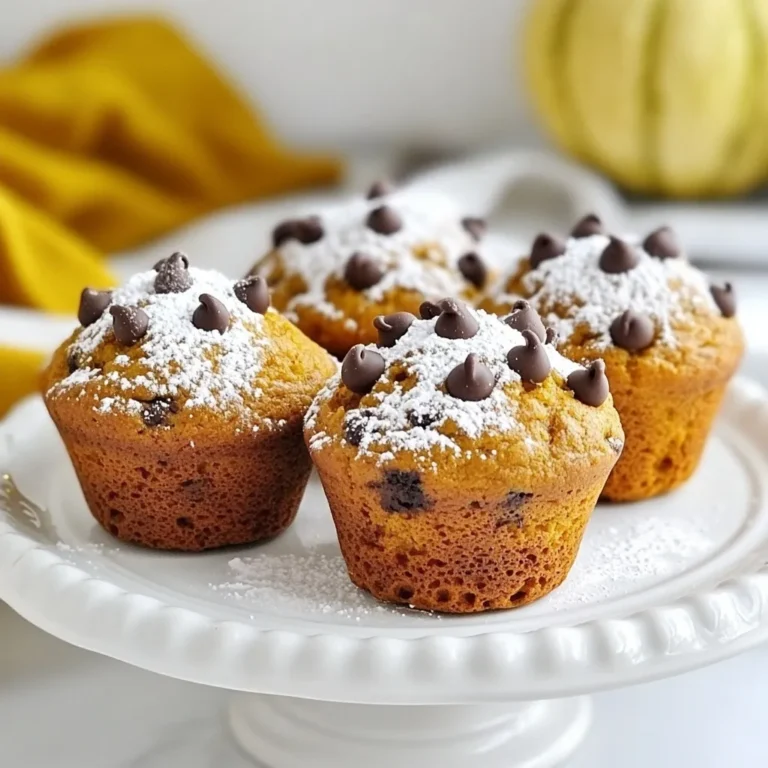 To make these tasty chocolate chip pumpkin muffins, you need the right ingredients. Here’s a complete list: - 1 cup canned pumpkin puree - 1 cup all-purpose flour - 1/2 cup brown sugar - 1/4 cup granulated sugar - 1/2 cup vegetable oil - 2 large eggs - 1 teaspoon vanilla extract - 1 teaspoon baking powder - 1/2 teaspoon baking soda - 1/2 teaspoon ground cinnamon - 1/4 teaspoon ground nutmeg - 1/4 teaspoon salt - 1 cup semi-sweet chocolate chips Using canned pumpkin puree saves time. It gives a rich, smooth texture. The mix of brown and granulated sugar adds depth to the flavor. Vegetable oil keeps muffins moist. Eggs help bind everything together. Vanilla extract gives a warm flavor. Baking powder and baking soda help the muffins rise. Spices like cinnamon and nutmeg bring warmth. The salt balances the sweetness. Finally, semi-sweet chocolate chips make every bite a delight. Gather these ingredients, and you're ready to bake! {{ingredient_image_1}} First, preheat your oven to 350°F (175°C). This step is key for even baking. While the oven warms up, prepare your muffin tin. You can line it with paper liners or grease it lightly. This helps the muffins release easily after baking. In a large bowl, combine 1 cup of pumpkin puree, 1/2 cup of brown sugar, and 1/4 cup of granulated sugar. Then add 1/2 cup of vegetable oil. Mix this until it is smooth and creamy. Next, crack in 2 large eggs and pour in 1 teaspoon of vanilla extract. Whisk these until fully blended. In another bowl, whisk together 1 cup of all-purpose flour, 1 teaspoon of baking powder, 1/2 teaspoon of baking soda, 1 teaspoon of ground cinnamon, 1/4 teaspoon of ground nutmeg, and 1/4 teaspoon of salt. Mixing these dry ingredients well ensures the spices and leavening agents are evenly distributed. Now, gradually add the dry mix to the pumpkin mixture. Stir until just combined. Be careful not to overmix; this keeps your muffins light and fluffy. After that, gently fold in 1 cup of semi-sweet chocolate chips. Make sure they are evenly mixed into the batter for a chocolatey bite in every muffin. Scoop the batter into your muffin tin, filling each cup about 2/3 full. Place the tin in the oven and bake for 18-20 minutes. To check for doneness, insert a toothpick into the center of a muffin. If it comes out clean, your muffins are ready. Let them cool in the tin for 5 minutes, then transfer them to a wire rack. Enjoy your warm muffins! To get the perfect muffin, avoid overmixing. When you mix the wet and dry ingredients, only stir until they just come together. Overmixing makes muffins tough. You want them soft and fluffy. Ensure you bake them for the right amount of time. Check them at 18 minutes. A toothpick should come out clean from the center. If it’s still wet, bake for another minute or two. For a lovely presentation, dust the muffins with powdered sugar. This adds a nice touch. You can also serve them with whipped cream. It makes a great treat for breakfast or dessert. Use a good muffin tin for even baking. Silicone or non-stick pans work well. A whisk is handy for mixing. A spatula helps fold in the chocolate chips gently. Don’t forget paper liners for easy cleanup! Pro Tips Store Pumpkin Puree: Keep any leftover pumpkin puree in an airtight container in the refrigerator for up to a week, or freeze it for later use in other recipes. Chocolate Chip Variations: Try using dark chocolate or white chocolate chips for a different flavor profile that pairs well with pumpkin. Moist Muffins: For extra moisture, consider adding a tablespoon of sour cream or yogurt to the batter. Even Baking: Rotate the muffin tin halfway through baking to ensure even browning and cooking of all the muffins. {{image_2}} You can make your muffins even better by adding nuts or dried fruits. Walnuts or pecans give a nice crunch. Dried cranberries or raisins add sweetness and chewiness. Mix in about 1/2 cup of your choice. Just fold them into the batter with the chocolate chips. If you need gluten-free muffins, swap the all-purpose flour for a gluten-free blend. You can use almond or coconut flour too. For a vegan version, replace eggs with flaxseed or applesauce. Use a plant-based oil and dairy-free chocolate chips. These changes keep the taste great while fitting your diet. You can change the spices to match the seasons. In fall, add more cinnamon or ginger for warmth. During winter, try nutmeg or allspice for a cozy flavor. In spring or summer, consider adding citrus zest like lemon or orange. This adds freshness and brightens the muffins! To keep your muffins fresh, store them in an airtight container. You can use a large zip-top bag or a plastic container with a lid. Place the muffins at room temperature for up to three days. If you want to keep them longer, consider refrigerating them. Just remember, the fridge can dry them out a bit. You can also wrap each muffin in plastic wrap for better freshness. Freezing your muffins is a great way to enjoy them later. First, let the muffins cool completely. Then, wrap each muffin in plastic wrap. After that, place them in a zip-top bag or a container. They can last up to three months in the freezer. When you're ready to eat them, take a muffin out and let it thaw at room temperature. You can also microwave it for about 20 seconds to warm it up. When stored properly, these muffins last about three days at room temperature. In the fridge, they can last up to a week. If you freeze them, enjoy them within three months for the best taste. Always check for any signs of spoilage before eating. This helps you enjoy every bite of your tasty chocolate chip pumpkin muffins. Yes, you can use fresh pumpkin. First, cook the pumpkin until soft, then mash it. You should use about 1 cup of fresh pumpkin. Fresh pumpkin may have more moisture, so you might need to adjust the flour. Start with 1 cup and add more if needed to keep the batter thick. If you want to make this recipe vegan, there are great options. You can use 1/4 cup of unsweetened applesauce for each egg. Flaxseed meal is another choice. Mix 1 tablespoon of flaxseed with 2.5 tablespoons of water. Let it sit for 5 minutes to thicken. This will help bind the muffins without eggs. To check if your muffins are done, insert a toothpick into the center. If it comes out clean or with a few crumbs, they are ready. You can also look for a golden-brown top. The muffins should spring back when lightly pressed. Yes, you can easily make mini muffins! Just fill each mini muffin cup about halfway. Bake them for about 12-15 minutes. Check for doneness with a toothpick as mentioned earlier. Mini muffins are great for snacks or parties! This blog post outlined a simple recipe for delicious pumpkin chocolate chip muffins. We covered key ingredients, step-by-step baking instructions, and tips for texture. Variations and storage tips ensure you can customize and keep your muffins fresh. Whether adding nuts or opting for gluten-free versions, there’s a fit for everyone. Enjoy baking these easy treats, and explore the flavors that resonate with you. Remember, baking is about fun and creativity—so get started and enjoy every bite!