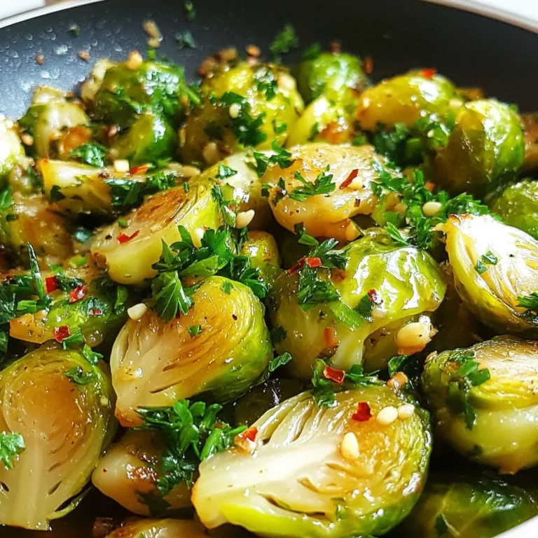 - 1 lb Brussels sprouts, halved - 3 tablespoons honey - 2 tablespoons olive oil - 4 cloves garlic, minced - 1 tablespoon balsamic vinegar - Salt and pepper to taste - 1/4 teaspoon red pepper flakes (optional) - Fresh parsley, chopped (for garnish) Each ingredient in this dish plays a key role. The Brussels sprouts are the star here, bringing a hearty texture. When you cut them in half, they cook evenly and soak up flavors well. Honey adds a sweet touch that balances the sprouts' natural bitterness. Garlic gives a strong, savory taste. I like to use fresh garlic for that punch. Olive oil helps the sprouts brown nicely and adds healthy fats. Balsamic vinegar brings acidity, which brightens the dish. Salt and pepper are essential. They season the sprouts and enhance all the flavors. If you want heat, the red pepper flakes are optional but recommended. They give a nice kick without overpowering. Finally, fresh parsley adds color and freshness. It makes the dish look beautiful. All these ingredients together create a symphony of flavor. You get sweet, savory, tangy, and a bit of heat in every bite. {{ingredient_image_1}} 1. Heat two tablespoons of olive oil in a large skillet over medium heat. This will help cook the sprouts evenly. 2. Add one pound of halved Brussels sprouts, cut-side down. Season them with salt and pepper for flavor. 3. Cook the Brussels sprouts for about five to seven minutes. Look for a golden brown color on the cut side. This step brings out natural sweetness. 4. Stir the Brussels sprouts gently. This ensures even cooking. Reduce the heat to low after stirring. 5. In a small bowl, mix together three tablespoons of honey, four minced garlic cloves, one tablespoon of balsamic vinegar, and optional red pepper flakes. This creates a tasty sauce. 1. Pour the honey garlic mixture over the Brussels sprouts in the skillet. Toss to coat the sprouts well. This helps flavor every bite. 2. Cook for an additional five minutes. Stir occasionally to keep the sauce from burning. You want the sprouts to be tender and the sauce to thicken. 1. Garnish the dish with fresh chopped parsley. This adds color and freshness. 2. Pair your honey garlic Brussels sprouts with roasted chicken or grilled fish. They also go well with rice or quinoa for a complete meal. To make the best honey garlic Brussels sprouts, start by ensuring even cooking. Place the sprouts cut-side down in the skillet. This helps them brown nicely. After a few minutes, stir them gently. This allows all sides to cook well. You may want to adjust the sweetness and spice levels. If you like it sweeter, add more honey. For extra heat, increase the red pepper flakes. Taste the sauce before adding it to the sprouts. This lets you find your perfect balance. When cooking, choose the right skillet. A large, non-stick skillet works best. It helps prevent sticking and makes cleanup easy. A cast-iron skillet can also give great results. You’ll need some essential utensils too. Keep a sharp knife handy for halving the Brussels sprouts. A whisk is great for mixing the sauce. Have a spatula ready for tossing those sprouts. One common mistake is overcooking the Brussels sprouts. They should be tender but still crisp. Keep an eye on the cooking time to avoid mushy sprouts. Also, be careful with sauce ratios. Too much honey can make it overly sweet. If the sauce is too thin, it won't coat the sprouts well. Always taste and adjust as needed for the best flavor. Pro Tips Perfectly Browned Sprouts: Make sure to place the Brussels sprouts cut-side down in the skillet to achieve a beautifully caramelized surface, enhancing their flavor. Honey Alternatives: If you’re looking for a healthier option, consider using maple syrup or agave nectar in place of honey for a different flavor profile. Custom Spice Mix: Feel free to customize the spice level by adjusting the amount of red pepper flakes or adding your favorite spices for a unique twist. Serving Suggestions: These honey garlic Brussels sprouts make an excellent side dish for roasted meats or can be served over a bed of quinoa for a hearty vegetarian meal. {{image_2}} You can switch honey for maple syrup or agave. These keep the sweetness but change the flavor. Adding other veggies can add fun. Try carrots, bell peppers, or even sweet potatoes. You can also toss in proteins like chicken or tofu. This adds heartiness to your dish. For a vegan option, swap honey with maple syrup or brown rice syrup. Both offer a nice sweetness. If you want gluten-free, this recipe is already safe. Just check your balsamic vinegar to ensure it contains no gluten. Herbs and spices can boost your dish. Try adding thyme or rosemary for an earthy taste. A little ginger can add a nice zing, too. To make it crunchy, toss in some nuts like almonds or walnuts. Seeds like pumpkin or sunflower can also add great texture. To keep your honey garlic Brussels sprouts fresh, store them in an airtight container. This helps lock in moisture and flavor. Place the sprouts in the fridge within two hours of cooking. They stay fresh for up to three days. If you want to freeze them, let them cool first. Then, spread the sprouts on a baking sheet to freeze them flat. Once frozen, transfer them to a freezer-safe bag. This way, they won’t stick together. You can freeze them for up to three months. When it's time to eat your leftovers, reheat them in a skillet. Heat it over medium-low heat. Add a splash of olive oil to prevent sticking. Cook for about five minutes, stirring gently. This method keeps the flavors intact. To restore the crispiness, try broiling them in the oven. Place the sprouts on a baking sheet and broil for two to three minutes. Watch closely to avoid burning. This gives them a nice crunch. In the fridge, your honey garlic Brussels sprouts last for three days. After that, check for signs of spoilage. Look for a sour smell or a slimy texture. If you see any mold, toss them out. Storing them correctly can help you enjoy this tasty dish longer. With these tips, you prevent waste and savor every bite. How to make Brussels sprouts crispy? To make Brussels sprouts crispy, start by cutting them in half. Heat olive oil in your skillet before adding the sprouts cut-side down. Cook them without stirring for a few minutes to get a nice golden color. This helps create a crispy texture. Finally, don't overcrowd the pan; give them space to brown. Can I use frozen Brussels sprouts? Yes, you can use frozen Brussels sprouts. However, they may not get as crispy as fresh ones. Thaw them first and pat them dry. This helps to remove excess water, which can prevent crispiness when cooking. What can I serve with honey garlic Brussels sprouts? Honey garlic Brussels sprouts pair well with many dishes. Try serving them with grilled chicken, salmon, or steak. They also work as a side for rice or quinoa dishes. Add a light salad for freshness, and you have a complete meal. Can I omit the balsamic vinegar? You can omit balsamic vinegar, but it adds flavor depth. If you skip it, consider adding a splash of lemon juice or a bit more honey for balance. This will keep the taste bright and flavorful. Is this dish suitable for meal prep? Yes, this dish is great for meal prep. You can cook a large batch and store it in the fridge. Just keep it in an airtight container. Reheat in the skillet to bring back some crispiness before serving. How many calories are in honey garlic Brussels sprouts? Honey garlic Brussels sprouts contain about 150 calories per serving. This can vary based on the amount of olive oil and honey you use. Always check the exact ingredients for precise counts. Are Brussels sprouts healthy? Yes, Brussels sprouts are very healthy. They are rich in vitamins C and K. They also have fiber, which is good for digestion. Eating them can help support your immune system and overall health. In this blog post, I shared a tasty honey garlic Brussels sprouts recipe. You learned about the ingredients, preparation steps, and cooking methods. We covered tips for perfecting the dish and explored variations. Storing and reheating leftovers were also discussed for convenience. Keep experimenting with different flavors and tweaks. Don’t hesitate to adjust recipes to suit your taste. With practice, you’ll master these sprouts and impress your friends and family. Enjoy your cooking journey!