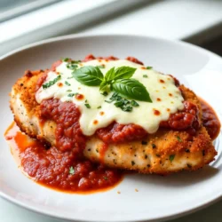 To make Air Fryer Chicken Parmesan, you will need: - 2 boneless, skinless chicken breasts - 1 cup breadcrumbs (preferably whole wheat) - ½ cup grated Parmesan cheese - 1 teaspoon Italian seasoning - ½ teaspoon garlic powder - Salt and pepper to taste - 1 large egg - 1 cup marinara sauce (store-bought or homemade) - 1 cup shredded mozzarella cheese - Fresh basil leaves for garnish (optional) If you want to switch things up, here are some great alternatives: - Use panko breadcrumbs for extra crunch. - Swap grated Parmesan with pecorino Romano for a sharper taste. - Try fresh herbs, like oregano or thyme, instead of Italian seasoning. - Use egg whites instead of a whole egg for a lighter option. - Choose low-sodium marinara sauce if you want less salt. This recipe serves 2 people. Here is the basic nutritional breakdown per serving: - Calories: Approximately 450 - Protein: 40g - Carbohydrates: 30g - Fat: 20g - Fiber: 3g This dish packs a protein punch while keeping carbs moderate. You can enjoy a delicious meal that doesn't skimp on flavor or nutrition. {{ingredient_image_1}} Start with two boneless, skinless chicken breasts. Use a meat mallet or a rolling pin to flatten them. Aim for about one inch thick. This step helps the chicken cook evenly. Next, season both sides with salt and pepper. This adds flavor to the meat. You need two shallow bowls for breading. In the first bowl, beat one large egg. This egg will help the crumbs stick. In the second bowl, mix one cup of breadcrumbs, half a cup of grated Parmesan cheese, one teaspoon of Italian seasoning, and half a teaspoon of garlic powder. This mix gives the chicken a tasty crust. Preheat your air fryer to 375°F (190°C) for about five minutes. Spray the basket lightly with cooking spray. Now, dip each chicken breast in the egg first. Make sure it gets fully coated. Then, place it in the breadcrumb mix. Press gently to stick the crumbs well. Place the breaded chicken in a single layer in the air fryer basket. Cook for ten minutes, turning them halfway through. After ten minutes, take out the basket. Spoon about a quarter cup of marinara sauce on each piece. Top with shredded mozzarella cheese. Return the basket to the air fryer. Cook for another five to seven minutes. You want the cheese to melt and bubble. Finally, take the chicken out and let it rest for a few minutes. Enjoy your delicious Air Fryer Chicken Parmesan! To get that perfect crispy coating, start with dry chicken. Pat the chicken breasts with paper towels. This helps the breading stick better. Use whole wheat breadcrumbs for extra crunch. Mix them with Parmesan cheese, Italian seasoning, and garlic powder. This gives the coating great flavor. When breading, press the crumbs firmly onto the chicken. This seals in the taste. One common mistake is not preheating the air fryer. Preheating helps the chicken cook evenly. Another mistake is overcrowding the basket. Place the chicken in a single layer. This allows hot air to circulate. Lastly, don't skip the resting time. Let the chicken sit for a few minutes after cooking. This keeps it juicy inside. For marinara sauce, a store-bought brand is easy and quick. Look for low-sugar options if you want a healthier choice. Homemade marinara is great too. It adds a personal touch. For cheese, mozzarella is a classic choice. You can also try provolone or fontina for a unique taste. Mixing cheeses can add depth to the flavor. Don't forget fresh basil for a pop of color and taste! Pro Tips Even Thickness: Ensure the chicken breasts are flattened to an even thickness for uniform cooking and to prevent dryness. Breadcrumb Tips: Use panko breadcrumbs for an extra crispy texture or add herbs to the breadcrumb mixture for enhanced flavor. Resting Time: Let the chicken rest for a couple of minutes after cooking to allow the juices to redistribute for a juicier bite. Cheese Variation: Experiment with different cheese types like provolone or a mix of cheeses for a unique flavor profile. {{image_2}} You can switch up the cheese in this dish. If you love a strong flavor, try using aged provolone. It melts well and adds a nice kick. Gouda is another great choice. It has a rich, creamy taste. For a lighter option, use part-skim mozzarella. This cheese still melts nicely but has less fat. Don’t be afraid to add veggies. Sliced mushrooms or spinach work well. You can also try bell peppers or zucchini. These toppings bring color and extra nutrients. For a bit of crunch, add some sliced olives or artichokes. They will enhance the flavor and make your meal more exciting. If you want a low-carb meal, skip the breadcrumbs. Instead, coat the chicken with crushed almonds or pork rinds. Both give a nice crunch without extra carbs. For gluten-free options, use gluten-free breadcrumbs. They work just like regular ones. You can even use ground oats if you prefer. This keeps your dish tasty and friendly for different diets. After enjoying your Air Fryer Chicken Parmesan, let leftovers cool. Place them in an airtight container. Store in the fridge for up to three days. This keeps the chicken juicy and flavors intact. When you want to reheat your chicken, use the air fryer. Set it to 350°F (175°C). Heat for about 5-7 minutes. This method keeps the coating crispy. You can also use the oven if you prefer. Just cover the chicken with foil to prevent drying. If you need to freeze your chicken, wrap each piece tightly in plastic wrap. Then place them in a freezer bag. Label the bag with the date. You can freeze for up to three months. To thaw, move the chicken to the fridge overnight before reheating. This keeps it tender and flavorful. You should cook chicken breasts in the air fryer for about 10 minutes. Flip the chicken halfway through cooking. After that, add marinara sauce and cheese. Cook for an extra 5-7 minutes. The total time is around 15-17 minutes. This gives you juicy chicken with melted cheese. Yes, you can use frozen chicken breasts. Just increase the cooking time by 5-10 minutes. Make sure the chicken reaches 165°F (74°C) inside. Check with a meat thermometer. Thawing the chicken first gives better results but using frozen works too. You can serve Air Fryer Chicken Parmesan with pasta or a fresh salad. Garlic bread also pairs well. For a healthy side, try steamed veggies or roasted zucchini. These options make a great meal with the chicken. Enjoy the mix of flavors and textures! This blog post walked you through making Air Fryer Chicken Parmesan. You learned about the ingredients needed and their alternatives. I gave you step-by-step cooking instructions and tips to get a crispy finish. We explored tasty variations and how to store your leftovers properly. Try these tips and enjoy your meal! Cooking can be fun and simple. Happy cooking!