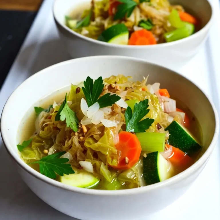 To make Cabbage Detox Soup, you need fresh and simple ingredients. Here’s what you will need: - 1 medium green cabbage, chopped - 1 large onion, diced - 3 cloves garlic, minced - 2 medium carrots, diced - 2 stalks celery, diced - 1 large zucchini, diced - 1 can (14 oz) diced tomatoes, no salt added - 6 cups low-sodium vegetable broth - 1 teaspoon dried oregano - 1 teaspoon dried thyme - 1 tablespoon olive oil - Salt and pepper to taste - Fresh parsley for garnish Each of these ingredients plays a vital role in making the soup tasty and healthy. Beyond the main ingredients, you can add a few extra touches. Consider these options: - A pinch of red pepper flakes for heat - A squeeze of lemon for brightness - Chopped green onions for extra flavor - Croutons for added crunch These seasonings and garnishes can enhance the soup's flavor and add your personal touch. Each ingredient in Cabbage Detox Soup offers unique health benefits: - Cabbage: Rich in vitamins C and K, it supports immune health and digestion. - Onion: Contains antioxidants that may help reduce heart disease risk. - Garlic: Known for its anti-inflammatory properties and immune support. - Carrots: High in beta-carotene, great for eye health. - Celery: Low in calories and high in fiber, aiding digestion. - Zucchini: Hydrating and low-calorie, it adds bulk to the soup. - Diced Tomatoes: Packed with vitamins and lycopene, good for heart health. - Vegetable Broth: Provides flavor without added calories or sodium. - Dried Oregano and Thyme: Both are rich in antioxidants. - Olive Oil: Contains healthy fats that support heart health. - Parsley: Adds vitamins A, C, and K, and fresh flavor. This soup is not just delicious; it offers many health benefits too! {{ingredient_image_1}} Start by gathering all your ingredients. This makes cooking easier and faster. Chop one medium green cabbage into small pieces. Dice one large onion and mince three cloves of garlic. Slice two medium carrots and two stalks of celery. Finally, chop one large zucchini. Heat one tablespoon of olive oil in a large pot over medium heat. Add the diced onion and minced garlic. Sauté them for about three to four minutes. The onion should turn soft and clear. Next, add the carrots and celery. Cook these for five more minutes until they soften. Now, stir in the chopped cabbage and diced zucchini. Let them cook for about five minutes. Stir occasionally to mix the flavors. After that, add one can of diced tomatoes, six cups of low-sodium vegetable broth, one teaspoon of dried oregano, and one teaspoon of dried thyme. Mix all the ingredients well. Bring the soup to a boil. Once boiling, reduce the heat and let it simmer for 25 to 30 minutes. This helps the flavors blend and the veggies soften. Season with salt and pepper to taste. Adjust spices as you like. To boost flavor, use fresh herbs if you can. They taste better than dried ones. Always taste the soup before serving. This allows you to adjust the seasonings to your liking. For a nice touch, garnish each bowl with fresh parsley. You can also add a lemon wedge for a bright kick! To enhance the flavor of your cabbage detox soup, try these simple tips: - Use fresh herbs: Fresh parsley brightens the soup. You can add basil or dill for more flavor. - Add spice: A pinch of red pepper flakes adds warmth. You can also use a dash of hot sauce. - Citrus zest: Grate a little lemon or lime zest before serving. It adds a fresh, zesty kick. - Cook longer: Let the soup simmer longer for deeper flavors. Just keep an eye on the veggies. Avoid these common mistakes to make your soup perfect: - Skipping the sauté step: Sautéing the onion and garlic builds a rich base. Don’t rush through this step. - Not seasoning early: Add salt and pepper during cooking. This helps the flavors develop well. - Overcooking the cabbage: Cook just until tender. You want it soft but not mushy. - Using low-quality broth: A good broth makes a big difference. Choose low-sodium for a healthier option. Serve your cabbage detox soup with these tasty sides: - Whole grain bread: A slice of whole grain bread adds fiber and texture. - Salad: A simple side salad with greens and vinaigrette goes well. It adds a fresh crunch. - Grilled chicken: For a protein boost, pair it with grilled chicken. It complements the soup nicely. - Quinoa: Serve with quinoa for extra protein and a nutty flavor. It makes the meal more filling. Pro Tips Chop Uniformly: Ensure all vegetables are chopped to similar sizes for even cooking and a consistent texture throughout the soup. Enhance Flavor: For a deeper flavor, consider roasting the garlic and onions before adding them to the pot. This adds a caramelized richness. Fresh Herbs: Add fresh herbs like basil or dill at the end of cooking for an aromatic lift. They can brighten the flavor profile significantly. Batch Cooking: This soup freezes well! Make a large batch and freeze leftovers in portions for a quick, healthy meal later. {{image_2}} You can easily change the Cabbage Detox Soup to fit your diet. If you want more protein, add beans or lentils. Both options boost fiber and keep you full. You can switch the green cabbage for red cabbage if you like a different taste. Red cabbage has a bit more crunch and color. If you follow a low-carb diet, leave out the carrots and zucchini. Instead, add cauliflower or broccoli. These veggies are low in carbs but high in nutrients. You can also add spinach or kale for extra greens. They give a nice color and boost the vitamins. If you want to lose weight, this soup can help. You can make it lighter by using less oil. Try sautéing the onions and garlic in water instead. This way, you cut down on calories but keep the flavor. To make it more filling, add whole grains like quinoa or brown rice. These grains give you energy and keep you satisfied longer. Just make sure to adjust the broth a bit if you add grains. This soup is already vegan-friendly, but you can make it even better. Choose vegetable broth that is low in sodium and gluten-free. Most brands offer this option. If you want to add a creamy texture, blend part of the soup after cooking. This makes it smooth without dairy. You can also top it with avocado slices for creaminess. By using these tips, you can create a version of Cabbage Detox Soup that fits your needs. Enjoy the process and feel great about what you eat! After enjoying your Cabbage Detox Soup, store leftovers in an airtight container. Let the soup cool to room temperature before sealing. This helps keep it fresh and prevents bacteria. Place the container in the fridge. Make sure to eat the leftovers within three to four days for the best taste and safety. You can freeze Cabbage Detox Soup if you have extra. Pour the cooled soup into freezer-safe containers. Leave some space at the top to allow for expansion as it freezes. Seal tightly and label them with the date. The soup can last up to three months in the freezer. To thaw, place it in the fridge overnight or use the microwave. Cabbage Detox Soup lasts about three to four days in the fridge. If frozen, it stays good for up to three months. Always check for signs of spoilage before eating. If the soup looks strange or smells off, it's better to toss it. Enjoy your healthy meal without worry! Cabbage is a powerhouse for detox. It has lots of fiber, which helps your gut. Fiber helps push out waste. Cabbage also contains antioxidants. Antioxidants fight free radicals in your body. These free radicals can cause damage over time. Eating cabbage can support your liver too. The liver plays a big role in detoxifying your body. Plus, cabbage is low in calories. This makes it great for anyone watching their weight. Yes, you can add other veggies! This soup is very flexible. You might try adding spinach or kale. Both are great for health and taste. You could also add bell peppers for sweetness. If you like heat, try adding jalapeños. Just chop them small so they cook well. Feel free to mix and match. Your soup can be unique to your taste! You can enjoy this soup regularly! Eating it 2-3 times a week can help. It’s a great way to add veggies to your diet. If you want to cleanse, you can eat it for a week. Just make sure to balance with other foods. Pair it with some protein and whole grains. This will keep you full and happy. In this post, we explored the benefits and steps to make Cabbage Detox Soup. We looked at the key ingredients, cooking methods, and ways to boost flavor. You learned how to avoid common mistakes and how to make it fit any diet. Remember, this soup can support detox and weight loss. Try different veggies or seasonings to keep it fresh. Enjoy the tasty journey to better health with each bowl!