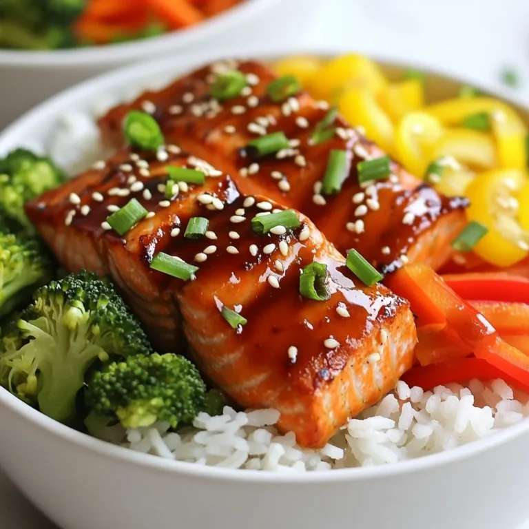For a tasty Teriyaki Salmon Bowl, you need: - 2 salmon fillets - 1 cup cooked jasmine rice - 1 cup broccoli florets - 1 red bell pepper, thinly sliced - 1 carrot, julienned - 2 green onions, finely chopped - 1 tablespoon sesame seeds - 2 tablespoons olive oil - Salt and pepper to taste These ingredients create a colorful and healthy dish. The salmon offers rich flavor, while the veggies add crunch and color. You will need a few simple items for the teriyaki sauce: - ¼ cup soy sauce - 2 tablespoons honey - 1 tablespoon rice vinegar - 1 teaspoon grated ginger - 1 garlic clove, minced - 1 teaspoon cornstarch mixed with 1 tablespoon water (for thickening) This sauce gives the dish its signature sweet and savory taste. To finish your bowls, consider these garnishes: - Sesame seeds - Chopped green onions These add a nice touch and extra flavor. You can also try adding sliced avocado or pickled ginger for a twist. {{ingredient_image_1}} To make teriyaki sauce, gather your ingredients first. In a small saucepan, mix the soy sauce, honey, rice vinegar, grated ginger, and minced garlic. Heat it over medium heat until it starts to simmer. This brings out the flavors. Then, add the cornstarch mixture to thicken the sauce. Stir it constantly for about 1-2 minutes. When it thickens, remove it from heat and set it aside. Next, cook the salmon. Preheat a non-stick skillet over medium-high heat. Add 1 tablespoon of olive oil. Season your salmon fillets with salt and pepper. Place them skin-side down in the skillet. Cook for about 4-5 minutes. This gives a nice sear. Flip the fillets over and spoon some teriyaki sauce on top. Cook for another 3-4 minutes. The salmon is done when it flakes easily with a fork. Remove it from heat and let it rest. Now, let’s sauté the vegetables. In the same skillet, add another tablespoon of olive oil if needed. Toss in the broccoli, bell pepper, and carrot. Sauté for about 2-3 minutes. You want them tender yet crisp. Lightly season with salt and pepper to enhance the flavor. Finally, it’s time to assemble your bowls. Start with a scoop of jasmine rice as the base. Top it with the sautéed vegetables and the teriyaki salmon. Drizzle more teriyaki sauce on top if you like. For the finishing touch, sprinkle sesame seeds and chopped green onions over the bowls. This adds flavor and a nice crunch. Enjoy your delicious teriyaki salmon bowls! To cook salmon well, I recommend using a non-stick skillet. This method gives you a nice sear. Preheat the skillet over medium-high heat. Add olive oil and let it heat. Place the salmon skin-side down first. Cook for about 4-5 minutes without moving it. This keeps the skin crispy. Then flip the salmon and spoon teriyaki sauce on top. Cook for another 3-4 minutes until it flakes easily. Fresh salmon is key for great flavor. Look for fillets with bright color and no brown spots. The flesh should feel firm and springy. For vegetables, choose vibrant broccoli, crisp bell peppers, and fresh carrots. All should be free from blemishes. Fresh ingredients make your teriyaki salmon bowls pop. Marinating your salmon can boost flavor. The teriyaki sauce is perfect for this. Let it marinate for 30 minutes before cooking. This allows the salmon to soak up the sweet and savory taste. If you want, you can try other marinades like lemon or garlic for a twist. Pro Tips Fresh Salmon is Key: Always opt for fresh salmon fillets when possible for the best flavor and texture. Frozen salmon can work, but fresh will elevate your dish significantly. Customize Your Vegetables: Feel free to swap in any vegetables you enjoy or have on hand. Snap peas, bell peppers, or zucchini work great for added color and nutrients. Let the Sauce Cool: Allow your teriyaki sauce to cool for a minute before serving over the salmon. This helps the sauce thicken and enhances its flavor. Perfect Rice Every Time: Rinse your jasmine rice before cooking to remove excess starch, resulting in fluffier rice that doesn’t stick together. {{image_2}} You can easily switch out salmon. Try chicken, tofu, or shrimp. Each protein brings its own taste. For chicken, use boneless thighs or breasts. Cook the same way as salmon. Tofu works well too. Just press it to remove extra water and cut it into cubes. For shrimp, peel them first and sauté until they turn pink. This keeps the dish fun and fresh. Feel free to mix in your favorite veggies. Snap peas, zucchini, or bell peppers add color and crunch. You can also try bok choy or asparagus if you like. Just make sure to cut them into small pieces. This helps them cook evenly and quickly. You can sauté them like the broccoli and carrots. This way, you can make the dish your own. If you need a gluten-free sauce, use tamari instead of soy sauce. Tamari tastes similar but is made without wheat. You can also make a simple homemade sauce. Combine coconut aminos, honey, and rice vinegar. This gives you a sweet and savory mix. It’s perfect for those avoiding gluten. This way, everyone can enjoy teriyaki salmon bowls! To store your leftover teriyaki salmon bowls, first let them cool down. Place the salmon, rice, and veggies into an airtight container. This keeps them fresh. You can store them in the fridge for up to three days. Keep the teriyaki sauce separate if you want your dish to stay crisp. When you're ready to eat, you can reheat your bowls easily. Use a microwave for quick heating. Place the leftovers in a microwave-safe bowl. Cover it with a damp paper towel to keep moisture. Heat in short bursts, stirring in between until hot. Alternatively, you can reheat them in a pan on low heat. This helps the salmon stay juicy. The ingredients used in teriyaki salmon bowls have different shelf lives. Here’s a quick guide: - Salmon fillets: Use within 1-2 days of buying for best taste. - Cooked jasmine rice: Good for up to 4 days in the fridge. - Broccoli, bell pepper, and carrots: Best within 3-5 days for freshness. - Teriyaki sauce: Homemade sauce lasts about a week in the fridge. This way, you can enjoy your delicious teriyaki salmon bowls at their best! If you can’t use soy sauce, try tamari. It has a similar taste and is gluten-free. Coconut aminos is another great choice. It’s less salty and adds a hint of sweetness. Yes, you can make this recipe ahead of time. Cook the salmon and veggies, then store them in airtight containers. Keep the rice separate to avoid sogginess. Assemble the bowls just before serving for the best taste. To check if salmon is done, look for a few signs. The flesh should be opaque and flake easily with a fork. The internal temperature should reach 145°F. If you have a meat thermometer, this is the best way to ensure it's cooked right. Teriyaki salmon bowls pair well with many sides. Here are a few ideas: - Edamame - Seaweed salad - Cucumber salad - Miso soup - Steamed rice or quinoa These sides add great flavors and textures to your meal! In this post, we explored making Teriyaki Salmon Bowls. You learned about key ingredients, from the salmon to the sauce. Then, I shared step-by-step instructions for cooking and assembling. Tips for perfect salmon and storage info followed. Lastly, we discussed variations and answered common questions. Teriyaki Salmon Bowls are easy and fun to make. Enjoying this meal can be healthy and delicious! Now, go ahead and create your own tasty version.