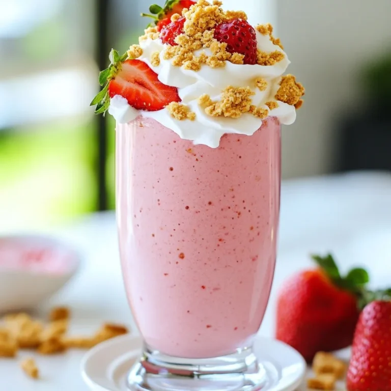 To make a Strawberry Cheesecake Smoothie, gather these tasty ingredients: - 1 cup fresh or frozen strawberries - 1/2 cup Greek yogurt - 1/4 cup cream cheese, softened - 1 tablespoon honey or maple syrup (adjust for sweetness) - 1/2 cup milk (any variety) - 1/4 teaspoon vanilla extract - 1/2 cup ice (if using fresh strawberries) - Whipped cream (for topping, optional) - Crumbled graham crackers (for garnish, optional) Each ingredient plays a key role. Fresh or frozen strawberries give the smoothie its fruity flavor. Greek yogurt adds creaminess and protein. Cream cheese makes it rich and smooth. Honey or maple syrup sweetens it just right. Milk helps blend everything together. Vanilla extract enhances the taste, while ice chills the smoothie to perfection. You can top it with whipped cream for a special treat. Crumbled graham crackers sprinkle that cheesecake crust flavor on top. Gather these ingredients, and you’re ready to blend up some deliciousness! {{ingredient_image_1}} 1. First, gather all your ingredients. You will need fresh or frozen strawberries, Greek yogurt, softened cream cheese, honey or maple syrup, milk, and vanilla extract. If you use fresh strawberries, grab some ice too. 2. Next, put the strawberries, Greek yogurt, cream cheese, honey or maple syrup, milk, and vanilla extract into a blender. 3. Blend the mixture on high speed until it is smooth and creamy. Make sure there are no chunks left! 4. If you used fresh strawberries, add the ice and blend again until it is chilled and frothy. 5. Taste your smoothie. If it needs more sweetness, add a little more honey or syrup. Blend again to mix it in. 1. Once your smoothie is well blended, pour it into glasses. 2. For a fun touch, top it with whipped cream. 3. Finally, garnish with crumbled graham crackers to give it that cheesecake flavor. Enjoy it right away! You can change the fruit in your smoothie. Try bananas or blueberries for a new twist. You can also mix in some spinach for added nutrients without changing the taste much. For sweeteners, honey and maple syrup are great. You can also use agave nectar or stevia if you want. Each option adds a different flavor profile. Creaminess is key. You can switch Greek yogurt for regular yogurt or even use coconut yogurt. Each choice gives your smoothie a unique touch. One big mistake is over-blending your ingredients. Blend just until smooth. This keeps the flavors fresh and bright. Not adjusting for sweetness can ruin your drink. Always taste it before serving. Add more sweetener if you need to. Using too much ice can make your smoothie watery. Stick to the recipe amount for the best texture. If you use fresh strawberries, add ice last for a colder drink without losing flavor. Pro Tips Use Frozen Strawberries: For a thicker and creamier texture, opt for frozen strawberries instead of fresh ones. Adjust Sweetness: Taste the smoothie before serving and adjust the sweetness with more honey or maple syrup as needed. Chill Your Glasses: For an extra refreshing drink, chill your glasses in the freezer for a few minutes before serving. Experiment with Flavors: Feel free to add other fruits like bananas or blueberries for a unique twist on the classic cheesecake flavor. {{image_2}} You can make this smoothie healthier with a few easy swaps. Try using low-fat cream cheese instead of regular. This change keeps the creamy texture while cutting calories. If you want a dairy-free option, look for non-dairy yogurt. Varieties like almond or coconut yogurt work well. Another easy swap is the milk. Instead of regular milk, use almond or oat milk. These options are great for those who are lactose intolerant or want a lighter choice. Each swap keeps the taste yummy while adding more health benefits. Get creative with flavor combinations! You can add other fruits to your smoothie. Bananas or blueberries blend well with strawberries. These fruits bring a new taste and boost nutrition. For an extra flavor kick, try adding spices like cinnamon or nutmeg. These spices add warmth and depth to your smoothie. A little goes a long way, so start with a pinch! To keep your strawberry cheesecake smoothie fresh, store it in a clean jar. Use an airtight container to avoid any air exposure. Place it in the fridge if you plan to drink it later. Smoothies can last up to two days when stored this way. If you want to save it longer, freezing is a great option. Pour the smoothie into ice cube trays or freezer-safe bags. This method lets you enjoy it later without losing flavor. In the fridge, your smoothie stays fresh for about two days. After that, it may start to separate or lose flavor. Check for changes in color or smell. If it smells off or looks different, it’s best to toss it. You want to enjoy every sip, so always trust your senses. If you spot any mold, don’t hesitate to discard the smoothie. Safety comes first! A Strawberry Cheesecake Smoothie is a creamy drink that tastes like dessert. It blends fresh or frozen strawberries with Greek yogurt and cream cheese. You also add sweeteners like honey or maple syrup. Milk and vanilla extract make it smooth and tasty. The combination gives you a rich flavor that feels like eating cheesecake, but in a drink! Yes, you can make this smoothie vegan! Use dairy-free yogurt instead of Greek yogurt. For cream cheese, try a vegan cream cheese option. Use plant-based milk like almond or oat milk. For sweetening, maple syrup is a great choice. These swaps keep the taste delightful while making it vegan-friendly. If you want to avoid cream cheese, you have options. Silken tofu is a great choice for a creamy texture. You can also use dairy-free cream cheese. For a lighter option, try low-fat cream cheese. These alternatives keep the smoothie rich without adding too many calories. Yes, you can prepare this smoothie ahead of time! Blend the ingredients and store them in a jar. Keep it in the fridge for up to 24 hours. If you freeze it, it can last longer. Just remember to give it a good shake before drinking. This way, you’ll have a quick treat ready when you need it! This blog post covered how to make a delicious strawberry cheesecake smoothie. We listed the key ingredients like fresh strawberries, Greek yogurt, and cream cheese. I provided step-by-step instructions for blending and serving your smoothie. You learned tips on customizing flavors and avoiding common mistakes. Finally, I discussed storage options and answers to frequently asked questions. Now, you can enjoy this tasty treat any time. Experiment with flavors and enjoy your smooth, creamy creation!