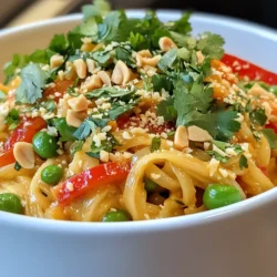 - 8 oz rice noodles - 1 tablespoon sesame oil - 1 red bell pepper, thinly sliced - 1 cup snap peas, trimmed - 1 cup shredded carrots - 2 green onions, chopped - 1/2 cup unsalted peanut butter - 2 tablespoons soy sauce - 1 tablespoon sriracha - 2 tablespoons honey or maple syrup - 1 tablespoon rice vinegar - 1/2 cup water - Crushed peanuts - Chopped green onions - Fresh cilantro When making spicy peanut noodles, the right ingredients are key. Rice noodles form the base of this dish. They soak up the sauce well. They cook quickly, making this dish easy. I like to use fresh veggies like red bell pepper, snap peas, and shredded carrots. They add crunch and color. The sauce is where the magic happens. I start with creamy peanut butter. It gives a rich flavor. I mix in soy sauce for saltiness and sriracha for heat. Adjust the sriracha to your spice level. Honey or maple syrup balances the heat. Rice vinegar adds a touch of tang, and water helps to thin the sauce. For garnishes, I always use crushed peanuts for crunch. Chopped green onions and fresh cilantro bring freshness. These little touches make the dish pop. {{ingredient_image_1}} - Boil water in a large pot. - Add 8 oz of rice noodles. - Cook noodles per package instructions. - Drain the noodles and rinse them under cold water. - Grab a medium bowl. - Whisk together: - 1/2 cup unsalted peanut butter - 2 tablespoons soy sauce - 1 tablespoon sriracha - 2 tablespoons honey - 1 tablespoon rice vinegar - 1/2 cup water - Heat 1 tablespoon of sesame oil in a large skillet. - Add sliced red bell pepper, snap peas, and shredded carrots. - Sauté vegetables for about 5 minutes until they are tender-crisp. - Add the drained noodles to the skillet with your veggies. - Pour the spicy peanut sauce over everything. - Toss well to coat all ingredients. - Cook for another 2-3 minutes until heated through. - Remove from heat. - Garnish with crushed peanuts, chopped green onions, and fresh cilantro. For the best sauce, start with half a cup of water. If it’s too thick, add more water. Mix until smooth. Always taste the sauce. Adjust flavors as needed. If it’s too salty, add honey. If it’s too sweet, add a splash of soy sauce. Fresh ingredients matter a lot. Use ripe vegetables for the best taste. You can try different spice levels by adjusting the sriracha. For a milder sauce, use less sriracha. If you want more heat, add a bit more. Feel free to play around! Don’t overcook the noodles. They should be firm, not mushy. Cook them just until al dente. For sautéing, use high heat. This helps the veggies stay crisp. Stir them often for even cooking. Enjoy the crunch in every bite! Pro Tips Cook Noodles Perfectly: Make sure to follow the package instructions for cooking the rice noodles to ensure they are al dente and not overcooked. Adjust Sauce Consistency: If you prefer a thinner sauce, gradually add more water until you reach your desired consistency. Spice Level Control: Adjust the amount of sriracha in the sauce according to your spice tolerance; start with less and add more if needed. Vegetable Variations: Feel free to use any seasonal vegetables you have on hand, such as broccoli or zucchini, to customize this dish to your liking. {{image_2}} To make Spicy Peanut Noodles vegetarian, you can easily swap honey for maple syrup. This keeps the flavor great while making it plant-based. Adding tofu or tempeh boosts the protein. Simply sauté these in the skillet until golden. Then mix them into your noodles for extra texture and taste. For a gluten-free meal, choose gluten-free soy sauce or tamari. This small change keeps your dish safe for those with gluten allergies. Also, pick gluten-free noodles. Rice noodles often work well and taste amazing in this recipe. Feel free to enhance your dish with more veggies. Broccoli or zucchini adds color and crunch. If you prefer meat, add chicken or shrimp for protein. Just cook them in the skillet before adding the noodles and sauce. This gives you a heartier meal that everyone will love. After making your spicy peanut noodles, store any extras in an airtight container. This keeps them fresh and tasty. You should eat them within 3-4 days for the best flavor. To enjoy your leftovers, you can microwave them or heat them in a skillet. If the sauce is too thick, add a bit of water. This will help loosen it up and keep it saucy. If you want to save some for later, you can freeze the noodles or just the sauce. When you are ready to eat, thaw them out first. This will give you the best results when reheating. Yes, you can prepare in advance and store properly. Just follow these steps: - Cook the noodles and veggies as usual. - Make the sauce and mix it with the noodles. - Let it cool down. - Store it in an airtight container in the fridge. You can modify the sriracha amount to suit your taste. Here’s how: - Start with a small amount. - Taste the sauce after mixing. - Add more if you want it spicier. You can use almond butter or sunflower seed butter for alternatives. Both give great flavor. Here’s what to do: - Swap equal amounts for peanut butter. - Adjust the other sauce ingredients if needed. They can last up to 4 days when stored properly. For best results: - Keep them in an airtight container. - Check for freshness before eating. In this blog post, we explored making delicious Spicy Peanut Noodles. We covered the key ingredients, step-by-step cooking instructions, and helpful tips. You learned how to perfect the sauce and customize flavors to fit your taste. Remember, fresh ingredients make a big difference. With variations for everyone's needs, you can adapt this dish easily. Enjoy your cooking, and don't shy away from trying new combos. These noodles will surely impress!