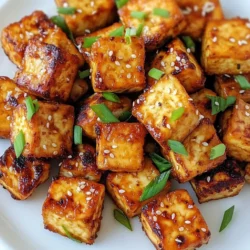 - 1 block of firm tofu (14 oz), drained and pressed - 2 tablespoons cornstarch - 1 tablespoon soy sauce - 1 tablespoon sesame oil - 1 teaspoon garlic powder - 1 teaspoon onion powder - 1 teaspoon smoked paprika - Salt and pepper to taste - Chopped green onions - Sesame seeds Crispy air fryer tofu starts with firm tofu. This type holds its shape well. Drain and press it for the best texture. Aim for bite-sized cubes, about one inch each. Next, mix your main ingredients. Combine soy sauce and sesame oil in a bowl. Add garlic powder, onion powder, and smoked paprika. Season with salt and pepper. This mix gives the tofu rich flavor. Now, sprinkle cornstarch over the marinated tofu. Toss gently to coat every piece. The cornstarch creates that delightful crispy crust when air frying. Garnish your tofu with chopped green onions and sesame seeds. These add color and crunch. This step makes the dish more appealing and tasty. With these ingredients, you're ready to create a dish that's both easy and delicious. Enjoy your crispy air fryer tofu! {{ingredient_image_1}} Set your air fryer to 400°F (200°C) for 5 minutes. Preheating helps the tofu cook evenly. It gets nice and crispy, giving you the best texture. First, drain the tofu from its package. Press it gently to remove excess water. This step is key for crispy tofu. Cut the pressed tofu into 1-inch cubes. Make sure they are even for cooking. In a bowl, mix these ingredients: - 1 tablespoon soy sauce - 1 tablespoon sesame oil - 1 teaspoon garlic powder - 1 teaspoon onion powder - 1 teaspoon smoked paprika - Salt and pepper to taste Toss the tofu cubes in this marinade. Make sure every piece is covered well. Let it sit for a few minutes to soak in the flavors. Sprinkle 2 tablespoons of cornstarch over the marinated tofu. Toss it gently again. This step adds crunch. Ensure every piece has a thin layer of cornstarch for the best results. Place the tofu cubes in a single layer in the air fryer basket. Avoid overlapping them. Cook for 15-18 minutes. Shake the basket halfway through. This helps all sides get crispy. Look for a golden brown color when done. To get the crispiest tofu, follow these tips: - Preheat your air fryer to 400°F (200°C) for five minutes. - Cut your tofu into 1-inch cubes for even cooking. - Make sure the tofu cubes don’t touch in the basket. - Shake the basket halfway through cooking to allow hot air to circulate. - Cook until golden brown and crisp, around 15-18 minutes. To prevent sticking, use these methods: - Lightly coat the air fryer basket with oil or cooking spray. - Toss the tofu cubes in cornstarch before air frying. This adds a nice crunch. To boost the flavor of your tofu, consider these spices: - Add cayenne for heat. - Try cumin for a warm, earthy flavor. - Use herbs like thyme or oregano for a fresh twist. For alternative marinades, here are some ideas: - Use teriyaki sauce for a sweet touch. - Try a spicy chili sauce for a kick. - Incorporate lime juice and cilantro for a zesty option. Pair your crispy tofu with these tasty options: - Serve with soy sauce or sweet chili sauce for dipping. - Try a peanut sauce for a rich, nutty flavor. For side dishes, consider these: - Brown rice or quinoa for a filling meal. - Steamed veggies or a fresh salad to balance the dish. - Noodles tossed in sesame oil for a delightful combination. Pro Tips Press Tofu Properly: Ensure you press the tofu for at least 30 minutes to remove excess moisture. This helps achieve a crispier texture when air frying. Experiment with Seasonings: Feel free to customize the marinade with your favorite spices or sauces, such as sriracha or ginger, for an extra flavor kick. Don’t Overcrowd the Basket: Arrange the tofu cubes in a single layer without overlap. This allows hot air to circulate evenly and ensures maximum crispiness. Check for Doneness: Since air fryers can vary in performance, start checking your tofu at the 15-minute mark to prevent overcooking and achieve your desired crispiness. {{image_2}} Tofu comes in many forms, but firm and extra-firm are the most common. Firm tofu has a softer texture. It absorbs flavors well and is great for stir-fries. Extra-firm tofu is denser and holds its shape better. It’s perfect for air frying since it gets crispier. When choosing tofu, consider your dish. For crispy air fryer tofu, go with extra-firm. It gives you that perfect crunch! You can change the flavor of your crispy tofu easily. For an Asian twist, try adding ginger or chili flakes. You can create a sweet and spicy taste with honey or sriracha. Infusing different spices can make your tofu unique. For example, try cumin for a warm flavor or lemon zest for brightness. Mix and match to find your favorite taste! If you don’t have an air fryer, don’t worry! You can bake your tofu in the oven. Preheat your oven to 400°F (200°C) and bake for about 25-30 minutes. Flip the pieces halfway for even cooking. Pan-frying is another option. Heat oil in a skillet and cook the tofu until golden brown. Each method gives you a different texture, so feel free to explore! To keep your crispy air fryer tofu fresh, use an airtight container. Glass containers work well. You can also use a plastic container, but ensure it seals tightly. Store the tofu in the fridge. It stays good for about 3 to 4 days. If you notice it getting soggy, you may want to consume it sooner. To reheat your crispy tofu, the air fryer is a great choice. Preheat it to 350°F (175°C) for about 5 minutes. Place the tofu in the basket. Heat for about 5 to 8 minutes. This helps regain its crispiness. You can also use a skillet. Just warm it on medium heat for a few minutes. Avoid using a microwave, as it can make the tofu soggy. To make crispy air fryer tofu, follow these steps: 1. Preheat the air fryer to 400°F (200°C) for 5 minutes. 2. Prepare the tofu by draining and pressing it. Cut it into bite-sized cubes. 3. Mix the marinade in a bowl. Use soy sauce, sesame oil, garlic powder, onion powder, smoked paprika, salt, and pepper. 4. Toss the tofu cubes in the marinade until fully coated. 5. Add cornstarch and toss gently again. This helps create a crispy layer. 6. Arrange the tofu in a single layer in the air fryer basket. Avoid overlapping. 7. Air fry for 15-18 minutes, shaking the basket halfway through. This ensures even cooking. 8. Garnish with chopped green onions and sesame seeds before serving. Yes, you can use frozen tofu, but it will change the texture. Frozen tofu becomes spongy and absorbs more flavor. To use it, thaw the tofu first, then press and cut it. This tofu can be even more flavorful since it soaks up the marinade well. Air-fried tofu is a healthier choice than deep-fried tofu. It has less oil, so it has fewer calories and less fat. Tofu itself is a great source of protein, iron, and calcium. Air frying keeps the nutrients while adding a crispy texture. You can serve crispy air fryer tofu with many sides. Here are some ideas: - Steamed broccoli or green beans - Rice or quinoa for a filling meal - A fresh salad with a tangy dressing - Dipping sauces like soy sauce or sweet chili sauce These options will complement the flavors of the tofu and create a balanced meal. Crispy air fryer tofu is easy to make and delicious. You only need key ingredients, like firm tofu, cornstarch, and soy sauce. We covered steps from preheating the air fryer to seasoning and garnishing your dish. Remember, the right tofu texture and cooking method matter. Enjoy experimenting with flavors and serving suggestions. With a few tips, you can store, reheat, and savor this dish later. Dive in and enjoy your tasty, homemade tofu experience!