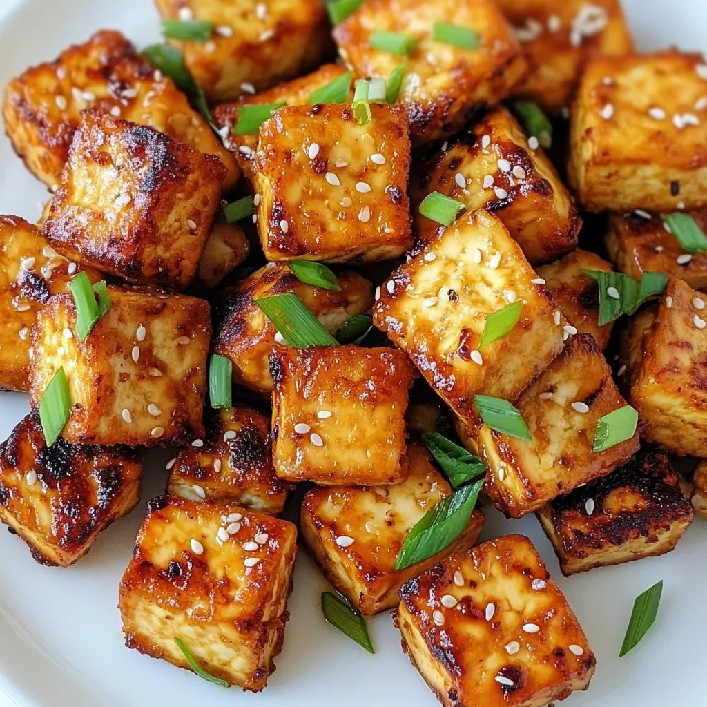 - 1 block of firm tofu (14 oz), drained and pressed - 2 tablespoons cornstarch - 1 tablespoon soy sauce - 1 tablespoon sesame oil - 1 teaspoon garlic powder - 1 teaspoon onion powder - 1 teaspoon smoked paprika - Salt and pepper to taste - Chopped green onions - Sesame seeds Crispy air fryer tofu starts with firm tofu. This type holds its shape well. Drain and press it for the best texture. Aim for bite-sized cubes, about one inch each. Next, mix your main ingredients. Combine soy sauce and sesame oil in a bowl. Add garlic powder, onion powder, and smoked paprika. Season with salt and pepper. This mix gives the tofu rich flavor. Now, sprinkle cornstarch over the marinated tofu. Toss gently to coat every piece. The cornstarch creates that delightful crispy crust when air frying. Garnish your tofu with chopped green onions and sesame seeds. These add color and crunch. This step makes the dish more appealing and tasty. With these ingredients, you're ready to create a dish that's both easy and delicious. Enjoy your crispy air fryer tofu! {{ingredient_image_1}} Set your air fryer to 400°F (200°C) for 5 minutes. Preheating helps the tofu cook evenly. It gets nice and crispy, giving you the best texture. First, drain the tofu from its package. Press it gently to remove excess water. This step is key for crispy tofu. Cut the pressed tofu into 1-inch cubes. Make sure they are even for cooking. In a bowl, mix these ingredients: - 1 tablespoon soy sauce - 1 tablespoon sesame oil - 1 teaspoon garlic powder - 1 teaspoon onion powder - 1 teaspoon smoked paprika - Salt and pepper to taste Toss the tofu cubes in this marinade. Make sure every piece is covered well. Let it sit for a few minutes to soak in the flavors. Sprinkle 2 tablespoons of cornstarch over the marinated tofu. Toss it gently again. This step adds crunch. Ensure every piece has a thin layer of cornstarch for the best results. Place the tofu cubes in a single layer in the air fryer basket. Avoid overlapping them. Cook for 15-18 minutes. Shake the basket halfway through. This helps all sides get crispy. Look for a golden brown color when done. To get the crispiest tofu, follow these tips: - Preheat your air fryer to 400°F (200°C) for five minutes. - Cut your tofu into 1-inch cubes for even cooking. - Make sure the tofu cubes don’t touch in the basket. - Shake the basket halfway through cooking to allow hot air to circulate. - Cook until golden brown and crisp, around 15-18 minutes. To prevent sticking, use these methods: - Lightly coat the air fryer basket with oil or cooking spray. - Toss the tofu cubes in cornstarch before air frying. This adds a nice crunch. To boost the flavor of your tofu, consider these spices: - Add cayenne for heat. - Try cumin for a warm, earthy flavor. - Use herbs like thyme or oregano for a fresh twist. For alternative marinades, here are some ideas: - Use teriyaki sauce for a sweet touch. - Try a spicy chili sauce for a kick. - Incorporate lime juice and cilantro for a zesty option. Pair your crispy tofu with these tasty options: - Serve with soy sauce or sweet chili sauce for dipping. - Try a peanut sauce for a rich, nutty flavor. For side dishes, consider these: - Brown rice or quinoa for a filling meal. - Steamed veggies or a fresh salad to balance the dish. - Noodles tossed in sesame oil for a delightful combination. Pro Tips Press Tofu Properly: Ensure you press the tofu for at least 30 minutes to remove excess moisture. This helps achieve a crispier texture when air frying. Experiment with Seasonings: Feel free to customize the marinade with your favorite spices or sauces, such as sriracha or ginger, for an extra flavor kick. Don’t Overcrowd the Basket: Arrange the tofu cubes in a single layer without overlap. This allows hot air to circulate evenly and ensures maximum crispiness. Check for Doneness: Since air fryers can vary in performance, start checking your tofu at the 15-minute mark to prevent overcooking and achieve your desired crispiness. {{image_2}} Tofu comes in many forms, but firm and extra-firm are the most common. Firm tofu has a softer texture. It absorbs flavors well and is great for stir-fries. Extra-firm tofu is denser and holds its shape better. It’s perfect for air frying since it gets crispier. When choosing tofu, consider your dish. For crispy air fryer tofu, go with extra-firm. It gives you that perfect crunch! You can change the flavor of your crispy tofu easily. For an Asian twist, try adding ginger or chili flakes. You can create a sweet and spicy taste with honey or sriracha. Infusing different spices can make your tofu unique. For example, try cumin for a warm flavor or lemon zest for brightness. Mix and match to find your favorite taste! If you don’t have an air fryer, don’t worry! You can bake your tofu in the oven. Preheat your oven to 400°F (200°C) and bake for about 25-30 minutes. Flip the pieces halfway for even cooking. Pan-frying is another option. Heat oil in a skillet and cook the tofu until golden brown. Each method gives you a different texture, so feel free to explore! To keep your crispy air fryer tofu fresh, use an airtight container. Glass containers work well. You can also use a plastic container, but ensure it seals tightly. Store the tofu in the fridge. It stays good for about 3 to 4 days. If you notice it getting soggy, you may want to consume it sooner. To reheat your crispy tofu, the air fryer is a great choice. Preheat it to 350°F (175°C) for about 5 minutes. Place the tofu in the basket. Heat for about 5 to 8 minutes. This helps regain its crispiness. You can also use a skillet. Just warm it on medium heat for a few minutes. Avoid using a microwave, as it can make the tofu soggy. To make crispy air fryer tofu, follow these steps: 1. Preheat the air fryer to 400°F (200°C) for 5 minutes. 2. Prepare the tofu by draining and pressing it. Cut it into bite-sized cubes. 3. Mix the marinade in a bowl. Use soy sauce, sesame oil, garlic powder, onion powder, smoked paprika, salt, and pepper. 4. Toss the tofu cubes in the marinade until fully coated. 5. Add cornstarch and toss gently again. This helps create a crispy layer. 6. Arrange the tofu in a single layer in the air fryer basket. Avoid overlapping. 7. Air fry for 15-18 minutes, shaking the basket halfway through. This ensures even cooking. 8. Garnish with chopped green onions and sesame seeds before serving. Yes, you can use frozen tofu, but it will change the texture. Frozen tofu becomes spongy and absorbs more flavor. To use it, thaw the tofu first, then press and cut it. This tofu can be even more flavorful since it soaks up the marinade well. Air-fried tofu is a healthier choice than deep-fried tofu. It has less oil, so it has fewer calories and less fat. Tofu itself is a great source of protein, iron, and calcium. Air frying keeps the nutrients while adding a crispy texture. You can serve crispy air fryer tofu with many sides. Here are some ideas: - Steamed broccoli or green beans - Rice or quinoa for a filling meal - A fresh salad with a tangy dressing - Dipping sauces like soy sauce or sweet chili sauce These options will complement the flavors of the tofu and create a balanced meal. Crispy air fryer tofu is easy to make and delicious. You only need key ingredients, like firm tofu, cornstarch, and soy sauce. We covered steps from preheating the air fryer to seasoning and garnishing your dish. Remember, the right tofu texture and cooking method matter. Enjoy experimenting with flavors and serving suggestions. With a few tips, you can store, reheat, and savor this dish later. Dive in and enjoy your tasty, homemade tofu experience!