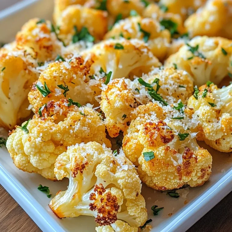 To make Parmesan Herb Roasted Cauliflower, you need some simple, tasty ingredients. Here’s what you will need: - 1 large head of cauliflower, cut into florets - 3 tablespoons olive oil - 1/2 cup grated Parmesan cheese - 2 teaspoons garlic powder - 1 teaspoon dried thyme - 1 teaspoon dried rosemary - 1 teaspoon paprika - Salt and pepper to taste - Fresh parsley, chopped (for garnish) Each ingredient brings something special. The cauliflower is the star of the dish. Olive oil helps it roast nicely. Parmesan cheese adds a rich, savory flavor. Garlic powder, thyme, rosemary, and paprika create a mix of herbs and spices that make every bite exciting. Don't forget salt and pepper, as they enhance all the flavors. The fresh parsley gives a nice pop of color on top. Gather these ingredients before you start cooking. This way, you can mix and roast without pause. Enjoy the process! {{ingredient_image_1}} 1. First, preheat your oven to 425°F (220°C). This helps the cauliflower cook evenly. 2. In a large mixing bowl, add the cauliflower florets and pour in the olive oil. Mix well to coat every piece. 3. Next, sprinkle in the grated Parmesan cheese, garlic powder, dried thyme, dried rosemary, paprika, salt, and pepper. Toss everything together until the florets are fully coated. 1. Spread the cauliflower mixture in a single layer on a baking sheet lined with parchment paper. This helps prevent sticking. 2. Roast the cauliflower for 25-30 minutes. Look for golden brown edges and tender bites. Stir halfway through for even roasting. 1. Once done, take the baking sheet out of the oven and let it cool for a few minutes. 2. Transfer the roasted cauliflower to a serving dish. Garnish with fresh chopped parsley for a bright touch. To make your Parmesan Herb Roasted Cauliflower just right, focus on two main things: temperature and timing. I recommend preheating your oven to 425°F (220°C). This high heat helps the cauliflower get golden and crispy. Roast it for 25 to 30 minutes. Keep an eye on it and stir halfway through. This ensures even cooking and browning. For coating, use a big bowl. Mix the cauliflower florets with olive oil first. Make sure each piece is well covered. Then, add the cheese and spices. Toss it all together. A good coating helps the flavors stick and makes every bite tasty. Want to take your roasted cauliflower to the next level? Try adding extra spices. A pinch of cumin or chili powder can bring some heat. If you like it herby, add some fresh oregano or basil. These spices can add new flavors and keep your dish exciting. If you're out of Parmesan cheese or want a change, try using Pecorino Romano or a vegan cheese. Nutritional yeast also gives a cheesy taste without dairy. These options can make the dish more fun and suit different diets. Pro Tips Use Fresh Herbs: Fresh herbs can elevate the flavor profile of your dish. If available, use fresh thyme and rosemary instead of dried for a more vibrant taste. Experiment with Cheese: While Parmesan adds a great flavor, feel free to mix in other cheeses like Pecorino Romano or Gruyère for a different twist. Check for Doneness: To ensure the cauliflower is perfectly roasted, fork-test a piece. It should be tender but still have a little bite when done. Make it Spicy: Add a pinch of red pepper flakes or cayenne pepper to the seasoning mix for a spicy kick that complements the cheese beautifully. {{image_2}} You can switch up the cheese in this dish. - Parmigiano-Reggiano: This cheese adds a rich, nutty flavor. It melts well and gives a great taste. Use it just like Parmesan. Grate it finely and sprinkle it on the cauliflower. - Vegan substitutes: If you want a dairy-free option, try nutritional yeast. It has a cheesy taste and is healthy. You can also use vegan cheese shreds. They melt nicely and add flavor. Adding different flavors makes this dish even better. - Adding vegetables: Consider adding bell peppers or carrots. They roast well and add color. You can mix them in with the cauliflower for a tasty veggie medley. - Spice blends: Try mixing in some chili powder or cumin. These spices add a kick. You can also use Italian seasoning for a different twist. Just sprinkle them in with the other spices. Experimenting with these options keeps the dish fresh and fun! Store your leftover Parmesan Herb Roasted Cauliflower in an airtight container. This helps keep it fresh. Place it in the fridge within two hours of cooking. It will last for about three to four days. Make sure to cool it completely before sealing the container. If you want to keep it longer, consider freezing it. To reheat, the oven works best. Preheat it to 350°F (175°C). Spread the cauliflower on a baking sheet. Heat for about 10 to 15 minutes until warm. You can also use a microwave for quick reheating. Place the cauliflower in a microwave-safe dish and cover it. Heat for one to two minutes, checking often. Enjoy your savory delight! Roasted cauliflower can last up to four days in the fridge. Store it in an airtight container. This keeps it fresh and safe to eat. If you notice any strange smells or changes in color, it’s best to toss it. Yes, you can freeze roasted cauliflower. Allow it to cool completely first. Place it in a freezer-safe bag, removing as much air as possible. It can last about three months in the freezer. When you're ready to eat it, thaw in the fridge overnight. Roasted cauliflower pairs well with many dishes. Here are some ideas: - Grilled chicken or fish - Quinoa or rice - A fresh salad - Pasta with garlic sauce - A hearty soup Each of these options enhances the flavors of the cauliflower. You can make a full meal by mixing and matching. Roasted cauliflower is easy to make and tasty. We covered ingredients like cauliflower, olive oil, Parmesan cheese, and spices. You learned to prepare, roast, and garnish your dish. I shared tips for the perfect roast and fun flavor twists. Storing leftovers is simple, and I answered common questions too. Roasted cauliflower is a delicious side or snack. I hope you enjoy trying this recipe!