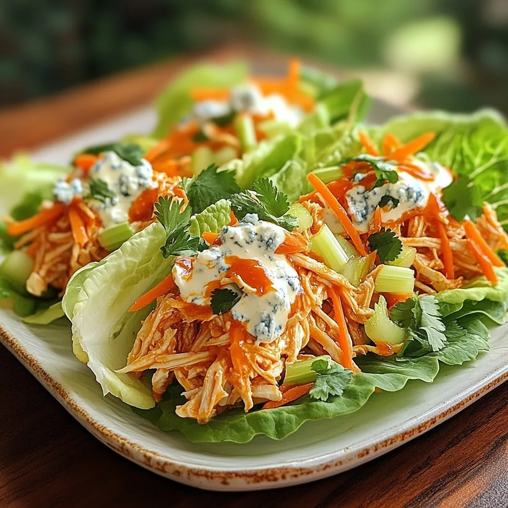 - 1 lb boneless, skinless chicken breasts, cooked and shredded - 1/2 cup buffalo sauce (adjust spiciness to taste) - 1/4 cup cream cheese, softened - 1/4 cup Greek yogurt The main ingredients make this dish shine. The chicken gives a nice base. It absorbs the spicy buffalo sauce well. I love using shredded chicken for texture. You can cook it any way you like. Roasting or boiling work great. The buffalo sauce adds heat and flavor. You can pick a sauce that fits your spice level. Cream cheese and Greek yogurt create a creamy mix. This balance is key for a rich taste. - 8 large lettuce leaves (Romaine or Butter lettuce works well) - 1/2 cup diced celery - 1/2 cup shredded carrots - 1/4 cup blue cheese crumbles (optional) - Fresh cilantro for garnish (optional) Fresh veggies add crunch and color. I recommend using Romaine or Butter lettuce. They hold the filling well and taste fresh. Celery and carrots bring a nice crunch. They also help cool down the heat from the buffalo sauce. Blue cheese crumbles add a tangy flavor that pairs well. If you like, sprinkle some on top. Fresh cilantro brightens the dish. It adds a hint of freshness. These garnishes make the wraps even more appealing. {{ingredient_image_1}} To start, you need to combine shredded chicken and buffalo sauce. Take 1 pound of cooked, shredded chicken and place it in a large mixing bowl. Pour in 1/2 cup of buffalo sauce. Mix well until the chicken is coated. This gives the chicken that spicy kick that makes it so tasty. Next, let's make the creamy dressing. In a separate bowl, mix 1/4 cup of softened cream cheese with 1/4 cup of Greek yogurt. Add 1 tablespoon of ranch seasoning mix and 1 tablespoon of lemon juice to the bowl. Stir until the mixture is smooth and creamy. This dressing will balance the heat of the buffalo sauce. Now, add the creamy dressing to the chicken mixture. Stir until everything is combined. For extra crunch, fold in 1/2 cup of diced celery and 1/2 cup of shredded carrots. They add flavor and texture to your wraps. Now, it’s time to prepare the lettuce leaves. Carefully wash and dry 8 large lettuce leaves. You can use Romaine or Butter lettuce. Lay the leaves flat on a serving platter or large plate. Next, fill each lettuce leaf with the buffalo chicken mixture. Be sure not to overfill them. This helps make them easy to wrap and eat. If you like, sprinkle 1/4 cup of blue cheese crumbles over the top. This adds a nice tangy flavor. For a final touch, garnish with fresh cilantro. It adds a pop of color and flavor. Serve your buffalo chicken lettuce wraps immediately. Enjoy them while the filling is warm! To control the heat of your buffalo chicken, start with less sauce. You can add more if needed. Mix in a bit of cream cheese to tone down the spice. For a milder flavor, try a mix of buffalo sauce and barbecue sauce. This gives a sweet and spicy taste that kids love. To store your wraps, keep the filling and lettuce separate. This keeps the lettuce crisp. Wrap the filling in plastic wrap or a container. Store it in the fridge for up to three days. To serve, fill the lettuce just before eating. Avoid soggy lettuce by washing and drying it well. Lay the leaves flat and cover them with a damp paper towel until ready to use. This keeps them fresh and crisp. Pro Tips Adjusting Spice Level: Feel free to modify the amount of buffalo sauce according to your heat preference. Start with less and add more until you reach your desired spice level. Mixing Creaminess: For a smoother filling, ensure your cream cheese is softened to room temperature before mixing with the other ingredients. This helps achieve a creamy consistency. Crunch Factor: Add more texture by incorporating diced cucumbers or bell peppers into the chicken mixture. They provide an extra crunch and freshness. Serving Fresh: To maintain the crispness of the lettuce wraps, serve the buffalo chicken mixture separately and allow guests to assemble their wraps just before eating. {{image_2}} You can enjoy Buffalo Chicken Lettuce Wraps in many ways. If you need gluten-free options, use gluten-free buffalo sauce. Most brands offer this choice. Just check the label to be sure. For vegetarians, swap the chicken for shredded jackfruit or cooked lentils. Both options soak up the buffalo sauce well. They give you that tasty flavor without the meat. You can still use the same creamy dressing and fresh veggies. To make your wraps even better, think about adding different vegetables. Crunchy bell peppers or cucumbers add a nice bite. You can also try avocado for a creamy texture. Mix and match to find what you love. If you want to spice things up, add extra sauces. A drizzle of sriracha or ranch dressing can take your wraps to the next level. You can even try a garlic aioli for a rich flavor. These simple tweaks make each wrap unique and fun. To keep your Buffalo Chicken Lettuce Wraps fresh, store them in an airtight container. Make sure the mixture is cool before sealing. For best results, refrigerate them as soon as possible. They will stay fresh for up to three days. If you want to keep them longer, consider freezing the chicken mixture without the lettuce. This way, it lasts up to three months. When it's time to enjoy the leftovers, reheat the chicken mixture gently. The best method is to use a microwave. Place the chicken in a bowl and cover it with a damp paper towel. This helps keep the moisture in. Heat it in short bursts, stirring in between. You can also reheat it on the stovetop over low heat. Just stir often to prevent sticking. Once hot, serve the chicken in fresh lettuce leaves. Enjoy the crunch and flavor! To make your Buffalo Chicken Lettuce Wraps spicier, consider these tips: - Use extra buffalo sauce, adjusting to your taste. - Add diced jalapeños or crushed red pepper for a kick. - Mix in cayenne pepper when blending the creamy dressing. - Serve with hot sauce on the side for those who want more heat. These simple changes can elevate the spice level and add depth to your dish. Yes, you can use different meats in this recipe. Here are some options: - Turkey: Ground turkey can work great. Cook it until nicely browned. - Pork: Shredded pork adds a rich flavor. It pairs well with buffalo sauce. - Tofu: For a vegetarian option, use firm tofu. Crumble it and sauté until golden. Each choice brings its own twist, allowing you to customize the meal. Pair your Buffalo Chicken Lettuce Wraps with these tasty sides: - Fresh veggie sticks: Carrots, cucumbers, and bell peppers add crunch. - Sweet potato fries: They offer a sweet contrast to the spicy wraps. - A light salad: A simple green salad can balance the meal. - Chips: Tortilla chips or pita chips add a nice crunch for dipping. These options can enhance your dining experience and make it more enjoyable. In this post, we explored making Buffalo Chicken Lettuce Wraps. We covered the key ingredients, including chicken, buffalo sauce, and cream cheese. I detailed how to prepare the chicken mixture and assemble the wraps. You learned tips for adjusting spiciness, keeping wraps fresh, and storing leftovers. Finally, we discussed fun variations and answered common questions. Enjoy these tasty wraps; they are versatile and easy to make. Happy cooking and wrap crafting!