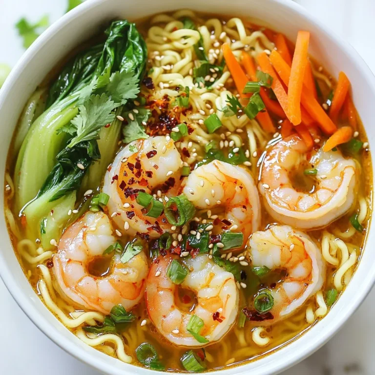 - 200g ramen noodles - 300g large shrimp, peeled and deveined - 4 cups vegetable broth - 2 tablespoons soy sauce - 1 tablespoon sesame oil - 1 tablespoon chili paste (adjust to taste) - 1 teaspoon ginger, grated - 2 garlic cloves, minced - 1 cup bok choy, chopped - 1 carrot, julienned - 2 green onions, sliced - 1 tablespoon sesame seeds - Fresh cilantro for garnish For the main part of this dish, you need fresh shrimp and ramen noodles. The broth gives it depth. Bok choy and carrots add nice color and texture. Each ingredient works together to create bold flavors. The key spices here are soy sauce, sesame oil, and chili paste. The soy sauce adds a savory touch, while sesame oil gives a nutty flavor. Chili paste brings the spice. You can adjust the chili paste to make it milder or hotter based on your taste. Ginger and garlic add warmth and richness to the broth. Garnishing makes your ramen bowl look great and adds flavor. Use sliced green onions for a fresh crunch. Sesame seeds add a nutty bite. Fresh cilantro brightens the dish and balances the heat. You can also add a lime wedge for a zesty kick. These simple touches make your spicy shrimp ramen bowls even better! {{ingredient_image_1}} First, boil water in a large pot. Once the water is bubbling, add 200g of ramen noodles. Cook them as per the package instructions, usually about 3-4 minutes. When they are done, drain the noodles and set them aside. This step is key for a perfect base. In a large pot, heat 1 tablespoon of sesame oil over medium heat. Add 2 minced garlic cloves and 1 teaspoon of grated ginger. Sauté them until the smell fills your kitchen, about 1 minute. Next, throw in 300g of large shrimp. Cook them for 2-3 minutes until they turn pink and nice. Now, pour in 4 cups of vegetable broth, 2 tablespoons of soy sauce, and 1 tablespoon of chili paste. Stir everything well. Bring this mixture to a gentle simmer. This broth will be the heart of your dish. Add 1 cup of chopped bok choy and 1 julienned carrot to the pot. Cook for another 3-4 minutes until the veggies are tender. This adds color and crunch, making the dish beautiful and healthy. Divide the cooked ramen noodles into bowls. Ladle the spicy shrimp and broth mixture over the noodles. This creates a warm nest of flavor. For the final touch, garnish each bowl with sliced green onions, 1 tablespoon of sesame seeds, and fresh cilantro. If you want to impress, serve in deep bowls. A drizzle of sesame oil on top adds richness. You can also add a lime wedge for a zesty kick. Enjoy your spicy shrimp ramen bowls! Start with one tablespoon of chili paste. Taste your broth. If you want more heat, add more. Remember, you can always add, but you can't take away. Use fresh chili or hot sauce for a different kick. Each type of chili brings its own flavor profile. Experiment until you find your perfect heat! For the best shrimp, cook them fast. Heat sesame oil in a pot. Add minced garlic and grated ginger first. This builds flavor. Then add the shrimp. Cook until they are pink and opaque, about 2-3 minutes. Overcooking can make shrimp tough. Keep an eye on them! Use deep bowls for a cozy look. Start with the ramen noodles at the bottom. Ladle the spicy shrimp and broth over. Top with sliced green onions, sesame seeds, and fresh cilantro. For extra flair, add a lime wedge on the side. A bit of lime juice brightens the dish and adds freshness. Enjoy your beautiful and tasty creation! Pro Tips Fresh Shrimp is Key: Always opt for fresh or high-quality frozen shrimp for the best flavor and texture. Avoid overcooking to maintain tenderness. Customize the Spice: Adjust the amount of chili paste based on your heat tolerance. Start with less and add more if you like it spicier! Perfect Broth: For a richer broth, consider adding a splash of mirin or a dash of fish sauce for an umami boost. Garnish for Flavor: Don't skip the garnishes! Fresh cilantro and green onions add a burst of freshness that enhances the dish significantly. {{image_2}} You can easily switch up the protein in your spicy shrimp ramen bowls. Try chicken, beef, or tofu. Each option brings its own taste. If you use chicken, slice it thinly and cook it in the same way as shrimp. For beef, use flank steak and cut it into strips. Tofu is a great vegan option. Just press it to remove extra moisture, then cube it and add it to the broth. Each choice adds a fun twist to the dish. If you want a vegetarian or vegan ramen bowl, skip the shrimp. Use mushrooms instead. Shiitake or portobello mushrooms work best for a meaty texture. You can also add a mix of beans for protein. Chickpeas or edamame add great flavor and nutrition. Make sure to use vegetable broth to keep it plant-based. This way, you still enjoy a rich and spicy bowl. Change up the veggies to fit your taste. Bok choy and carrots are just the start. You can add bell peppers, snap peas, or spinach. Each veggie brings its own crunch and color. Slice them thinly so they cook quickly. You could also use frozen vegetables if you’re short on time. They work well and save prep time. This flexibility makes the dish your own! To keep your spicy shrimp ramen fresh, let it cool first. Then, place it in an airtight container. Store it in the fridge. It will stay good for up to three days. Make sure to separate the broth from the noodles. This helps prevent soggy noodles. When you’re ready to enjoy leftovers, reheat them gently. You can use a pot on low heat. Add a splash of water or broth to keep it moist. Stir often to heat evenly. If using a microwave, heat in short bursts. This avoids overcooking the shrimp. Check that it’s hot all the way through before eating. You can freeze the broth and shrimp mix if you want to save it longer. Cool it down, then pour it into freezer-safe bags. Remove as much air as possible. The noodles do not freeze well. Instead, cook fresh noodles when you want to eat it. The broth will last for up to three months in the freezer. Yes, you can use instant ramen noodles. Just cook them according to the package. Instant noodles will save time and still taste great. They may change the texture a bit, but they'll soak up the flavors. If you don't have vegetable broth, try chicken broth or seafood stock. These options add nice flavor to your dish. You can also use water, but the taste may be less rich. To reduce the spice, use less chili paste. Start with half a tablespoon and taste it. You can also add more vegetable broth to dilute the heat. Adding a dollop of sour cream or yogurt can help cool it down too. This blog covered all you need for spicy shrimp ramen bowls. We looked at key ingredients, spices, and garnishes. You learned step-by-step cooking, tips for perfecting spiciness, and ways to impress guests. I shared variations for different diets and how to store leftovers. For a tasty and fun cooking experience, mix and match your ingredients. Dive in and enjoy the rich flavors of this dish! Happy cooking!