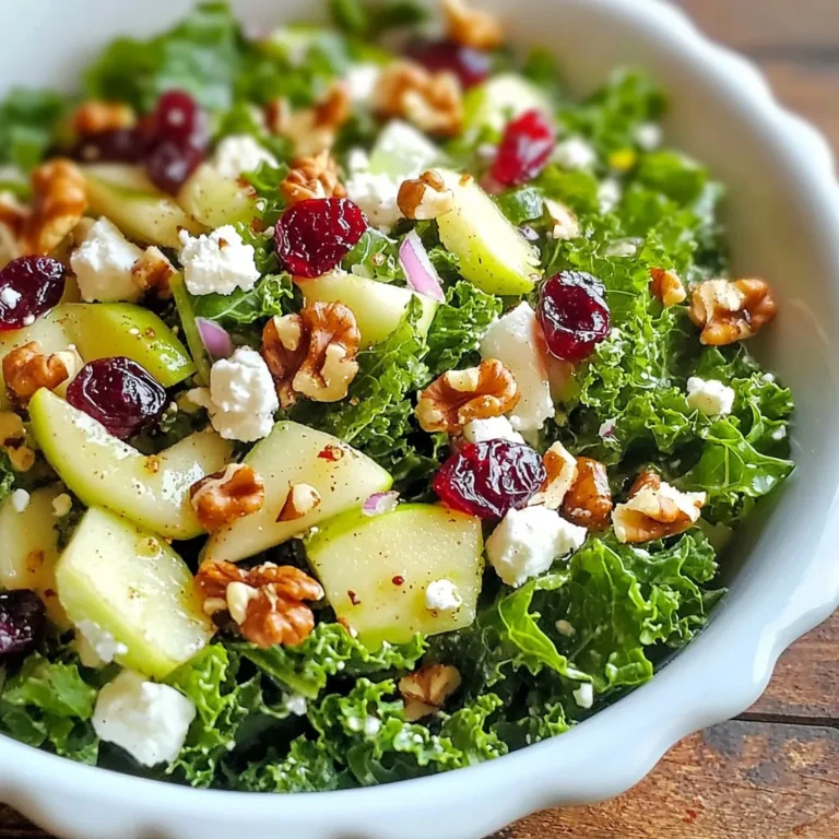 - 4 cups kale, stems removed and chopped - 1 large apple (preferably Granny Smith), cored and diced - 1/2 cup dried cranberries - 1/2 cup toasted walnuts, roughly chopped - 1/4 cup feta cheese, crumbled - 1/4 cup red onion, thinly sliced - 1/4 cup olive oil - 2 tablespoons apple cider vinegar - 1 tablespoon honey or maple syrup The main ingredients in this salad create a perfect balance of flavors and textures. The kale provides a hearty base. It is packed with nutrients. The apple adds a crisp sweetness. I suggest using Granny Smith for a tart bite. Dried cranberries bring a chewy texture and a burst of flavor. Toasted walnuts add crunch and healthy fats. You can also choose optional ingredients. Feta cheese adds a creamy touch. Red onion gives a nice sharpness. Both enhance the salad's taste and style. For the dressing, you need three simple components. Olive oil makes it rich and smooth. Apple cider vinegar brings acidity and brightness. Honey or maple syrup adds a hint of sweetness. This dressing ties all the ingredients together. It makes the salad shine with flavor. When you gather these ingredients, you create a fun and colorful dish. It is simple, fresh, and full of life. {{ingredient_image_1}} To start, rinse the kale under cold water. This removes dirt and grit. After rinsing, pat it dry with a clean towel. Next, remove the tough stems. Chop the leaves into bite-sized pieces. This makes the salad easier to eat. Now, it’s time to massage the kale. In a large bowl, add the chopped kale. Drizzle one tablespoon of olive oil over it. Sprinkle a pinch of salt on top. Now, use your hands to massage the kale for about 2-3 minutes. This helps the kale become tender and a bit wilted. Once the kale is ready, it’s time to mix in the other salad components. Add the diced apple for a sweet crunch. Next, toss in the dried cranberries for a tangy touch. Then, sprinkle the toasted walnuts on top for a nutty flavor. If you like, add crumbled feta cheese to enhance the taste. Finally, add the thinly sliced red onion for some zing. Now, let’s prepare the dressing. In a small bowl, whisk together the remaining olive oil, apple cider vinegar, and honey or maple syrup. Add a little salt and pepper to taste. This dressing will bring all the flavors together. Pour the dressing over the salad. Toss everything well to combine. Make sure each piece of kale gets coated with the dressing. This ensures a burst of flavor in every bite. Let the salad sit for about 10 minutes. This allows the flavors to meld together. The wait is worth it! After the salad rests, it’s ready to serve. Enjoy your fresh and vibrant Kale Apple Cranberry Salad! Best types of apples to use I love using Granny Smith apples for this salad. Their tartness contrasts nicely with the sweet cranberries. You can also try Honeycrisp or Fuji apples. These apples add crispness and sweetness. Choose any apple you enjoy! Adding spices for extra flavor To boost flavor, add a pinch of cinnamon or nutmeg. A little ginger can bring warmth to the dish. You can also sprinkle some cayenne for heat. Just remember, a little goes a long way! Presentation ideas For a great look, serve the salad in a large, shallow bowl. Top it with extra walnuts and cranberries for pops of color. You can also add a sprinkle of feta cheese for a creamy touch. This makes it more inviting and fun! Complementary dishes This salad pairs well with grilled chicken or fish. You can also serve it with a warm quinoa dish. It balances the meal and adds different textures. Enjoy it as a side or a main dish! Health benefits of kale and apples Kale is packed with vitamins A, C, and K. It also has fiber, which is great for digestion. Apples are rich in antioxidants and help keep your heart healthy. Together, they make a powerful and tasty combo! Overview of calorie content One serving of this salad has about 200 calories. Most of these calories come from healthy fats in the walnuts and olive oil. This salad is nutritious and filling without being heavy. Enjoy it guilt-free! Pro Tips Fresh Kale is Key: Choose fresh, vibrant kale for the best flavor and texture. Look for leaves that are deep green and free from blemishes. Massage for Tenderness: Massaging the kale with olive oil and salt helps to break down its tough fibers, making it more palatable and easier to digest. Apple Variations: While Granny Smith apples are tart and crisp, feel free to experiment with other varieties like Honeycrisp or Fuji for a sweeter flavor. Make Ahead: For meal prep, you can prepare the salad ingredients in advance but wait to add the dressing until just before serving to keep the kale crisp. {{image_2}} You can swap walnuts for other nuts. Pecans or almonds add a nice crunch. They also bring new flavors to your salad. If you're nut-free, try sunflower seeds or pumpkin seeds. Both give great texture. Each nut choice gives the salad a unique twist. Feel free to play with different fruits. Instead of apples, pears work well too. They add sweetness and a soft bite. You can also use dried fruits like raisins or cherries. Fresh berries, like blueberries or strawberries, can brighten the dish. Each fruit change brings new flavors and colors to your salad. Mix up the dressing to suit your taste. Try using maple syrup instead of honey for a rich flavor. You can also add herbs like thyme or basil for extra freshness. A bit of mustard can give your dressing a nice kick. These small changes can make a big difference in taste. To keep your salad fresh, store it in an airtight container. This helps prevent wilting. Place the container in the fridge right after serving. If you have leftovers, eat them within 2-3 days. The flavors blend well, but the kale can lose its crispness over time. If you notice sogginess, add a bit more fresh kale before eating. I do not recommend freezing kale salads. Freezing changes the texture of the kale and other fresh ingredients. The apples and cranberries lose their crunch. If you want to save the salad, consider freezing only the dressing. You can use it later on fresh ingredients. Your kale apple cranberry salad will stay fresh for about 2-3 days in the fridge. After that, the quality declines. The kale wilts, and the flavors fade. To enjoy the salad at its best, eat it soon after making it. If you notice any off smells or changes in texture, it’s best to discard it. To make this salad vegan, you can swap honey for maple syrup. This keeps it sweet without using animal products. For the feta cheese, you can use a plant-based cheese or simply leave it out. The salad will still taste great without it. Yes, you can prepare this salad ahead of time. Just keep the dressing separate until you are ready to serve. This will help the kale stay crisp. You can chop the kale, apples, and other ingredients a few hours before. Toss everything together just before serving for the best taste. This salad contains several common allergens. The walnuts may cause issues for those with nut allergies. The feta cheese is a dairy product, so it can affect those with dairy allergies. Always check ingredient labels if you are unsure about allergens. In this post, we explored the ingredients and steps to make a tasty Kale Apple Cranberry Salad. You learned about key ingredients like kale, apples, and dried cranberries, plus optional toppings like feta and red onion. I shared tips to enhance flavor and ways to serve the salad. You also found storage tips and FAQ answers to help you prepare this dish. This salad is not just healthy; it’s easy to customize. Enjoy making it your own!