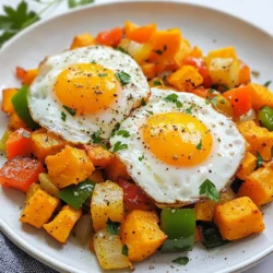 For the base of our hash, use 2 medium sweet potatoes. Peel and dice them into small cubes. Sweet potatoes add natural sweetness and nutrients. They are full of fiber, which helps keep you full. We need a mix of colorful vegetables. Use 1 red bell pepper and 1 green bell pepper, both chopped. Dice 1 small yellow onion as well. Add 3 cloves of minced garlic for flavor. The mix gives great color and taste to your dish. Seasonings bring life to our hash. Use 1 teaspoon of smoked paprika for a nice smoky taste. Add ½ teaspoon of cumin for warmth. Don’t forget salt and pepper to taste. Use 3 tablespoons of olive oil to cook the hash. This helps in browning the sweet potatoes. For protein, we add 4 large eggs. You can fry them sunny side up, over easy, or scrambled. Garnish the dish with fresh chopped parsley for a pop of color. If you like, add avocado slices on the side for extra creaminess. {{ingredient_image_1}} First, peel and dice 2 medium sweet potatoes. Make sure the pieces are small and even. This helps them cook nicely. Heat 3 tablespoons of olive oil in a large skillet over medium heat. Add the sweet potatoes to the pan. Season them with salt, pepper, smoked paprika, and cumin. Toss the sweet potatoes well to coat them in the spices. Cook the sweet potatoes for 10-15 minutes. Stir them every few minutes. You want them to soften and get a nice golden color. After that, add 1 diced yellow onion and 3 minced garlic cloves. Cook these for about 3-4 minutes until the onions turn clear. Then, stir in 1 chopped red bell pepper and 1 chopped green bell pepper. Cook everything together for another 5-7 minutes until all the veggies are tender. In a separate non-stick frying pan, cook 4 large eggs. You can fry them sunny side up, over easy, or scrambled, depending on your taste. This adds a nice touch to your hash. Once the vegetables are ready, taste and add more salt or pepper if needed. Spoon the sweet potato hash onto plates. Top each serving with a fried egg. Garnish with chopped fresh parsley. If you like, add avocado slices on the side for a creamy finish. Enjoy this colorful and hearty meal! To get sweet potatoes just right, start with high heat. Use enough olive oil to coat them well. Make sure you dice them evenly for uniform cooking. Stir them often to avoid burning. Cook them for about 10-15 minutes. Look for a golden-brown color and soft texture. This caramelization adds a rich flavor that makes the hash even better. You can boost flavors in your hash with simple tweaks. Try adding a pinch of cayenne for heat. You could also mix in some fresh herbs like thyme or rosemary. These herbs add depth and freshness. If you like a bit of sweetness, toss in a handful of corn or some diced apples. These flavors combine well with the sweet potatoes and add a nice twist. A colorful dish is always more fun to eat. Use bright bell peppers and fresh parsley for garnish. The red and green peppers contrast beautifully with the orange sweet potatoes. When you serve, top each hash with a sunny egg. The yellow yolk pops and adds to the look. If you add avocado slices, it gives a creamy touch that makes the plate even more inviting. Pro Tips Use Fresh Sweet Potatoes: Choose firm, smooth sweet potatoes for the best texture and sweetness in your hash. Customize Your Veggies: Feel free to add other vegetables like zucchini or spinach for extra nutrition and flavor. Perfect Your Eggs: Experiment with different styles of eggs—poached or scrambled can add a unique twist to your dish. Make It Ahead: Prep the sweet potato and vegetable mix the night before to save time on busy mornings! {{image_2}} You can boost the protein in your sweet potato breakfast hash easily. Try adding cooked sausage or bacon for extra flavor. If you prefer a lighter option, add cooked chicken. For a quick protein fix, consider using canned black beans. Just rinse and toss them in during the last few minutes of cooking. Eggs are another great choice. They add protein and richness. You can fry, scramble, or poach them right on top of the hash. For a vegetarian twist, skip the meat and focus on the veggies. You can add extra bell peppers or some zucchini for a fresh taste. If you are vegan, replace the eggs with tofu. Crumbled firm tofu works well. You can also try chickpeas for a hearty texture. They add protein and fiber, making your dish filling. Use nutritional yeast for a cheesy flavor without dairy. Feel free to mix in other veggies you love. Spinach or kale adds a nice green touch. These greens cook quickly and add nutrients. Mushrooms can bring a savory depth to the dish. Just slice and sauté them with the onions and garlic. Carrots or sweet corn can also sweeten the hash. They add color and crunch, making your meal more appealing. Always remember to cook your add-ins until tender for the best taste. To store leftovers, let the sweet potato hash cool. Use an airtight container for storage. Place it in the fridge. It will stay fresh for up to four days. Keep the eggs separate if possible. This helps maintain their texture. When ready to eat, reheat the hash in a skillet. Add a splash of water or oil to keep it moist. Heat over medium-low heat, stirring often. You can also microwave it in a bowl. Heat for one to two minutes, stirring halfway through. Check that it is hot all the way through. You can freeze the sweet potato hash for longer storage. Use a freezer-safe container or bag. Leave some space for expansion. It can last up to three months in the freezer. To thaw, place it in the fridge overnight. Reheat it as needed after thawing. This method keeps the flavors intact. Yes, you can use regular potatoes. They will taste different but still work well. Just peel and dice them like sweet potatoes. Cook them the same way. They may take a bit longer to soften. To make this recipe dairy-free, skip any cheese or butter. The olive oil keeps it moist and tasty. You can add avocado slices for creaminess. They pair perfectly with the hash. Serve the hash warm on a plate. Top it with a fried egg for protein. Fresh parsley adds color and flavor. Avocado slices on the side give a nice touch. You can enjoy it alone or with toast. The hash lasts about 3 to 5 days in the fridge. Store it in an airtight container. Reheat it in a skillet or microwave before serving. Enjoy it for breakfast or any time of day! This blog post covered all you need to know about making Sweet Potato Breakfast Hash. We discussed the main ingredients, from sweet potatoes to seasonings and garnishes. I shared step-by-step instructions for cooking, plus tips for perfecting your dish. You learned about tasty variations and smart storage methods. In the end, this meal can be flexible and satisfying. Try it your way, and enjoy a delicious breakfast that fits your taste. Happy cooking!