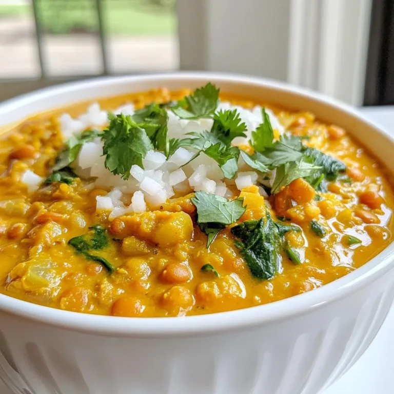 - 1 cup red lentils, rinsed and drained - 1 can (400ml) coconut milk - 1 medium onion, finely chopped - 2 cloves garlic, minced - 1 inch piece of ginger, grated - 1 tablespoon curry powder - 1 teaspoon ground turmeric - 1 teaspoon cumin seeds - Salt and pepper to taste - 1 can (400g) diced tomatoes - 2 cups vegetable broth - Fresh cilantro for garnish - Optional: 1 cup spinach or kale, chopped Each ingredient plays a key role in making this dish tasty. The red lentils are the heart of this curry. They cook quickly and get creamy. Coconut milk gives a rich, smooth texture. Onions, garlic, and ginger add depth and flavor. The spices are where the magic happens. Curry powder brings warmth, while turmeric adds a golden hue and earthy flavor. Cumin seeds add a nutty taste. Use salt and pepper to enhance the flavors. If you want more body, add diced tomatoes and vegetable broth. Fresh cilantro brightens the dish. For extra greens, toss in spinach or kale toward the end. This way, you get more nutrients and color in your meal. This blend of ingredients makes the curry wholesome and full of flavor. {{ingredient_image_1}} Start by heating olive oil in a large pot over medium heat. Add the chopped onion and cook it until it turns translucent. This usually takes about five minutes. The onion will soften and release its sweet flavor. Next, incorporate minced garlic and grated ginger into the pot. Stir in the curry powder, turmeric, and cumin seeds. Cook this mixture for about two minutes. You will notice the spices becoming fragrant, filling your kitchen with a warm aroma. Now, combine one cup of rinsed red lentils, one can of diced tomatoes (with juice), two cups of vegetable broth, and one can of coconut milk in the pot. Mix everything well to ensure the lentils are coated with the liquids. Bring the mixture to a boil. Once it boils, cover the pot and reduce the heat to low. Let it simmer for about 20 to 25 minutes. Stir occasionally to prevent the lentils from sticking to the pot. The goal is for the lentils to become tender and creamy. If you want to add greens, now is the time. Stir in one cup of chopped spinach or kale during the last five minutes of cooking. After that, adjust the seasoning with salt and pepper to taste. Once the lentils are fully cooked and creamy, remove the pot from heat. Serve the curry hot, garnished with fresh cilantro on top. This adds a lovely touch and enhances the dish's flavor. Enjoy your creamy coconut lentil curry! - Best type of lentils to use: For this curry, red lentils are best. They cook quickly and break down nicely, creating a creamy texture. - How to achieve the right consistency: To reach a perfect creamy consistency, keep an eye on the cooking time. Simmer for 20-25 minutes. If it seems too thick, add a bit more vegetable broth or water. - Importance of stirring: Stir the pot often while cooking. This helps prevent the lentils from sticking to the bottom. It also ensures even cooking and blending of flavors. - Suggestions for adding more spice: If you like heat, add a pinch of cayenne or red pepper flakes. This will give your curry a nice kick without overpowering it. - Adding acidity for brightness: A squeeze of lime juice at the end brightens the dish. It balances the creaminess of the coconut milk and enhances all the flavors. - Recommended side dishes: Serve this curry with naan or pita bread. A fresh salad with cucumbers and tomatoes also pairs well. - Pairing with rice or bread: Steamed basmati rice is a classic choice. The rice soaks up the curry and adds extra texture. You can also try quinoa for a nutty twist. Pro Tips Rinse Lentils: Always rinse red lentils thoroughly before cooking to remove any impurities and enhance their flavor. Adjust Consistency: If you prefer a thicker curry, reduce the amount of vegetable broth; for a soupier texture, add more broth or coconut milk. Storage Tips: This curry stores well in the refrigerator for up to 4 days. Reheat gently on the stove, adding a splash of water if needed. Flavor Enhancements: For added depth, consider adding a splash of lime juice or a dash of soy sauce just before serving. {{image_2}} You can add protein to make your creamy coconut lentil curry more filling. Tofu is a great choice. Use firm tofu and cut it into cubes. Sauté the cubes in oil until golden before adding them to the curry. This step gives the tofu a nice texture. Chicken is another option. Cut the chicken into small pieces. Sauté it with onions before adding the spices. Cook until it’s no longer pink. This makes the dish heartier and adds a tasty twist. Adding protein makes it a complete meal. You get good carbs from lentils, healthy fats from coconut milk, and protein from tofu or chicken. Feel free to switch up the veggies in your curry. Spinach or kale adds color and nutrition. If you want more crunch, use bell peppers or carrots. They cook well and keep their texture. For diced tomatoes, you can try fresh tomatoes or even roasted red peppers. They bring a different flavor but still add moisture. You can also use tomato puree for a smoother sauce. This recipe is vegan and gluten-free, which is great for many diets. Use vegetable broth to keep it plant-based. If you want to make this lower in sodium, use low-sodium broth. You can also skip added salt. The spices give it plenty of flavor without needing much salt. Adjust the spices to fit your taste and dietary needs. To store leftovers, let the curry cool first. Transfer it to an airtight container. You can keep it in the fridge for about 4 to 5 days. Before serving, check for any signs of spoilage. If it smells off, discard it. For freezing, use a freezer-safe container. Leave some space for expansion as it freezes. You can freeze the curry for up to 3 months. When ready to eat, thaw it overnight in the fridge. Reheat it on the stove or in the microwave until hot. You can prepare the curry in advance. Cook it fully, then cool it down before storing. Use glass containers for easy reheating. If you want to save time, chop your veggies a day ahead. This way, your cooking will go faster. Cooking lentils is quick and easy. Red lentils usually take about 15 to 20 minutes to cook. If you soak them first, it can reduce the cooking time. Just keep an eye on them to get the right texture. They should be soft but not mushy. Yes, you can make this curry ahead of time. After cooking, let it cool, then store it in the fridge for up to three days. When you reheat, use low heat. Add a splash of water if it seems too thick. Stir well to keep it creamy. This curry pairs well with rice or naan bread. You can also serve it with a fresh salad. For a heartier meal, add some grilled veggies or a side of yogurt. These add nice flavors and textures to the dish. Coconut Lentil Curry is very healthy. Lentils are high in protein and fiber. They help keep you full and satisfied. Coconut milk adds healthy fats, while spices like turmeric have anti-inflammatory benefits. This dish is nutritious and can fit well into a balanced diet. Absolutely! This recipe is very flexible. For a vegan option, it’s already suitable since it uses coconut milk. You can also add tofu for extra protein. If you need it gluten-free, just make sure your broth is gluten-free. Feel free to swap out veggies to fit your diet. This article covered how to make a delicious Coconut Lentil Curry. We explored the key ingredients, the cooking steps, and some helpful tips. You learned about possible add-ins and variations to suit different tastes and diets. Remember, cooking can be flexible, so adjust with your favorite flavors. This dish offers great taste and nutrition. Enjoy making it for yourself or friends. Happy cooking!