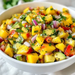 To make a fresh mango avocado salsa, start with these main ingredients: - 1 ripe mango, diced - 2 avocados, diced - 1 red bell pepper, finely chopped - 1 small red onion, finely chopped - 1 jalapeño, deseeded and minced - 2 tablespoons fresh cilantro, chopped - Juice of 2 limes - Salt and pepper to taste - 1 tablespoon olive oil These ingredients bring a bright mix of colors and flavors. The mango gives sweetness, while the avocado adds creaminess. The red bell pepper and onion provide crunch and taste. You can add extra ingredients to boost flavor: - Corn, for sweetness and texture - Tomatoes, for juiciness - Garlic, for a savory kick - Black beans, for protein and fiber These options help you create a more complex salsa. You can mix and match based on what you have or like. The right seasonings can elevate your salsa. Consider these choices: - Lime juice, for tang - Fresh herbs, like mint or parsley - Cumin, for a warm, earthy taste - Chili powder, for extra heat These seasonings enhance the salsa's overall flavor. Taste as you go to find your perfect balance. {{ingredient_image_1}} First, grab your ripe mango. Dice it into small cubes. Then, take your avocados. Cut them and remove the pit. Dice the avocados too, just like the mango. Place both fruits in a large mixing bowl. Next, chop one red bell pepper finely. Add the red bell pepper to the bowl. Now, take a small red onion. Finely chop it and add it to the mix. For a bit of heat, grab one jalapeño. Remove the seeds and mince it. Add the minced jalapeño to the bowl for a spicy kick. Now we mix! Sprinkle the chopped cilantro over the diced fruits and veggies. Squeeze the juice of two limes into the bowl. This adds bright flavor. Drizzle one tablespoon of olive oil over the mix. Season with salt and pepper to taste. Gently toss all the ingredients together. Be careful not to mash the avocado; we want a nice chunky texture. After mixing, taste your salsa. Adjust the seasoning if needed. You might want more lime juice or salt. Let the salsa sit for about 10-15 minutes. This helps the flavors blend together. When ready to serve, place the salsa in a colorful bowl. Garnish with extra cilantro and lime wedges. Serve it with tortilla chips or use it as a topping for grilled fish or chicken. Enjoy your fresh and tasty mango avocado salsa! To choose ripe mangoes, look for a slight give when you press them. The skin should have a nice golden hue, with some red or green depending on the variety. For avocados, pick ones that feel slightly soft but not mushy. The skin should be dark and may have some bumps. A ripe avocado will yield gently to pressure. Both fruits should smell sweet at the stem end. To keep your salsa fresh, store it in an airtight container. Place a piece of plastic wrap directly on the surface before sealing. This helps prevent browning. Keep it in the fridge and enjoy within two days for best taste. If you have leftovers, avoid adding lime juice until you are ready to serve. This keeps the flavors bright. For a twist, try adding diced cucumbers or corn for crunch. You can also mix in a spoonful of honey for sweetening. If you want more heat, add more jalapeño or a pinch of cayenne pepper. For depth, consider adding a splash of vinegar or a pinch of cumin. These simple additions can elevate your salsa to new heights. Pro Tips Choose Ripe Fruits: Ensure your mango and avocados are perfectly ripe for the best flavor and texture. A ripe mango should yield slightly to pressure, and avocados should feel soft but not mushy. Adjust the Heat: If you prefer a milder salsa, omit the jalapeño or use a small amount. For extra heat, keep the seeds or add a pinch of cayenne pepper. Let It Rest: Allowing the salsa to sit for 10-15 minutes before serving enhances the flavors as the ingredients meld together beautifully. Perfect Pairing: This mango avocado salsa pairs wonderfully with grilled fish, chicken, or served as a dip with tortilla chips for a refreshing appetizer. {{image_2}} Adding fruit can make your salsa sweeter. Try diced pineapple or strawberries. These fruits give a nice contrast to the savory flavor of the salsa. They add bright colors and fun textures, too. You can mix and match fruits to find your favorite blend. The spice level is key for many. If you like it hot, add more jalapeño. You could also try diced serrano peppers for a different heat. For a milder salsa, skip the jalapeño or use sweet bell peppers. Adjusting the heat helps you get the flavor you want. Dietary needs can change your salsa. If you’re vegan, this recipe is perfect as is. You can also swap lime juice for lemon juice if that’s what you have. For those avoiding onions, try green onions instead. Get creative to fit your taste and needs! Store any leftover mango avocado salsa in an airtight container. This keeps it fresh and prevents odor absorption. If you have extra lime juice, add a splash to slow browning. Place the container in the fridge right away. I do not recommend freezing mango avocado salsa. The texture of the avocado changes when frozen. This can make the salsa watery and mushy. If you want to save it, try freezing the mango and other ingredients separately. Mango avocado salsa lasts about 2 to 3 days in the fridge. After this time, the avocado may brown and lose its appeal. Check for any off smells or changes in texture before eating. Always trust your senses to keep safe and enjoy. Yes, you can make Mango Avocado Salsa ahead of time. Prepare it up to four hours before serving. Just store it in the fridge. This keeps it fresh and safe. The flavors blend well when it sits. However, the avocados may brown slightly. To slow this, squeeze extra lime juice over the mix. This keeps the color bright and fresh. Mango Avocado Salsa pairs well with many foods. Here are some ideas: - Tortilla chips for dipping. - Grilled chicken for a tasty topping. - Fish tacos to add a fresh twist. - A side for steak or pork. - On top of salads for added flavor. These options make your meal fun and delicious. Yes, Mango Avocado Salsa is very healthy. It uses fresh, whole ingredients. Mango adds vitamins A and C. Avocados provide healthy fats and fiber. The red onion and bell pepper add antioxidants. Plus, lime juice boosts flavor without extra calories. This salsa is a great choice for snacks or meals. Enjoy it guilt-free! Mango avocado salsa is easy to make and fun to eat. We explored the main and optional ingredients, seasoning choices, and step-by-step instructions for a perfect mix. I shared tips on selecting ripe fruit and storing salsa. You can also try various flavors and textures. Whether you want a sweet kick or a spicy twist, there’s a version for you. Remember, this salsa stays fresh and tasty in your fridge. Enjoy making it your way!