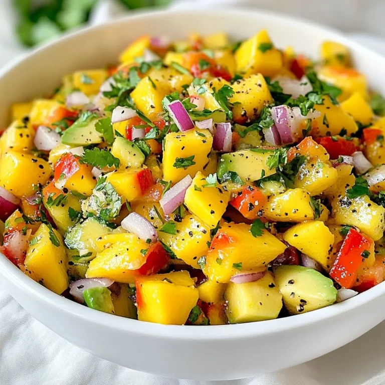 To make a fresh mango avocado salsa, start with these main ingredients: - 1 ripe mango, diced - 2 avocados, diced - 1 red bell pepper, finely chopped - 1 small red onion, finely chopped - 1 jalapeño, deseeded and minced - 2 tablespoons fresh cilantro, chopped - Juice of 2 limes - Salt and pepper to taste - 1 tablespoon olive oil These ingredients bring a bright mix of colors and flavors. The mango gives sweetness, while the avocado adds creaminess. The red bell pepper and onion provide crunch and taste. You can add extra ingredients to boost flavor: - Corn, for sweetness and texture - Tomatoes, for juiciness - Garlic, for a savory kick - Black beans, for protein and fiber These options help you create a more complex salsa. You can mix and match based on what you have or like. The right seasonings can elevate your salsa. Consider these choices: - Lime juice, for tang - Fresh herbs, like mint or parsley - Cumin, for a warm, earthy taste - Chili powder, for extra heat These seasonings enhance the salsa's overall flavor. Taste as you go to find your perfect balance. {{ingredient_image_1}} First, grab your ripe mango. Dice it into small cubes. Then, take your avocados. Cut them and remove the pit. Dice the avocados too, just like the mango. Place both fruits in a large mixing bowl. Next, chop one red bell pepper finely. Add the red bell pepper to the bowl. Now, take a small red onion. Finely chop it and add it to the mix. For a bit of heat, grab one jalapeño. Remove the seeds and mince it. Add the minced jalapeño to the bowl for a spicy kick. Now we mix! Sprinkle the chopped cilantro over the diced fruits and veggies. Squeeze the juice of two limes into the bowl. This adds bright flavor. Drizzle one tablespoon of olive oil over the mix. Season with salt and pepper to taste. Gently toss all the ingredients together. Be careful not to mash the avocado; we want a nice chunky texture. After mixing, taste your salsa. Adjust the seasoning if needed. You might want more lime juice or salt. Let the salsa sit for about 10-15 minutes. This helps the flavors blend together. When ready to serve, place the salsa in a colorful bowl. Garnish with extra cilantro and lime wedges. Serve it with tortilla chips or use it as a topping for grilled fish or chicken. Enjoy your fresh and tasty mango avocado salsa! To choose ripe mangoes, look for a slight give when you press them. The skin should have a nice golden hue, with some red or green depending on the variety. For avocados, pick ones that feel slightly soft but not mushy. The skin should be dark and may have some bumps. A ripe avocado will yield gently to pressure. Both fruits should smell sweet at the stem end. To keep your salsa fresh, store it in an airtight container. Place a piece of plastic wrap directly on the surface before sealing. This helps prevent browning. Keep it in the fridge and enjoy within two days for best taste. If you have leftovers, avoid adding lime juice until you are ready to serve. This keeps the flavors bright. For a twist, try adding diced cucumbers or corn for crunch. You can also mix in a spoonful of honey for sweetening. If you want more heat, add more jalapeño or a pinch of cayenne pepper. For depth, consider adding a splash of vinegar or a pinch of cumin. These simple additions can elevate your salsa to new heights. Pro Tips Choose Ripe Fruits: Ensure your mango and avocados are perfectly ripe for the best flavor and texture. A ripe mango should yield slightly to pressure, and avocados should feel soft but not mushy. Adjust the Heat: If you prefer a milder salsa, omit the jalapeño or use a small amount. For extra heat, keep the seeds or add a pinch of cayenne pepper. Let It Rest: Allowing the salsa to sit for 10-15 minutes before serving enhances the flavors as the ingredients meld together beautifully. Perfect Pairing: This mango avocado salsa pairs wonderfully with grilled fish, chicken, or served as a dip with tortilla chips for a refreshing appetizer. {{image_2}} Adding fruit can make your salsa sweeter. Try diced pineapple or strawberries. These fruits give a nice contrast to the savory flavor of the salsa. They add bright colors and fun textures, too. You can mix and match fruits to find your favorite blend. The spice level is key for many. If you like it hot, add more jalapeño. You could also try diced serrano peppers for a different heat. For a milder salsa, skip the jalapeño or use sweet bell peppers. Adjusting the heat helps you get the flavor you want. Dietary needs can change your salsa. If you’re vegan, this recipe is perfect as is. You can also swap lime juice for lemon juice if that’s what you have. For those avoiding onions, try green onions instead. Get creative to fit your taste and needs! Store any leftover mango avocado salsa in an airtight container. This keeps it fresh and prevents odor absorption. If you have extra lime juice, add a splash to slow browning. Place the container in the fridge right away. I do not recommend freezing mango avocado salsa. The texture of the avocado changes when frozen. This can make the salsa watery and mushy. If you want to save it, try freezing the mango and other ingredients separately. Mango avocado salsa lasts about 2 to 3 days in the fridge. After this time, the avocado may brown and lose its appeal. Check for any off smells or changes in texture before eating. Always trust your senses to keep safe and enjoy. Yes, you can make Mango Avocado Salsa ahead of time. Prepare it up to four hours before serving. Just store it in the fridge. This keeps it fresh and safe. The flavors blend well when it sits. However, the avocados may brown slightly. To slow this, squeeze extra lime juice over the mix. This keeps the color bright and fresh. Mango Avocado Salsa pairs well with many foods. Here are some ideas: - Tortilla chips for dipping. - Grilled chicken for a tasty topping. - Fish tacos to add a fresh twist. - A side for steak or pork. - On top of salads for added flavor. These options make your meal fun and delicious. Yes, Mango Avocado Salsa is very healthy. It uses fresh, whole ingredients. Mango adds vitamins A and C. Avocados provide healthy fats and fiber. The red onion and bell pepper add antioxidants. Plus, lime juice boosts flavor without extra calories. This salsa is a great choice for snacks or meals. Enjoy it guilt-free! Mango avocado salsa is easy to make and fun to eat. We explored the main and optional ingredients, seasoning choices, and step-by-step instructions for a perfect mix. I shared tips on selecting ripe fruit and storing salsa. You can also try various flavors and textures. Whether you want a sweet kick or a spicy twist, there’s a version for you. Remember, this salsa stays fresh and tasty in your fridge. Enjoy making it your way!