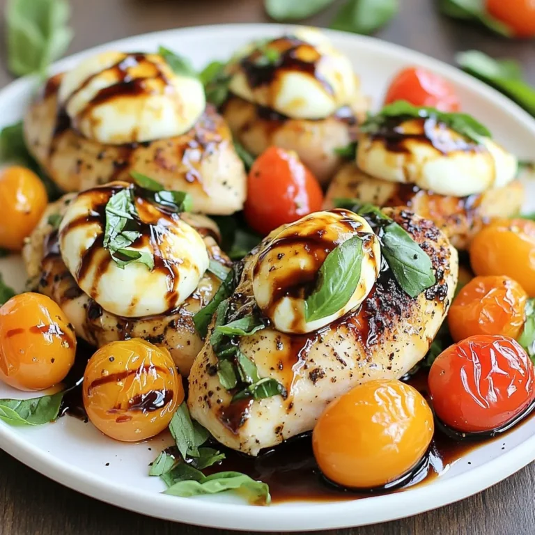 - 4 boneless, skinless chicken breasts - 1 cup cherry tomatoes, halved - 1 cup fresh mozzarella balls, halved - 1/4 cup fresh basil leaves, chopped - 2 tablespoons olive oil - 3 tablespoons balsamic glaze - 3 cloves garlic, minced - Salt and pepper to taste - 1 teaspoon Italian seasoning (optional) The main ingredients in this dish create a tasty balance. The chicken breasts serve as a great protein base. Their mild taste lets the other flavors shine. Cherry tomatoes add sweetness and a burst of color. Fresh mozzarella brings a creamy texture that melts beautifully. Lastly, fresh basil gives a bright, herby touch. In the pantry staples, olive oil is perfect for cooking. It helps brown the chicken and adds flavor. Balsamic glaze provides a sweet and tangy finish. Garlic adds depth to the dish, making it savory and aromatic. For seasonings, salt and pepper are key. They enhance the natural flavors of the ingredients. If you want an extra kick, add Italian seasoning. It brings a mix of herbs that complement the dish well. Gather these ingredients to create a delightful Caprese Chicken Skillet that is sure to impress! {{ingredient_image_1}} First, I heat olive oil in a large skillet over medium-high heat. This sets the stage for cooking. Next, I season the chicken breasts with salt, pepper, and Italian seasoning if I choose to use it. This little step adds a lot of flavor. Once the oil is hot, I add the chicken breasts to the skillet. I brown them for about 5 to 7 minutes on each side. It's key to watch for a golden brown color. After that, I check the internal temperature with a meat thermometer. The chicken must reach 165°F to be safe to eat. Once done, I remove the chicken from the skillet and set it aside. In the same skillet, I add minced garlic and sauté it for about 30 seconds until it smells great. Then, I toss in the halved cherry tomatoes. I cook them for 3 to 4 minutes, letting them soften and release their juices. After this, I reduce the heat to low and return the cooked chicken to the skillet. I layer the fresh mozzarella balls on top and let them melt for about 2 to 3 minutes. Finally, I drizzle balsamic glaze over the chicken and sprinkle with chopped basil for a fresh touch. Now, it’s ready to serve! To get that perfect golden brown chicken, start with a hot skillet. Use medium-high heat and add olive oil first. Season the chicken well with salt and pepper. If you want extra flavor, sprinkle some Italian seasoning. Cook the chicken for about 5-7 minutes on each side. You’ll know it's done when the inside hits 165°F. A meat thermometer works best for this. Signs of doneness for chicken include the juices running clear. If you cut into it and see pink, it needs more time. Trust your thermometer, but don’t skip the visual check too. Caprese Chicken Skillet pairs well with many sides. Serve it with a fresh salad or garlic bread for a full meal. You can also add some steamed veggies for color and nutrients. For presentation, layer the chicken on a bright plate. Drizzle some balsamic glaze over the top. Sprinkle fresh basil leaves for a nice touch. This will not only look good but also smell amazing! You can make this dish your own by adding vegetables. Spinach, zucchini, or bell peppers work well. Just toss them in with the garlic and tomatoes. Swapping cheeses is another fun option. Try using goat cheese or feta for a twist. You can also change the glaze to a honey or citrus glaze for a different flavor. Each change adds a new layer of taste to your meal! Pro Tips Perfect Chicken Cooking: Make sure your chicken breasts are all the same thickness for even cooking. You can pound them to an even thickness if needed. Freshness is Key: Use fresh basil and high-quality mozzarella for the best flavor. Fresh ingredients elevate the dish! Customize the Glaze: Feel free to adjust the amount of balsamic glaze based on your preference. A little extra can enhance the sweetness and acidity. Serving Suggestions: Serve with crusty bread or a side salad to soak up the delicious juices and complete the meal. {{image_2}} To store Caprese Chicken Skillet, let it cool first. Place it in an airtight container. Make sure to cover it well. This helps keep the flavors fresh. Store it in the fridge for up to three days. If you want it to last longer, consider freezing. When reheating, keep the chicken moist. The best way is in a skillet. Heat it on low. Add a splash of water or broth to help. Cover the skillet to trap steam. This will keep the chicken juicy. You can also use a microwave. Just cover the dish with a damp paper towel. Heat in short bursts to avoid drying it out. To freeze Caprese Chicken Skillet, cool it completely first. Place it in a freezer-safe bag or container. Remove as much air as possible. Label the container with the date. It can stay frozen for up to three months. When ready to eat, thaw it in the fridge overnight. Reheat it gently as mentioned above. This keeps the chicken tasty and safe. Yes, you can use chicken thighs. They add a richer flavor thanks to their higher fat content. Chicken thighs also stay moist during cooking. However, they take a few extra minutes to cook through. Aim for an internal temperature of 165°F as with breasts. If you don’t have mozzarella, try fresh burrata or ricotta. They both offer creamy textures. You can also use provolone or gouda for a different taste. Keep in mind that each cheese has a unique flavor, which changes the dish a bit. To cut calories, use less oil when cooking. You can also reduce the amount of cheese. Try using low-fat mozzarella or skipping it altogether. Adding more veggies like spinach or zucchini can fill you up without adding many calories. Each serving of Caprese Chicken Skillet has about 400 calories. Here’s the breakdown per serving: - Fats: 20 grams - Proteins: 40 grams - Carbohydrates: 10 grams This dish is rich in proteins, making it great for muscle building. The healthy fats come from olive oil and mozzarella. Chicken provides lean protein, which helps you feel full. It supports muscle growth and repair. Basil adds a fresh flavor and has antioxidants. It can help with inflammation and digestion. Tomatoes are packed with vitamins, especially vitamin C. They also have lycopene, which is good for your heart. If you want a gluten-free meal, this dish fits perfectly. It has no gluten ingredients. For a low-carb option, you can skip the balsamic glaze or use less. If you follow a dairy-free diet, try using vegan cheese or skip the mozzarella. This way, you can enjoy the flavors without the dairy. This blog post covered how to make a tasty Caprese Chicken Skillet. We looked at the main ingredients, including juicy chicken and fresh basil. You learned how to prepare the chicken, cook it to perfection, and create delicious flavors with garlic and mozzarella. I shared tips for serving, storing leftovers, and even answering common questions. In the end, you can enjoy a meal that is not only quick but also healthy. Try making this dish your own with various flavors or sides. Happy cooking!