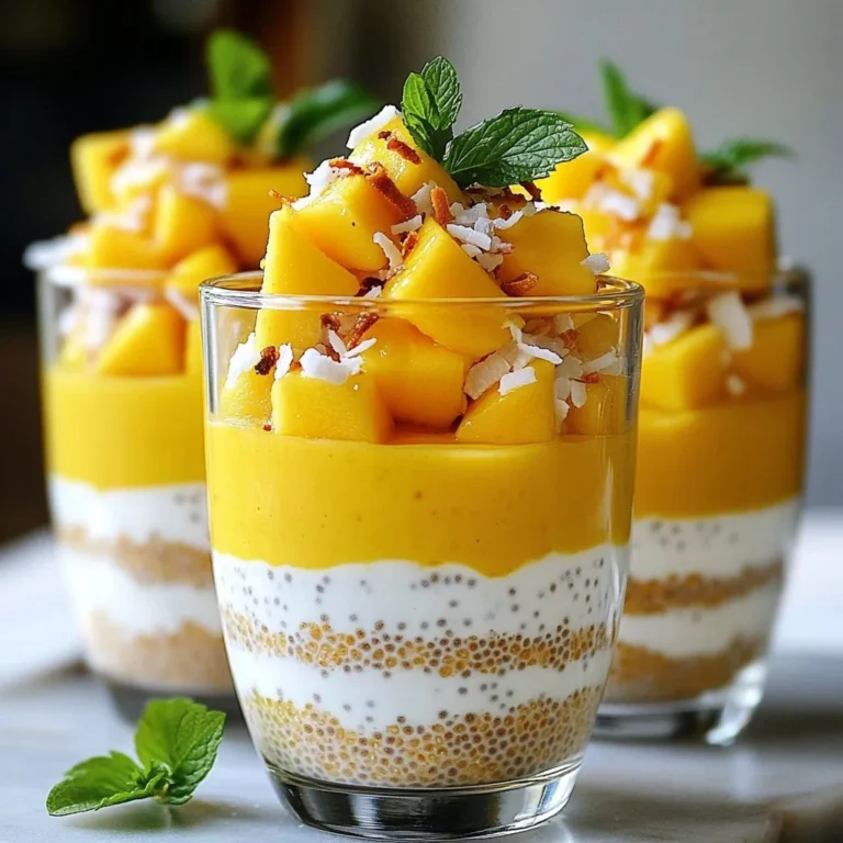 - 1 cup coconut milk (canned or carton) - 1/4 cup chia seeds - 2 tablespoons maple syrup (or honey) - 1 ripe mango, diced (reserve a small amount for topping) - 1/2 teaspoon vanilla extract - A pinch of sea salt These ingredients create a creamy and sweet treat. Coconut milk gives a rich flavor. Chia seeds add a fun texture and are super healthy. Maple syrup or honey sweetens the pudding just right. The ripe mango brings a burst of freshness. - Fresh mint leaves for garnish - Toasted coconut for topping You can use fresh mint leaves to add color and flavor. Toasted coconut gives a nice crunch on top. These are not must-haves, but they do make your pudding more special. {{ingredient_image_1}} 1. In a medium bowl, whisk together the coconut milk, maple syrup, and vanilla extract until smooth. This will create a sweet and creamy base for your pudding. 2. Next, add the chia seeds and a pinch of sea salt to the mixture. Stir well to make sure the chia seeds spread evenly. This helps them absorb liquid properly. 3. Cover your bowl with plastic wrap or a lid. Refrigerate for at least 4 hours, or better yet, leave it overnight. This time allows the chia seeds to soak up the coconut milk and thicken the mixture. 1. Once the chia pudding has set, give it a stir. If it’s too thick, whisk in a bit more coconut milk until you reach your favorite consistency. 2. To serve, layer the pudding in cups or bowls. Start with a layer of pudding, then add a layer of diced mango. Repeat this until your cups are filled to the top. 3. Finally, top with the reserved mango pieces. For a pop of color and flavor, add fresh mint leaves as a garnish. - Choosing the right mango for sweetness: Pick a ripe mango. It should give slightly when you press it. The skin color can vary, but a sweet mango often has a yellow hue. Smell the stem end; a sweet aroma means it’s ready. - Alternatives for sweeteners: If you want a different sweetness, try maple syrup or honey. Both add flavor and work well. Use them in the same amount as the recipe calls for. Adjust to taste if you like it sweeter. - How to avoid clumping of chia seeds: To keep chia seeds from clumping, stir them well right after adding to the mixture. Make sure they are fully mixed with the liquid. You can also whisk them again after a few minutes. This helps them separate. - Adjusting pudding consistency: If your pudding is too thick, just whisk in more coconut milk. Start with a tablespoon at a time until you reach the right texture. Aim for a creamy, smooth pudding that is easy to scoop. Pro Tips Chia Seed Soaking: Ensure the chia seeds are allowed to soak long enough, ideally overnight, to achieve the perfect pudding-like texture. Mango Ripeness: Choose a ripe mango for the best flavor; it should be slightly soft to the touch and fragrant. Coconut Milk Variation: Experiment with different types of coconut milk; full-fat coconut milk will yield a creamier pudding, while light coconut milk will be lighter in texture. Garnish for Presentation: Add a sprinkle of toasted coconut or a drizzle of honey on top before serving for an appealing look and extra flavor. {{image_2}} You can boost the flavor of your mango coconut chia pudding in fun ways. - Adding Other Fruits: Try mixing in berries like strawberries or blueberries. You can also add banana slices for extra sweetness. Each fruit brings a new taste and color. - Infusing Flavors with Spices: Want to spice it up? Sprinkle in some cinnamon or nutmeg. These spices add warmth and depth to the pudding. Just a pinch can make a big difference. This chia pudding can fit many diets. - Vegan Options: This recipe is already vegan-friendly! Use maple syrup instead of honey to keep it plant-based. - Sugar-Free Options: If you want to cut sugar, skip the sweeteners. The ripe mango adds natural sweetness. You can also use a sugar-free sweetener if you prefer. Feel free to mix and match these variations to make your pudding just right! Store leftover chia pudding in an airtight container. This keeps it fresh and safe. Make sure to cover it tightly with a lid. You can also use plastic wrap if you don't have a lid. This way, the pudding won’t absorb other smells from the fridge. Chia pudding lasts about 3 to 5 days in the fridge. After that, it may lose texture and flavor. Always check for any signs of spoilage before eating. If you see any mold or strange smells, it's best to toss it. Enjoy your mango coconut chia pudding while it's fresh! Chia pudding is a simple dish made with chia seeds. These tiny seeds soak in liquid and form a gel-like texture. You mix them with milk or a milk substitute, sweetener, and flavorings. It is a fun and healthy treat that you can enjoy any time of day. Chia pudding needs at least 4 hours to set. For the best results, leave it overnight. This allows the chia seeds to absorb the liquid fully. You will then get a thick, creamy pudding that is ready to eat. Yes, you can use different types of milk. Almond milk, soy milk, or oat milk all work well. If you want a richer taste, stick with coconut milk. Each type of milk will change the flavor a bit, so feel free to experiment! Chia pudding is very healthy! Chia seeds are packed with fiber, protein, and omega-3 fatty acids. They help keep you full and support digestion. Using coconut milk adds healthy fats, while mango adds vitamins and minerals. This treat is both nutritious and tasty! This article guided you through making delicious chia pudding. You learned about key ingredients like coconut milk and mango. We covered steps for easy preparation and serving. Tips helped you avoid clumping and adjust texture. Variations let you explore flavors and dietary needs. In the end, chia pudding is simple, tasty, and healthy. Enjoy experimenting with this versatile dish in your kitchen!