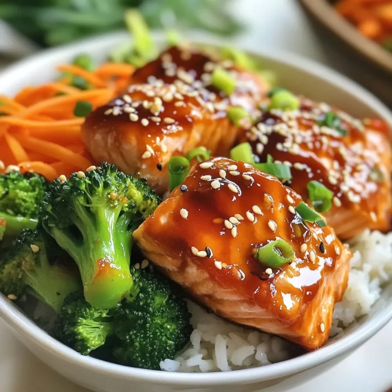 To create delicious teriyaki salmon rice bowls, you need the following key ingredients: - 2 salmon fillets (about 6 oz each) - 1 cup jasmine rice - 2 cups water or vegetable broth - 1/4 cup teriyaki sauce (store-bought or homemade) - 1 tablespoon sesame oil - 1 cup steamed broccoli florets - 1/2 cup shredded carrots - 1/4 cup edamame (shelled) - 2 green onions, chopped - Toasted sesame seeds for garnish - Fresh cilantro or parsley for garnish (optional) - Salt and pepper to taste These ingredients blend well to create a meal that is both tasty and nutritious. The salmon provides healthy fats and proteins. Jasmine rice adds a light, fragrant base. The teriyaki sauce gives a sweet and savory touch that enhances the dish. Adding vegetables like broccoli and carrots ensures you get plenty of vitamins. Edamame contributes protein and fiber, making this meal balanced and filling. Experiment with your favorite veggies or garnishes. You can use bell peppers, snap peas, or even avocado. The beauty of this dish is its flexibility, allowing you to customize it to your taste. Enjoy the process of cooking, and feel free to make it your own! {{ingredient_image_1}} To start, rinse the jasmine rice under cold water. Keep rinsing until the water runs clear. This step removes extra starch, making the rice fluffy. Next, combine the rinsed rice and 2 cups of water or vegetable broth in a medium pot. Bring it to a boil over high heat. Once it starts bubbling, turn the heat down low. Cover the pot and let it simmer for 15 minutes. After cooking, remove it from the heat. Let it rest, covered, for another 10 minutes. This resting time helps the rice absorb any remaining water. While the rice cooks, it’s time to marinate the salmon. Place the two salmon fillets in a shallow dish. Pour 1/4 cup of teriyaki sauce over the fillets. Make sure they are well-coated. Let the salmon sit at room temperature for about 10-15 minutes. This short time helps the fish soak up the flavors. For cooking, heat 1 tablespoon of sesame oil in a large skillet over medium-high heat. Carefully remove the salmon from the marinade, but keep the marinade for later. Place the salmon skin-side down in the skillet. Cook it for about 4-5 minutes. Then, flip the fillets and cook for another 3-4 minutes. The salmon should be cooked through and flaky. During the last minute, drizzle the reserved marinade over the salmon. This adds extra flavor. Once the rice is ready, fluff it with a fork. Season it with salt and pepper to taste. Divide the rice evenly into two serving bowls. On top of the rice, place a salmon fillet. Add steamed broccoli, shredded carrots, and edamame to each bowl. Arrange the vegetables nicely to make the meal look appealing. Finally, it’s time to garnish. Sprinkle chopped green onions and toasted sesame seeds over the bowls. If you want, add fresh cilantro or parsley for more flavor. Serve the bowls warm. Enjoy your delicious teriyaki salmon rice bowls! To cook salmon well, timing is key. Salmon needs about 10 minutes of total cooking time. Start with skin-side down in a hot skillet. Cook it for 4-5 minutes, then flip. The salmon should be flaky and opaque when done. Use a thermometer; the ideal internal temperature is 145°F. Want to boost the flavor? Try adding ginger or garlic to the teriyaki sauce. A dash of red pepper flakes adds heat. You could also mix in some honey for extra sweetness. Experiment with different spices like five-spice powder or sesame seeds. You can use broth instead of water for richer rice. Broth adds more flavor and depth to your dish. If you have a rice cooker, it makes cooking even easier. Just add the rinsed rice and broth, and let the machine do its job. This way, you can focus on cooking the salmon and prepping the veggies. Pro Tips Marinate for Maximum Flavor: Let the salmon marinate for at least 15 minutes to absorb the teriyaki flavor fully. For even better results, marinate it in the refrigerator for up to an hour. Perfectly Cooked Rice: Ensure the rice is rinsed thoroughly to remove excess starch, which helps prevent it from becoming gummy. Using vegetable broth instead of water can add an extra layer of flavor. Vegetable Variations: Feel free to mix in different vegetables like bell peppers, snap peas, or zucchini to switch up the texture and flavor of your rice bowl. Serving Suggestions: For a complete meal, consider serving these bowls with a side of miso soup or a simple seaweed salad to enhance the Japanese dining experience. {{image_2}} You can easily swap salmon for chicken or tofu. Chicken works well with teriyaki sauce. Use boneless chicken thighs for juicy flavor. Cook them until they reach 165°F. Tofu is a great choice for a plant-based option. Firm tofu soaks up the sauce well. Press it first to remove extra water. Then, cut it into cubes and marinate like salmon. Cook until golden brown for a tasty bite. Adding more veggies makes your bowl even better. Try bell peppers for a sweet crunch. Snap peas add a nice snap and color. You can also use zucchini or bok choy for extra nutrients. Just steam or sauté them quickly. This gives your meal a colorful look and added health benefits. If you want to make your own teriyaki sauce, it is simple! Combine these ingredients: - 1/4 cup soy sauce - 2 tablespoons honey or maple syrup - 1 tablespoon rice vinegar - 1 teaspoon minced garlic - 1 teaspoon grated ginger Mix them in a small bowl. Heat in a pot until it thickens. Use this sauce to marinate your salmon, chicken, or tofu. It adds a fresh twist to your meal. To keep your teriyaki salmon rice bowls fresh, use airtight containers. Place the cooked salmon and rice in separate containers. This helps maintain texture. Store everything in the fridge. Use your leftovers within three days for the best taste. When reheating, I recommend using a microwave. Place the rice in a bowl, add a little water, and cover it. Heat in 30-second bursts until warm. For the salmon, put it on a plate. Heat in the microwave for 20 seconds, then check. If it’s not warm, heat in 10-second increments. This keeps the salmon moist. If you want to prep meals ahead of time, freezing is a great option. For freezing, wrap each salmon fillet in plastic wrap. Place the wrapped salmon in a freezer bag. For rice, let it cool before putting it in a freezer-safe container. Label your bags with the date. Use within three months for the best flavor. Yes, you can use frozen salmon for this recipe. Just make sure to thaw it first. To thaw, place the salmon in the fridge overnight or submerge it in cold water for about an hour. Once thawed, pat it dry before marinating. This helps the teriyaki sauce stick better. You can serve a variety of sides with teriyaki salmon rice bowls. Here are some great ideas: - Miso soup for a warm starter. - Seaweed salad for a fresh crunch. - Pickled vegetables for a tangy contrast. - Sautéed greens like spinach or bok choy for added nutrition. Leftovers from your teriyaki salmon rice bowls can stay fresh in the fridge for about three days. Store them in an airtight container. If you want to keep them longer, you can freeze the salmon and rice separately. Just make sure to label them with the date. Yes, you can make teriyaki salmon rice bowls gluten-free. Use gluten-free teriyaki sauce or make your own with tamari instead of soy sauce. Check that the rice and sesame oil are gluten-free as well. This way, you can enjoy the same great flavors without the gluten. This blog post covered how to make delicious teriyaki salmon rice bowls. We looked at key ingredients like salmon, rice, and teriyaki sauce. I shared easy steps for preparing the rice, marinating, and cooking the salmon. You learned tips for cooking and flavoring, plus tasty variations and storage ideas. Now you can make and enjoy this dish at home. With practice, you will impress your friends and family with your cooking skills. Dive in and start your culinary adventure today. Good luck!