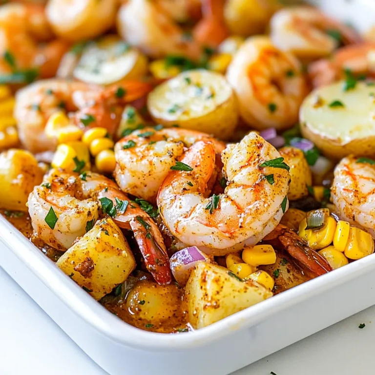 To make a tasty sheet pan shrimp boil, gather these ingredients: - 1 lb large shrimp, deveined and shelled - 1 lb baby potatoes, halved - 2 ears of corn, cut into thirds - 1 bell pepper, diced (any color) - 1 small red onion, diced - 4 cloves garlic, minced - 3 tablespoons olive oil - 2 tablespoons Cajun seasoning - 1 teaspoon smoked paprika - 1 tablespoon lemon juice - Salt and pepper to taste - Fresh parsley, chopped, for garnish Fresh ingredients make a big difference in flavor. Fresh shrimp taste sweet and tender. Fresh vegetables add crunch and color. When you use fresh garlic, it packs a punch of flavor. Always choose fresh over canned or frozen when you can. This choice helps your dish shine and taste bright. You can swap some ingredients if needed. Use frozen shrimp if fresh is not available. Just thaw and drain them first. For potatoes, you can use sweet potatoes or even cauliflower. If you want a different veggie, try zucchini or asparagus. You can also change the spices. If you do not have Cajun seasoning, you can use Old Bay or chili powder. Get creative and make it your own! {{ingredient_image_1}} First, gather your ingredients. You will need shrimp, baby potatoes, corn, bell pepper, red onion, garlic, olive oil, Cajun seasoning, smoked paprika, lemon juice, salt, and pepper. Make sure to preheat your oven to 400°F (200°C). Line a large baking sheet with parchment paper. This makes cleanup easier. 1. In a large bowl, mix the halved baby potatoes with 2 tablespoons of olive oil. Add salt, pepper, and 1 tablespoon of Cajun seasoning. Toss until the potatoes are well coated. 2. Spread the potatoes in a single layer on the baking sheet. Roast them for 20 minutes. 3. While the potatoes cook, take another bowl. Combine shrimp, corn, diced bell pepper, diced red onion, and minced garlic. Add the remaining olive oil, Cajun seasoning, smoked paprika, lemon juice, salt, and pepper. Toss this mixture well. 4. After 20 minutes, take the baking sheet from the oven. Add the shrimp and vegetable mix over the potatoes. 5. Return the baking sheet to the oven. Roast everything for another 10 to 15 minutes. The shrimp should turn opaque and be fully cooked. 6. Finally, remove the pan from the oven. Garnish with fresh chopped parsley before serving. Keep an eye on the shrimp. They cook quickly, so don’t overdo it. The potatoes should be tender when you check them. Use a fork to test. Adjust your cooking time as needed. If you like crispy edges, broil for a few minutes at the end. To make the best shrimp boil, start with fresh shrimp. Look for shrimp that are pink and firm. Deveining is a must, as it makes them cleaner and tastier. Next, choose small potatoes. Baby potatoes cook fast and stay tender. Cut them in half for even cooking. Don’t forget the corn! It adds sweetness and crunch. Cut the ears into thirds so they fit well on your pan. Use a blend of Cajun seasoning and smoked paprika for a spicy kick. This mix brings out the flavors of the shrimp and veggies. Always taste and adjust the salt and pepper to your liking. For this recipe, you need a large rimmed baking sheet. It holds all the ingredients well. Parchment paper is a game changer for easy cleanup. A large mixing bowl helps you combine everything easily. Use a sharp knife for chopping vegetables and a cutting board for safety. A garlic press makes mincing garlic quicker. If you have it, a meat thermometer can help check the shrimp’s doneness. Aim for 120°F (49°C) to ensure they are just right. Garnishing makes your dish look great! Chopped fresh parsley adds a pop of color. It also gives a fresh taste. Serve the dish straight from the pan for a casual feel. You can also use a large platter for a more polished look. Don’t forget lemon wedges! They offer a zesty touch and brighten the flavor. Pair your shrimp boil with crusty bread or a light salad for balance. Enjoy this meal with friends and family! Pro Tips Fresh Shrimp is Best: Always choose fresh shrimp if possible, as it enhances the flavor and texture of the dish. Customizable Veggies: Feel free to swap out the bell pepper and onion for your favorite vegetables, such as zucchini or asparagus. Perfectly Cooked Potatoes: Ensure the potatoes are cut to similar sizes for even cooking. Test with a fork before adding shrimp. Serving Suggestions: Pair with crusty bread or a simple salad to balance the meal and soak up the delicious juices. {{image_2}} You can swap shrimp for other proteins. Consider using scallops for a sweet taste. Crab legs also work well if you want a special dish. Chicken thighs add heartiness and are easy to cook. Just adjust the cooking time for each protein. For firm fish, like salmon, cut it into chunks. This way, it cooks evenly with the veggies. The beauty of a sheet pan shrimp boil is its flexibility. In summer, fresh zucchini or squash adds great flavor. Fall calls for sweet potatoes or Brussels sprouts. You can also use green beans or asparagus in spring. Just cut them to size so they cook well with the shrimp. This keeps your meal fresh and in season. To boost flavors, try adding different spices. Instead of Cajun seasoning, use Old Bay for a seafood twist. A dash of chili flakes gives it a spicy kick. Fresh herbs like thyme or dill can add a bright note. For a tangy twist, squeeze more lemon juice before serving. Experimenting with flavors makes each meal unique and fun. To store leftovers, let the shrimp boil cool first. Place it in an airtight container. Make sure to cover it tightly. This keeps the flavors fresh and prevents odors. You can keep leftovers in the fridge for up to two days. If you want to keep them longer, freeze the dish. Use freezer-safe containers or bags. Label them with the date. When you’re ready to eat, reheat the dish gently. You can use the microwave or the oven. For the microwave, place the food in a bowl. Heat it for short bursts, stirring in between. For the oven, preheat it to 350°F (175°C). Spread the shrimp boil on a baking sheet. Cover it with foil to keep it moist. Heat for about 10-15 minutes or until warm. The shrimp boil lasts up to two days in the fridge. If frozen, it can last for up to three months. Make sure to check for any off smells or changes in texture before eating. Always trust your senses. If it looks or smells funny, it’s best to toss it. You can tell shrimp are done when they turn pink and opaque. Their shape will curl slightly. This usually takes about 10 to 15 minutes in the oven. Use a meat thermometer if needed; the inside should reach 120°F. Overcooking shrimp makes them tough and chewy. Keep an eye on them as they cook. Yes, you can use peeled shrimp for a sheet pan shrimp boil. Peeled shrimp cook faster and are easier to eat. Just adjust your cooking time. You can use any large shrimp, whether frozen or fresh. If using frozen shrimp, thaw them first for best results. Serve your shrimp boil with crusty bread or garlic bread. A fresh green salad adds a nice crunch. Lemon wedges give a zesty touch. You can also try a creamy dipping sauce for extra flavor. For a drink, serve iced tea or lemonade to keep things refreshing. In this post, we explored how to make a great shrimp boil. We looked at key ingredients and their freshness. I shared steps for preparation and cooking. You got tips for serving and variations to try. Proper storage was also covered, so your leftovers stay fresh. Use these tips to create a delicious dish that everyone enjoys. Don’t hesitate to experiment with your favorite flavors. Cooking should be fun and tasty!