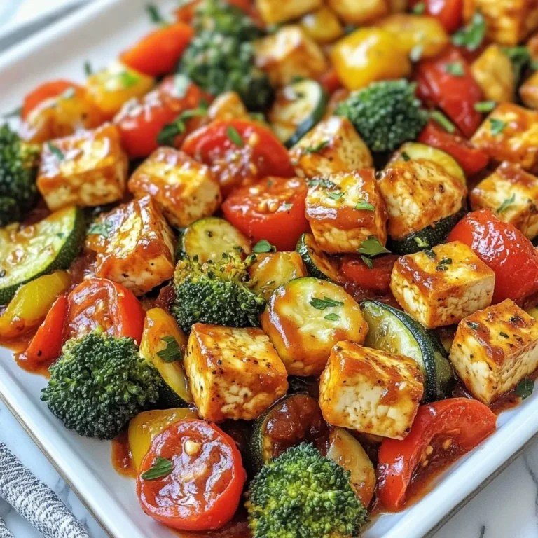 For this easy recipe, gather these ingredients: - 14 oz firm tofu, pressed and cubed - 1 red bell pepper, sliced - 1 zucchini, sliced - 1 cup broccoli florets - 1 cup cherry tomatoes, halved - 1 small red onion, sliced - 1/4 cup barbecue sauce (your favorite brand) - 2 tablespoons olive oil - 1 teaspoon garlic powder - 1 teaspoon smoked paprika - Salt and pepper to taste - Fresh parsley for garnish (optional) Tofu comes in different types. Firm tofu works best for this dish. It holds its shape well. Look for tofu that feels dense and sturdy. Check the expiration date to ensure freshness. You can also look for organic options for better quality. Remember, the right tofu makes a big difference in texture. The BBQ sauce adds a lot of flavor. I love using a sweet and tangy sauce. Look for one that matches your taste. Here are some great options to try: - Classic hickory barbecue sauce - Spicy chipotle barbecue sauce - Smoky mesquite barbecue sauce - Honey BBQ sauce (if not vegan) Feel free to explore local brands too. Each sauce can change the dish's taste. Choose the one you like best for a boost of flavor. {{ingredient_image_1}} Start with firm tofu. Press it to remove excess liquid. Wrap it in a clean towel and place a heavy object on top. Let it sit for about 15 minutes. This step helps the tofu get crispy. After pressing, cut the tofu into 1-inch cubes. In a large bowl, mix the cubed tofu with olive oil, garlic powder, smoked paprika, salt, and pepper. Toss until all pieces are coated well. For the veggies, choose fresh and vibrant ones. Slice the red bell pepper and zucchini into even pieces. This helps them cook at the same rate. Cut the broccoli into small florets. Halve the cherry tomatoes and slice the red onion. Add all these veggies to the bowl with tofu. Drizzle your favorite barbecue sauce over everything. Gently toss to coat the veggies and tofu evenly. Preheat your oven to 400°F (200°C). Line a large sheet pan with parchment paper. This makes cleanup easy. Spread the tofu and veggie mix evenly on the pan. Make sure they are in a single layer. Bake for 25-30 minutes. Stir halfway through to ensure even cooking. The tofu should be crispy, and the veggies tender. Once done, let it cool for a couple of minutes. Garnish with fresh parsley if you like. Serve warm and enjoy! To get crispy tofu, start with firm tofu. Press it well to remove extra water. This helps it absorb flavors and get that nice crunch. Once pressed, cube the tofu. Toss it in olive oil, garlic powder, smoked paprika, salt, and pepper. Make sure each piece is coated well. Spread the tofu on the sheet pan evenly. Bake it at 400°F for 25 to 30 minutes. Stir halfway through for even cooking. The edges will crisp up perfectly. You can change the taste easily. Try using different BBQ sauces. A sweet sauce adds a nice glaze. A spicy sauce can give it a kick. You might also add herbs or spices like cumin or chili powder for more depth. If you want a fresh twist, squeeze some lemon juice before serving. Fresh herbs like cilantro or basil can add a bright note too. Mix and match to find your perfect flavor. Pair this dish with simple sides. Cooked rice or quinoa makes a great base. You can also serve it with a fresh salad. A light vinaigrette adds a nice touch. For dips, try hummus or a yogurt sauce. These add creaminess to the meal. You could also serve it with pita bread for a fun twist. Adding a crunchy coleslaw can give your meal extra texture. Enjoy exploring different combinations. Pro Tips Press Tofu Well: Make sure to press the tofu for at least 30 minutes to remove excess moisture. This helps it absorb flavors and achieve a crispy texture when baked. Use a Variety of Veggies: Feel free to mix and match your favorite vegetables. Cauliflower, asparagus, or carrots work great and add different textures and flavors. Adjust BBQ Sauce to Taste: Depending on your preference, you can add more or less barbecue sauce. For a spicier kick, try adding a dash of hot sauce or cayenne pepper. Serve with Grain: This dish pairs well with quinoa, rice, or even a fresh salad. It can be a complete meal when served with a hearty grain for extra sustenance. {{image_2}} You can swap out veggies based on what you have. Try using: - Carrots, sliced thin - Asparagus, cut into pieces - Cauliflower florets - Sweet potatoes, cubed - Green beans, trimmed These choices add new flavors and colors. Each vegetable brings its own taste and texture. This dish is already vegan and gluten-free with the right ingredients. Use gluten-free BBQ sauce if needed. Check the label on your sauce. You can also add chickpeas for extra protein. They roast well and taste great with BBQ. Want more heat? Add crushed red pepper flakes or jalapeños. You can sprinkle some on before baking. For a milder dish, skip the spicy additions. The garlic and smoked paprika give good flavor without heat. Adjust the spices to fit your taste. Cooking should be fun and personal! To keep your leftovers fresh, let them cool first. Use an airtight container. Store the tofu and veggies in the fridge. They stay good for about 3 to 5 days. Make sure to separate the barbecue sauce if you want to keep the taste bright. To reheat, use your oven for the best results. Preheat it to 350°F (175°C). Spread the tofu and veggies on a baking sheet. Heat for about 10-15 minutes until warm. You can also use the microwave if you're in a hurry. Just heat in short bursts to avoid sogginess. You can freeze leftovers, but texture may change. Pack in a freezer-safe bag or container. Remove as much air as possible. Use within 2 to 3 months for the best flavor. To thaw, place it in the fridge overnight before reheating. You should cook this dish for 25 to 30 minutes. Bake it at 400°F (200°C). Stir halfway through to ensure even cooking. The veggies should be tender. The tofu should be crispy on the edges. Yes, you can use non-vegan ingredients. Swap the tofu for chicken or pork if you prefer. You can also use regular barbecue sauce instead of a vegan option. Just keep an eye on the cooking time. Adjust as needed for different proteins. Many side dishes go well with this meal. Consider serving it with rice or quinoa for extra carbs. A fresh salad adds a nice crunch. You can also serve it with garlic bread or roasted potatoes. These sides balance the flavors nicely. To cook in an air fryer, preheat it to 375°F (190°C). Toss the tofu and veggies in a bowl as before. Spread them in the air fryer basket in a single layer. Cook for about 15 to 20 minutes. Shake the basket halfway through for even cooking. Enjoy the crispy results! You now have all the tools to make Sheet Pan BBQ Tofu and Veggies. We covered the key ingredients, tips for preparation, and even ways to customize flavors. You learned how to store leftovers and reheat them for the best taste. No matter your taste, there are plenty of variations to explore. Enjoy this dish as a healthy, easy meal option. I hope you try it and make it your own!
