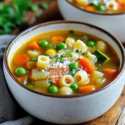 To make this hearty soup, gather these main ingredients: - 1 tablespoon olive oil - 1 medium onion, diced - 2 cloves garlic, minced - 2 medium carrots, diced - 2 celery stalks, diced - 1 zucchini, diced - 1 cup green beans, chopped - 1 cup diced tomatoes (fresh or canned) - 6 cups vegetable broth - 1 can (15 oz) kidney beans, drained and rinsed - 1 cup frozen peas - 1 tablespoon dried oregano - 1 tablespoon dried basil - Salt and pepper to taste - 1 cup small pasta (like ditalini or elbow macaroni) - Fresh parsley, chopped (for garnish) Each ingredient adds flavor and nutrition. The beans provide protein, while the vegetables give fiber and vitamins. You can mix it up with optional ingredients. Here are some ideas: - Spinach or kale for extra greens - Bell peppers for sweetness - Corn for a pop of color - Sweet potatoes for a hearty twist Feel free to swap veggies based on what you have. This soup is very flexible! Herbs and spices make your soup shine. Here are a few tips: - Add a bay leaf for depth of flavor. - Try thyme for an earthy note. - A pinch of red pepper flakes gives a nice kick. Using fresh herbs can also uplift the dish. Add them near the end for the best flavor. {{ingredient_image_1}} First, gather your ingredients. You will need: - 1 tablespoon olive oil - 1 medium onion, diced - 2 cloves garlic, minced - 2 medium carrots, diced - 2 celery stalks, diced - 1 zucchini, diced - 1 cup green beans, chopped - 1 cup diced tomatoes - 6 cups vegetable broth - 1 can kidney beans - 1 cup frozen peas - 1 tablespoon dried oregano - 1 tablespoon dried basil - Salt and pepper to taste - 1 cup small pasta - Fresh parsley for garnish Chop all your veggies before you start cooking. This helps make the process smooth and quick. - In a large pot, heat the olive oil over medium heat. - Add the diced onion and sauté until it turns soft and clear, about 5 minutes. - Stir in the minced garlic, diced carrots, and celery. Cook for 3-4 minutes until they soften. - Add the zucchini, green beans, and diced tomatoes. Stir well and cook for another 5 minutes. - Pour in the vegetable broth and bring it to a gentle boil. - Once boiling, add the kidney beans, frozen peas, oregano, basil, salt, and pepper. - Lower the heat and let it simmer for about 15 minutes. - Mix in the small pasta and keep simmering until it is al dente, around 8-10 minutes. - Taste and adjust seasoning if needed. When ready, remove the pot from heat. Let the soup sit for a few minutes. Serve it hot in deep bowls. Garnish each bowl with chopped parsley. For extra flavor, sprinkle some grated Parmesan cheese on top if you like. Enjoy your warm, veggie-packed comfort! To make your veggie packed minestrone soup shine, think about layers of flavor. Start by sautéing onions in olive oil. This step adds a rich base. Don’t rush! Cook them until soft. Next, add garlic and let it cook just until fragrant. This boosts the taste. For texture, use a mix of fresh and frozen veggies. Fresh veggies give crunch, while frozen peas add sweetness. For a deeper flavor, add a splash of lemon juice before serving. One common mistake is overcooking the pasta. Add it last to keep it firm. Also, don’t skip the seasoning. Salt and pepper enhance all the flavors. Taste as you cook. This helps you adjust the spices to your liking. Lastly, avoid using too many heavy veggies. Stick to a balance of light and hearty ingredients for the best results. Minestrone soup is great on its own, but you can make it a full meal! Pair it with crusty bread or a fresh salad. A simple side salad with mixed greens adds freshness. You can also serve it with a sprinkle of grated Parmesan cheese. This adds creaminess and richness. For a fun twist, try a grilled cheese sandwich. The warm, gooey cheese contrasts well with the hot soup. Enjoy your comforting dish! Pro Tips Use Fresh Vegetables: For the best flavor and nutritional value, choose fresh, in-season vegetables. They will enhance the overall taste of your minestrone soup. Customize with Protein: Add cooked chicken, turkey, or tofu to increase the protein content. This makes the soup more filling and satisfying. Adjusting Consistency: If you prefer a thicker soup, blend a portion of the soup and return it to the pot. This adds creaminess without the need for cream. Make it Ahead: Minestrone soup tastes even better the next day! Prepare it in advance and store it in the refrigerator for up to three days to let the flavors meld. {{image_2}} To make this soup gluten-free, swap the pasta for gluten-free options. You can use rice or quinoa instead. These grains blend well with the soup's flavors. Make sure to check the broth for gluten. Using certified gluten-free broth ensures you stay safe. You can boost the protein in your minestrone. Add diced chicken, turkey, or sausage. Cook the meat first before adding the vegetables. For a vegetarian option, try tofu or tempeh. Both add great texture and flavor. You can also use canned chickpeas or lentils for plant-based protein. This soup is very flexible! You can swap in any seasonal vegetables. In the spring, add peas and asparagus. In the summer, try corn and bell peppers. Fall is perfect for butternut squash or pumpkin. Winter calls for root vegetables like parsnips or sweet potatoes. Each season brings a new taste to your minestrone. Enjoy the variety! To keep your veggie packed minestrone soup fresh, use airtight containers. Let the soup cool completely before you store it. This helps prevent moisture buildup. Label your containers with the date you made the soup. Store it in the fridge for up to five days. You can freeze minestrone soup for later use. Divide the soup into portions before freezing. Use freezer-safe bags or containers to save space. Remove as much air as you can from the bags. The soup can last up to three months in the freezer. When you are ready to enjoy the soup, thaw it in the fridge overnight. To reheat, pour the soup into a pot over medium heat. Stir it often to heat evenly. You can also use the microwave, but stir halfway through. Add a splash of broth or water if the soup is too thick. Enjoy your warm, hearty meal! Minestrone soup is a hearty Italian dish. It is full of veggies, beans, and pasta. The soup has roots in peasant cooking. It uses what is in season and available. This makes each pot unique and fresh. You can find many recipes, but they all share the same idea: a veggie-packed meal. Yes, you can use fresh vegetables! Fresh veggies often add better flavor and texture. Just remember to chop them into small pieces. This helps them cook evenly. If you want to use frozen veggies, that works too. They are convenient and still healthy. Minestrone soup lasts about 3 to 5 days in the fridge. Store it in an airtight container to keep it fresh. When you want to eat it again, just reheat it on the stove or in the microwave. Absolutely! A slow cooker is perfect for minestrone. Just add all your ingredients, like broth and veggies, to the pot. Set it on low for 6 to 8 hours. You’ll have a warm, tasty soup ready when you get home. Just add the pasta in the last 30 minutes of cooking. This blog post shared all you need for a great veggie-packed minestrone soup. We covered essential ingredients and fun variations. I showed you how to prepare, cook, and serve the soup perfectly. Plus, I shared tips to boost flavor and prevent mistakes. Remember, you can customize it to your taste and needs. With right storage, you can keep enjoying this soup for days. Get cooking, and enjoy this warm, hearty dish!