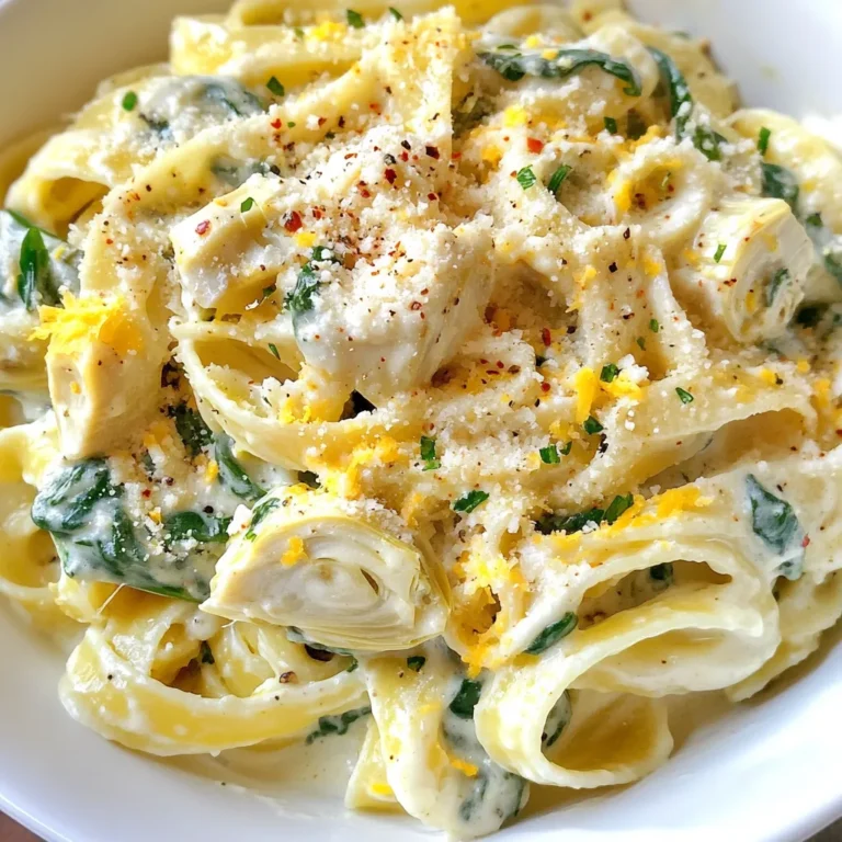 - Pasta and Vegetables - 12 oz fettuccine pasta - 1 can (14 oz) artichoke hearts, drained and quartered - 4 cups fresh spinach leaves - Dairy Products - 1 cup cream cheese, softened - 1 cup vegetable broth - 1/2 cup heavy cream - 1/2 cup grated Parmesan cheese - Seasonings and Oils - 2 cloves garlic, minced - 1/2 teaspoon crushed red pepper flakes (adjust to taste) - Salt and pepper to taste - 2 tablespoons olive oil - Fresh basil, for garnish (optional) This creamy spinach artichoke pasta shines with its rich flavors and easy prep. You’ll love how simple it is to gather these ingredients. Start with fettuccine for a perfect base. Artichoke hearts and fresh spinach add texture and color. The cream cheese and heavy cream create a smooth sauce that hugs the pasta. Don’t forget the garlic! It gives a lovely aroma. The crushed red pepper flakes add a gentle kick. Use salt and pepper to bring everything together. Olive oil helps sauté the garlic and spinach, making them fragrant and delicious. If you want an extra touch, fresh basil makes a lovely garnish. This dish is not only tasty but also a feast for the eyes! Enjoy making it as much as you enjoy eating it. {{ingredient_image_1}} First, bring a large pot of water to a boil. Add 12 ounces of fettuccine pasta to the pot. Cook the pasta according to the package instructions until it is al dente. This usually takes about 8-10 minutes. Once it’s done, drain the pasta in a colander. Set it aside while you prepare the sauce. Next, grab a large skillet and heat 2 tablespoons of olive oil over medium heat. Add 2 cloves of minced garlic to the skillet. Sauté the garlic for about 1 minute until it smells great. Then, add 4 cups of fresh spinach leaves. Cook the spinach for about 2-3 minutes until it wilts and looks bright green. After that, add the quartered artichoke hearts from a 14-ounce can. Stir everything together gently. Now, lower the heat to low. It’s time to make the creamy sauce. Add 1 cup of softened cream cheese to the skillet. Pour in 1 cup of vegetable broth and 1/2 cup of heavy cream. Stir continuously until the cream cheese melts and the sauce becomes smooth and creamy. Then, mix in 1/2 cup of grated Parmesan cheese and 1/2 teaspoon of crushed red pepper flakes. Season with salt and pepper to taste. If your sauce seems too thick, just add a bit more vegetable broth to loosen it. Finally, add the drained fettuccine to your creamy sauce. Toss the pasta gently to coat it fully in that rich sauce. Cook for an additional 2-3 minutes until everything is hot. If you like, you can garnish the dish with fresh basil before serving. To get the perfect creamy sauce, start by adjusting its thickness. If your sauce feels too thick, add a bit more vegetable broth. Stir it in slowly until you reach your desired creaminess. On the other hand, if it's too thin, let it simmer for a few minutes. This helps it thicken nicely. Balancing flavors is key to a great sauce. Use salt and pepper to enhance the taste. The crushed red pepper flakes add a nice kick. Adjust these seasonings based on your preference. Taste as you go to find the right mix. For the best texture, ensure your pasta is al dente. This means it should be firm but not hard when you bite into it. To achieve this, follow the package instructions. Usually, cooking for about 8 to 10 minutes works well. Make sure to taste it a minute or two before the time is up. This helps you avoid overcooking. Garnishing can elevate your dish. Fresh basil looks great and adds flavor. Just sprinkle some on top before serving. You can also use extra grated Parmesan for a cheesy touch. For plate presentation, use a large spoon to twirl the pasta. This creates a beautiful nest in the center of your plate. A drizzle of olive oil around the edge adds a nice finish. Serve with a side salad for a complete meal. Pro Tips Use Fresh Spinach: Fresh spinach will provide a vibrant flavor and color to your dish. If using frozen spinach, be sure to thaw and drain it well to avoid excess moisture. Adjust Creaminess: If you prefer a lighter sauce, reduce the amount of cream cheese and heavy cream, or substitute with Greek yogurt for a tangy twist. Flavor Boost: Enhance the dish by adding a squeeze of lemon juice or a dash of nutmeg to the sauce for an extra layer of flavor. Perfect Pasta Toss: For better sauce adherence, reserve a bit of pasta cooking water before draining. Adding a splash can help the sauce cling to the pasta beautifully. {{image_2}} You can change the pasta to fit your taste. If you want something gluten-free, try rice noodles or quinoa pasta. Whole grain or chickpea pasta adds a nutty flavor and boosts fiber too. For vegetables, you can swap fresh spinach with kale or arugula. You can also add bell peppers, mushrooms, or even zucchini. These swaps keep the dish fresh and exciting. To make your meal heartier, consider adding protein. Grilled chicken or sautéed shrimp complement the creamy sauce well. Cut the chicken into bite-sized pieces and cook it before adding to the pasta. If you prefer vegetarian options, chickpeas or lentils work great. Adding white beans gives extra protein and a nice texture. Tofu is also an excellent choice for a plant-based twist. Changing the cheese can elevate your dish. Try using mozzarella or ricotta for a creamier texture. Feta or goat cheese adds a tangy twist that can surprise your taste buds. Boost flavor with spices and herbs. Consider adding thyme, oregano, or fresh parsley for a burst of freshness. A squeeze of lemon juice brings brightness to the dish. Don't be afraid to experiment and find your favorite mix! After enjoying your creamy spinach artichoke pasta, you might have some leftovers. To store them properly, let the pasta cool down first. This helps prevent excess moisture. Once cool, place the pasta in an airtight container. Refrigerate it for up to three days. Make sure to seal the lid tightly. This keeps the flavors fresh and stops the pasta from drying out. When you’re ready to enjoy your leftovers, reheating them correctly is key. I recommend using a skillet for the best results. Add a splash of vegetable broth or cream to the pasta. Heat it over low to medium heat, stirring gently. This method helps keep the sauce creamy. Avoid the microwave if you can, as it might dry out the pasta. If you want to save your pasta for later, freezing is a great choice. You can freeze the cooked pasta with the sauce. Just make sure to cool it first. Store it in a freezer-safe container. You can also freeze them separately if you prefer. When ready to eat, thaw overnight in the fridge. Reheat as mentioned above for the best taste. You can make this dish lighter by using low-fat cream cheese. Substituting half-and-half for heavy cream also helps reduce calories. You might try using vegetable broth instead of cream cheese for a base. Adding more spinach and artichokes can boost fiber and nutrients without adding many calories. Yes, you can use frozen spinach. Just thaw and drain it well before adding it to the dish. Frozen spinach has a different texture than fresh but will still taste great. Make sure to squeeze out excess water to keep the sauce creamy. Fettuccine is great for this recipe, but other pasta types work too. You can use penne, rigatoni, or even spaghetti. Choose a pasta that holds sauce well to enjoy every bite of creamy goodness. The creamy sauce can last up to three days in the fridge. Make sure to store it in an airtight container. Reheat gently on the stove or in the microwave, adding a splash of broth if it thickens too much. In this post, we explored the key ingredients, cooking steps, and storage tips for a creamy pasta dish. We covered how to cook pasta perfectly and make a rich sauce that delights the taste buds. Remember, you can customize your dish by swapping ingredients or adding protein. Enjoy experimenting with flavors and make your dish unique! Use these tips to impress your family and friends.