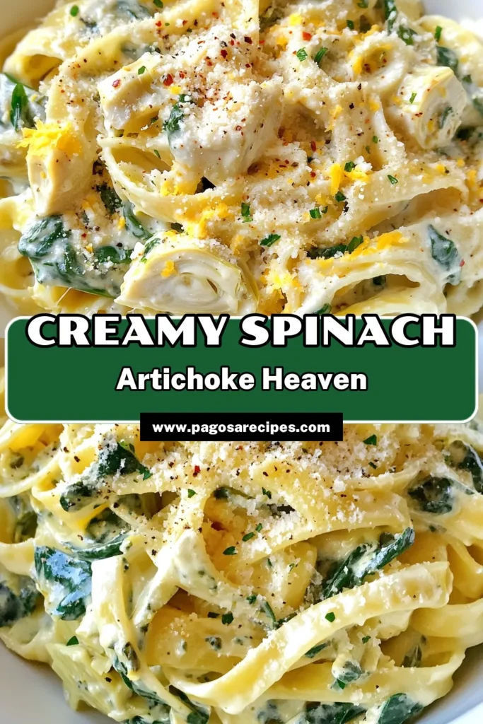 Savor the deliciousness of Creamy Spinach Artichoke Pasta, a delightful dish that's perfect for weeknight dinners! This Spinach Artichoke Fettuccine combines fettuccine pasta with fresh spinach, artichokes, and a rich, creamy sauce. It's an ideal choice for easy pasta recipes and vegetarian pasta dishes. Ready in just 30 minutes, this recipe is sure to become a family favorite. Save this yummy Creamy Pasta Sauce recipe for your next meal! #PastaRecipes #Vegetarian #EasyCooking #DeliciousDishes