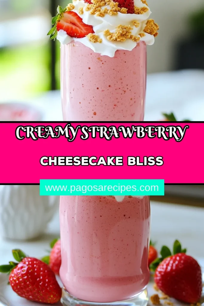 Indulge in a refreshing Strawberry Cheesecake Smoothie that brings the flavors of your favorite dessert to a healthy drink! This easy smoothie recipe combines fresh or frozen strawberries with creamy Greek yogurt and a hint of cream cheese for a deliciously thick texture. Perfect for summer, this healthy strawberry smoothie is ready in just 10 minutes. Check it out and save for later! #SmoothieRecipes #HealthyEating #SummerTreats #StrawberryGoodness