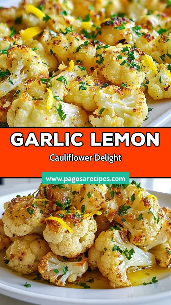 Discover the delightful flavors of Garlic Lemon Roasted Cauliflower, a must-try in your collection of healthy cauliflower recipes. This easy cauliflower side dish is perfect for any meal, featuring roasted cauliflower infused with garlic and zesty lemon. It's a simple yet flavorful vegan cauliflower dish that everyone will love. Bake it in the oven for a delicious treat! Save this recipe now and elevate your veggie game! #GarlicLemonRoastedCauliflower #HealthyCauliflowerRecipes #VeganCauliflowerDishes #EasyCauliflowerSideDishes