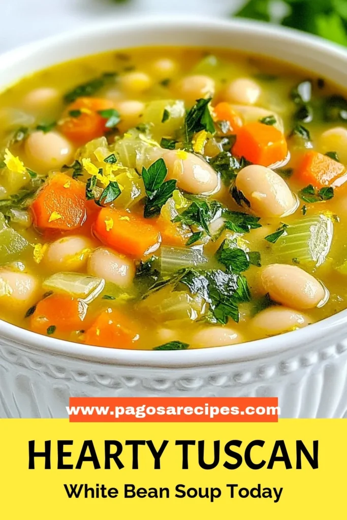 Discover the deliciousness of Tuscan white bean soup, a healthy bean soup recipe perfect for any occasion. This easy vegetable soup recetas features creamy cannellini beans, fresh veggies, and aromatic herbs for a flavorful vegetarian soup recipe. Enjoy a bowl of comfort that’s ready in under 40 minutes. Save this recipe and make wholesome meals today! #TuscanWhiteBeanSoup #HealthyRecipes #VegetarianSoup #CannelliniBeans