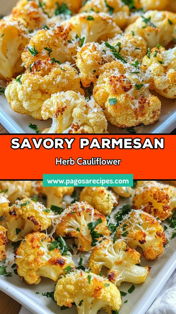 Discover the ultimate Parmesan roasted cauliflower recipe that's perfect for any meal! This easy cauliflower side dish combines savory garlic Parmesan cauliflower florets with fragrant herbs for a delicious flavor experience. Baked cauliflower with cheese only takes 40 minutes to prepare, making it a fantastic choice for weeknight dinners. Try this herb roasted cauliflower and impress your guests! Save this recipe now! #CauliflowerRecipe #HealthySides #RoastedVeggies #EasyCooking