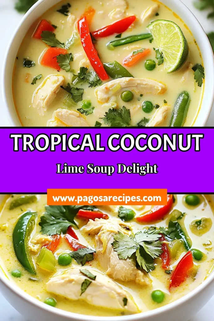 Looking for a delicious twist on a classic dish? Try this Coconut Lime Chicken Soup! This easy chicken soup recipe combines tender chicken thighs with rich coconut milk soup, perfect for a Thai-inspired meal. Bursting with flavors from lime, ginger, and fresh veggies, it's a comforting bowl your family will love. Click to discover the recipe and save to your favorites for a cozy dinner idea! #CoconutLimeChickenSoup #ChickenSoupRecipe #EasyChickenSoup #ThaiInspiredSoup