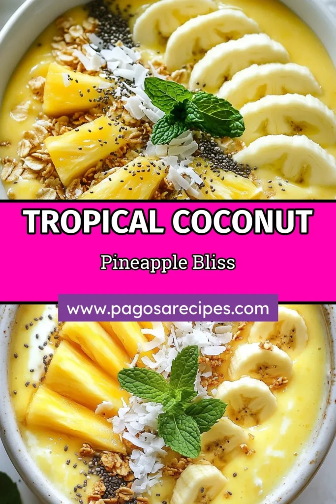 Dive into the tropical vibes with this Coconut Pineapple Smoothie Bowl recipe! Perfect for breakfast or a refreshing snack, this dairy-free smoothie bowl is not only simple but packed with flavor. Customize with healthy smoothie bowl toppings like fresh fruit, granola, and chia seeds for added texture. Try this easy smoothie bowl recipe today and enjoy a taste of paradise! Save and share now! #SmoothieBowl #TropicalRecipes #HealthyEating #DairyFreeCooking