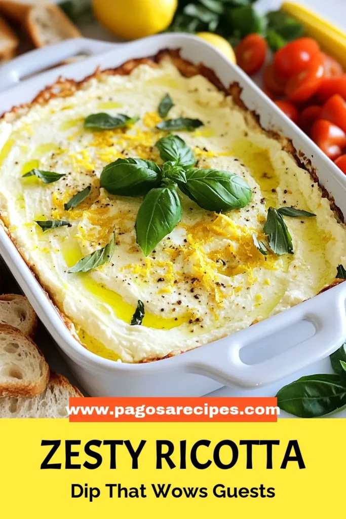 Discover the ultimate crowd-pleaser with this zesty lemon ricotta dip! This easy appetizer dip recipe combines creamy ricotta and cream cheese with freshly squeezed lemon juice and basil for a baked ricotta cheese dip that's perfect warm. Indulge in this creamy lemon dip recipe at your next gathering. Try it today and impress your guests! #LemonRicottaDip #AppetizerRecipes #BakedDip #CheeseLovers