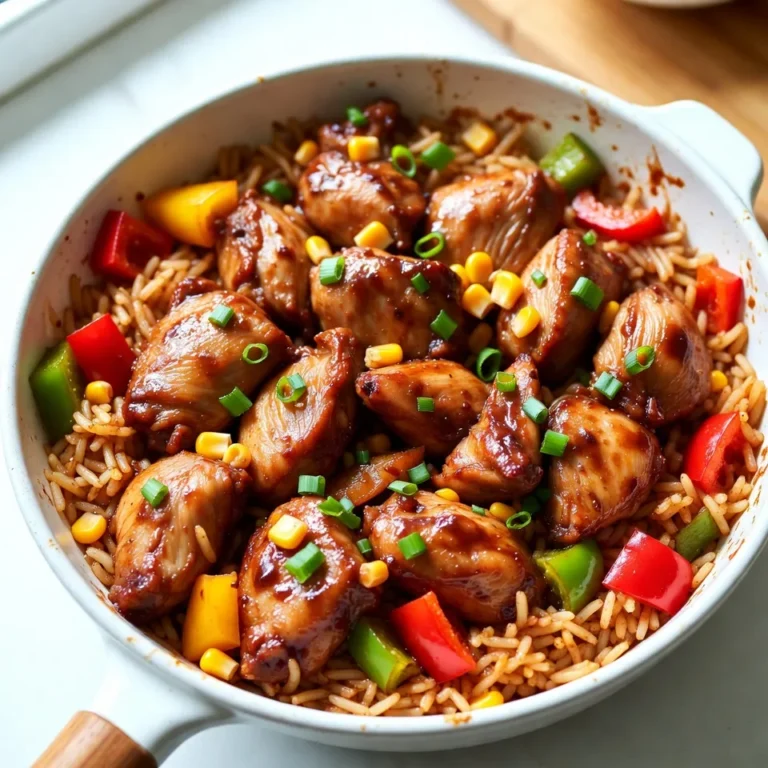 - 1 lb boneless, skinless chicken thighs - 1 cup long-grain white rice - 2 cups low sodium chicken broth - 1/2 cup honey BBQ sauce - 1 bell pepper (red, yellow, or green) - 1 medium onion - 2 cloves garlic - Spices: smoked paprika, dried oregano - Olive oil - Salt and pepper - Corn (fresh, frozen, or canned) - Chopped green onions for garnish The main ingredients make this dish hearty and filling. I use boneless, skinless chicken thighs for rich flavor and tenderness. Long-grain white rice cooks well in the broth, soaking up all the tasty juices. The honey BBQ sauce adds a sweet and tangy twist that ties everything together. The veggies bring color and crunch. I love to use bell peppers, as they add a fresh touch. Onions and garlic give the dish a warm, savory base. Smoked paprika and oregano add depth to the flavors, making each bite special. For extra texture, I toss in corn. It adds a touch of sweetness and a pop of color. Olive oil helps sauté the veggies, while salt and pepper enhance all the flavors. Finally, the chopped green onions on top not only look great but add a fresh bite. This dish combines all these ingredients into one pan, making it easy and fun to prepare. You can customize it with your favorite veggies or spices, too! {{ingredient_image_1}} - First, heat 2 tablespoons of olive oil in a large skillet over medium heat. - Add 1 medium chopped onion to the skillet. Sauté it for about 3 minutes until it turns soft. - Next, add 2 cloves of minced garlic and 1 diced bell pepper. Cook for another 2 minutes until fragrant. - Now, raise the heat to medium-high. Add 1 pound of bite-sized chicken thighs to the skillet. - Season the chicken with 1 teaspoon of smoked paprika, 1 teaspoon of dried oregano, salt, and pepper. - Cook the chicken for 5 to 7 minutes. Make sure it browns nicely and is cooked through. - Stir in 1 cup of long-grain white rice. Then, pour in 2 cups of low-sodium chicken broth. - Mix everything well and bring it to a boil. - Once boiling, reduce the heat to low. Cover the skillet and let it simmer for 15 minutes. - After 15 minutes, uncover the skillet. Gently stir in 1/2 cup of honey BBQ sauce and 1/2 cup of corn. - Cover and cook for another 5 minutes. This helps the rice absorb the flavors. - Finally, remove from heat. Let it sit for a few minutes, then fluff the rice with a fork. Serve hot, garnished with chopped green onions. - Cut the chicken into even pieces. This helps it cook evenly. - Let the rice rest before serving. This gives the rice a better texture. - Try adding more spices, like chili powder or cumin. This can boost the dish's flavor. - Adjust the honey BBQ sauce to match your taste. More sauce makes it sweeter. - Serve directly from the skillet. This adds a rustic touch to your meal. - Pair with a fresh salad or some steamed veggies. These add color and balance to your plate. Pro Tips Choose the Right Chicken: Using boneless, skinless chicken thighs adds moisture and flavor compared to breast meat, making your dish more succulent. Rice Cooking Method: Make sure to use long-grain white rice for the best texture. It cooks evenly and absorbs flavors beautifully. Customize the Vegetables: Feel free to add other vegetables like zucchini or carrots for extra nutrition and color in your skillet. Rest Before Serving: Let the skillet sit for a few minutes after cooking. This allows the flavors to meld and makes the dish easier to serve. {{image_2}} You can switch the chicken for beef or shrimp. This change adds a new taste. Beef gives a rich flavor, while shrimp cooks fast. If you want a vegetarian meal, try using tofu. Tofu soaks up all the yummy sauce. It makes a great meatless version. If you want something different, swap long-grain rice with quinoa or brown rice. Quinoa is high in protein and cooks fast. Brown rice is heartier and has more fiber. For a low-carb option, use cauliflower rice. It cooks quickly and is low in calories. You can change the honey BBQ sauce for another sauce if you like. Try teriyaki or sweet chili sauce for a twist. You can also add seasonal vegetables. Fresh zucchini, asparagus, or mushrooms can make the dish colorful and tasty. This way, you can enjoy new flavors each time! You can store leftover Honey BBQ Chicken Rice Skillet in the refrigerator. Make sure it is in an airtight container. It will stay good for up to 3 days. After that, the taste may change, and it may not be safe to eat. To freeze leftovers, let the skillet cool down first. Then, place portions in freezer-safe bags. Squeeze out as much air as possible before sealing. Label the bags with the date. You can freeze the dish for up to 2 months. This way, you can enjoy it later! When you're ready to eat, take the frozen meal out of the freezer. Thaw it in the fridge overnight. To reheat, use a skillet over medium heat. Stir often to keep it from sticking. You can also use a microwave. Just heat in short bursts, stirring in between. This helps keep the flavors fresh and tasty. Yes, you can make this recipe ahead. Cook the chicken, rice, and veggies. Once done, let it cool. Store it in an airtight container. It will last up to three days in the fridge. When you're ready to eat, reheat it on the stove. Add a splash of chicken broth to keep it moist. For this dish, I recommend long-grain white rice. It cooks well and stays fluffy. You can also use jasmine rice for a fragrant touch. If you prefer brown rice, just know it takes longer to cook. Brown rice usually needs about 40-45 minutes. If you like heat, try adding crushed red pepper flakes. You can also mix in diced jalapeños for a fresh kick. Another option is to use a spicy BBQ sauce instead of the regular one. Just be careful not to overpower the sweet honey flavor. Yes, you can make this dish vegetarian-friendly. Swap chicken for cubed tofu or chickpeas. Use vegetable broth instead of chicken broth. You can also add more veggies like zucchini or mushrooms for extra flavor and texture. This blog post detailed how to create a delicious chicken dish with rice, BBQ sauce, and veggies. You learned the main ingredients, step-by-step cooking instructions, and clever tips for flavor and presentation. Don’t forget to try variations like using different proteins or rice types. Proper storage and reheating keep your meal tasty for days. Now, get cooking and enjoy each bite of your creation!