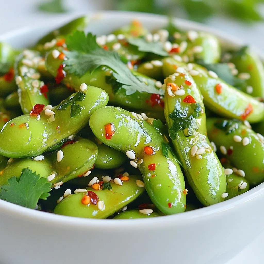 - 2 cups edamame in pods (fresh or frozen) - 4 cloves garlic, minced - 2 tablespoons olive oil - 1 tablespoon soy sauce - 1 teaspoon red pepper flakes (adjust to taste) - 1 teaspoon sesame oil - Salt to taste These ingredients create a bold flavor. Edamame gives protein. Garlic adds a punch. Olive oil brings smoothness. Soy sauce gives saltiness. Red pepper flakes add heat. Sesame oil brings depth. - 1 tablespoon sesame seeds (optional) - Fresh cilantro or green onions for garnish These garnishes boost flavor and color. Sesame seeds add crunch. Cilantro or green onions freshen the dish. They also look good. Edamame is rich in protein and fiber. Garlic helps boost your immune system. Olive oil is a healthy fat. Soy sauce contains sodium. Red pepper flakes can speed up metabolism. Sesame oil provides healthy fats too. This snack fits well into many diets. It offers good vitamins and minerals. Enjoy Spicy Garlic Edamame for a tasty, healthy treat! {{ingredient_image_1}} Start by cooking the edamame. If you have frozen ones, boil them for 3-5 minutes. They should be tender but still bright green. Drain them well and set aside. If you have fresh edamame, just rinse them under cold water. Next, grab a large skillet. Heat 2 tablespoons of olive oil over medium heat. Add 4 minced garlic cloves to the oil. Sauté for 1-2 minutes. You want the garlic to smell great, but not brown. After that, stir in 1 teaspoon of red pepper flakes. Cook for another minute to let the flavors blend. Now it’s time to mix it all together. Add the cooked edamame to the skillet. Toss them well in the garlic and spice mix. Drizzle 1 tablespoon of soy sauce and 1 teaspoon of sesame oil over the edamame. Stir-fry everything for 2-3 minutes. This helps the flavors stick to the edamame. Season with salt to your taste. If you like, sprinkle 1 tablespoon of sesame seeds on top. Finally, transfer the mix to a serving bowl and garnish with fresh cilantro or green onions. When picking edamame, look for bright green pods. They should feel firm and plump. Avoid pods with dark spots or wrinkles. Fresh edamame has a slightly sweet smell. If you can, taste a pod to ensure it’s tender. This will ensure a delicious snack or side dish. Garlic adds great flavor to edamame. Use fresh cloves for the best taste. Mince the garlic finely for even cooking. Heat olive oil on medium heat before adding the garlic. Cook it just until fragrant, about one to two minutes. Don’t let it brown; that can make it bitter. This simple step enhances the dish's overall flavor. You can make your spicy garlic edamame just right for you. Start with one teaspoon of red pepper flakes. If you like more heat, add more to taste. Mix in soy sauce and sesame oil to balance the spice. Taste as you go! Adjust salt and other flavors to suit your preference. This makes your snack uniquely yours! Pro Tips Choose Fresh Edamame: Fresh edamame pods have a better texture and flavor compared to frozen ones. Look for bright green pods without blemishes for the best taste. Adjust Spice Levels: If you prefer a milder flavor, reduce the amount of red pepper flakes or omit them entirely. You can always add more spice later if desired. Experiment with Toppings: Feel free to add other toppings like crushed peanuts or a sprinkle of lime juice for an extra zing and texture contrast. Serve Immediately: Edamame is best enjoyed fresh and hot. Serve them right after cooking to maintain their vibrant color and crunchy texture. {{image_2}} You can change the spices to add more flavor. Try adding cayenne pepper for extra heat. You can also use ginger for a fresh taste. If you want a sweet touch, add a bit of honey. For a smoky flavor, smoked paprika works great. Play around with these options to find what you love best. This recipe is already vegan and gluten-free! Use tamari instead of soy sauce if you want a gluten-free option. You can also swap olive oil for coconut oil for a different flavor. These small changes keep it tasty and suitable for everyone. Serve Spicy Garlic Edamame in fun ways to impress your guests. Try placing them in a bowl and topping with fresh cilantro or green onions. You can also serve them with a side of rice or in a lettuce wrap. For a party, use small cups for individual servings. This makes it easy and fun to enjoy! After enjoying your Spicy Garlic Edamame, you may have some left. Let them cool first. Place the edamame in an airtight container. Store it in the fridge. They stay fresh for about 2 to 3 days. If you want to keep them longer, freezing is a great option. To reheat your edamame, use a skillet for the best taste. Heat a little olive oil over medium heat. Add the edamame and stir them for about 3 minutes. This method revives the flavor and keeps them crunchy. You can also microwave them for about 1-2 minutes. Just cover them with a wet paper towel. This way, they stay moist. To freeze edamame, follow these steps: First, cook them as per the recipe. Then, let them cool completely. Next, place them in a freezer bag. Squeeze out as much air as you can. Label the bag with the date before sealing. Frozen edamame can last up to 6 months. When you're ready to use them, you can cook them straight from frozen. The best way to cook edamame is by boiling. If you use fresh edamame, cook them in boiling water for about 5 minutes. If you use frozen edamame, follow the package instructions. After cooking, drain them well. This keeps them tender and flavorful. You can also steam them for a healthier option. Steaming takes about 4-5 minutes. Always season them after cooking for great taste. Yes, you can use frozen edamame for this recipe. It’s quick and easy. Just cook them according to the package instructions first. Usually, this means boiling them for 3-5 minutes. After cooking, drain well and add them to the skillet. They will soak up the spicy garlic flavor just as well as fresh ones. Spicy Garlic Edamame goes well with many dishes. You can serve it as an appetizer or side dish. It pairs nicely with sushi or rice bowls. Try it with grilled chicken or tofu for a complete meal. You can also enjoy it with a cold beer or sake for a nice touch. The bold flavors complement many Asian dishes, making it a versatile snack! This blog post covered the key steps to make Spicy Garlic Edamame. We discussed important ingredients, preparation methods, and tips for the best flavor. You learned how to select fresh edamame and adjust spiciness to fit your taste. Remember, you can try various spices and creative serving ideas to make it your own. Lastly, proper storage and reheating are key for leftovers. Enjoy making this healthy snack and have fun experimenting with new flavors!