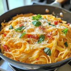 To make Roasted Red Pepper Alfredo, you need these tasty ingredients: - 2 large red bell peppers, roasted and peeled - 1 cup heavy cream - 1 tablespoon olive oil - 3 cloves garlic, minced - 1 teaspoon Italian seasoning - Salt and pepper to taste - 1 cup grated Parmesan cheese - 12 ounces fettuccine pasta - Fresh basil leaves for garnish These ingredients create a rich and creamy sauce. The red bell peppers add a sweet and smoky flavor. Heavy cream makes the sauce silky and smooth. Garlic gives it a nice kick, while Italian seasoning adds depth. Parmesan cheese makes it rich and cheesy. Using fresh basil for garnish adds a pop of color and a burst of flavor. You can easily find all these items at your local grocery store. Be sure to choose fresh vegetables and high-quality cheese for the best taste. {{ingredient_image_1}} 1. First, preheat your oven to 425°F (220°C). This step is key for a good roast. 2. Place the two large red bell peppers on a baking sheet. Roast them for about 20-25 minutes. Turn them halfway through for even cooking. You want the skin to look charred and blistered. 3. Once roasted, remove the peppers from the oven. Cover them with aluminum foil. Let them steam for 10 minutes. This helps loosen the skin. 4. After steaming, carefully peel off the skin and remove the seeds. Set the roasted peppers aside. 1. In a blender, combine the roasted red peppers with 1 cup of heavy cream. Add a pinch of salt. 2. Blend until the mixture is smooth and creamy. This is the star of your dish! 3. In a large skillet, heat 1 tablespoon of olive oil over medium heat. 4. Add 3 minced garlic cloves to the oil. Sauté for about 1-2 minutes. You want the garlic to smell great, but not brown. 5. Pour in the blended red pepper cream sauce. Stir in 1 teaspoon of Italian seasoning. Let the sauce simmer for about 5 minutes. This thickens it just right. 1. While the sauce simmers, cook 12 ounces of fettuccine pasta. Follow the package instructions until it is al dente. This keeps your pasta firm. 2. Once cooked, drain the pasta and set it aside. 3. Stir in 1 cup of grated Parmesan cheese into the sauce. Mix until it melts fully. Adjust the seasoning with salt and pepper as needed. 4. Add the cooked fettuccine into the skillet with the sauce. Toss everything together. Ensure the pasta is well coated in the creamy sauce. 5. Your Roasted Red Pepper Alfredo is ready to serve! Enjoy it warm, garnished with fresh basil leaves. To get the right creaminess in your sauce, use heavy cream. This gives a rich texture. Blend the roasted red peppers until smooth. If the sauce is too thick, add more cream or a splash of pasta water. For flavors, taste and adjust. Add more salt or pepper if needed. A pinch of nutmeg can enhance the creaminess too. You can roast red peppers in different ways. If you don’t have an oven, try grilling them. Just place them on the grill until charred. You can also roast them on a stovetop flame. Turn the peppers until the skin is blackened. After roasting, steam them to make peeling easy. Store leftover roasted peppers in a jar with olive oil. They last about a week in the fridge. If you want a vegetarian dish, swap Parmesan cheese for nutritional yeast. This gives a cheesy flavor without dairy. You can also add more veggies. Spinach or mushrooms work great. Just sauté them with garlic before mixing them into the sauce. This adds color and nutrition to your meal. Pro Tips Roasting Tips: Ensure to turn the peppers halfway through roasting for even charring and flavor enhancement. Blending Smoothness: For an ultra-smooth sauce, allow the roasted peppers to cool slightly before blending. Pasta Cooking: Always reserve a cup of pasta water before draining; it can help adjust the sauce consistency if needed. Flavor Boost: Add a pinch of red pepper flakes to the sauce for an extra kick of heat if desired. {{image_2}} You can make Roasted Red Pepper Alfredo even better by adding protein. Grilled chicken is a great choice. It gives a nice texture and flavor. Shrimp is another excellent option. Just sauté it until it's pink and juicy. If you want a vegetarian option, try tofu. Cube it and pan-fry until golden. Chickpeas work well too. They add a nice bite and boost fiber. Fettuccine is wonderful, but you can switch it up. Try penne or rigatoni for a change in shape. Their tubes hold sauce well. You can also use whole wheat pasta for more fiber. For gluten-free needs, use rice or quinoa pasta. They still taste great and keep the meal light. Spices can elevate your dish. A pinch of red pepper flakes adds heat. Fresh herbs like thyme or oregano bring freshness. You can even stir in some lemon zest for a zing. For garnishes, fresh basil leaves are perfect. They add color and a lovely aroma. Grated Parmesan on top also looks nice and tastes great! To store your Roasted Red Pepper Alfredo, let it cool first. Use an airtight container. This keeps the pasta fresh and tasty. You can store it in the fridge for up to three days. Just remember, the cream can change texture after a few days. You can also freeze Roasted Red Pepper Alfredo for later. Portion it into freezer-safe containers. Leave some space at the top for the sauce to expand when frozen. It can last up to three months in the freezer. To reheat, thaw it in the fridge overnight. Then, heat it gently on the stove over low heat. You may need to add a splash of cream or milk to restore the creaminess. Stir often to avoid burning. Enjoy your creamy pasta delight even after a long day! To make Roasted Red Pepper Alfredo, gather these ingredients: - 2 large red bell peppers, roasted and peeled - 1 cup heavy cream - 1 tablespoon olive oil - 3 cloves garlic, minced - 1 teaspoon Italian seasoning - Salt and pepper to taste - 1 cup grated Parmesan cheese - 12 ounces fettuccine pasta - Fresh basil leaves for garnish Start by roasting your red bell peppers. Preheat your oven to 425°F (220°C). Place the peppers on a baking sheet and roast for 20-25 minutes. Turn them halfway through. The skin will blister and char. After roasting, cover them with foil for 10 minutes to steam. This makes peeling easier. Once cooled, peel the skin and remove the seeds. Next, blend the roasted peppers with heavy cream and a pinch of salt until smooth. In a skillet, heat olive oil over medium heat. Add minced garlic and sauté for 1-2 minutes until it smells good. Pour in your red pepper cream and stir in Italian seasoning. Let it simmer for about 5 minutes to thicken. While the sauce simmers, cook fettuccine as per package instructions until al dente. Drain it. Stir grated Parmesan cheese into the sauce until melted. Add salt and pepper to taste. Toss the cooked fettuccine in the sauce until it's fully coated. Serve warm with fresh basil on top. Yes, you can use store-bought roasted red peppers. They save time and effort. They are already cooked and ready to use. However, they might lack the fresh flavor of homemade. The taste can also vary between brands. When using jarred peppers, drain and rinse them to remove excess oil and salt. This can help balance the flavor in your dish. But, keep in mind that fresh roasted peppers add depth and richness. Roasted Red Pepper Alfredo pairs well with many sides. Here are a few ideas: - Garlic bread - Steamed broccoli or asparagus - A light green salad with vinaigrette - Grilled chicken or shrimp for added protein For wine, try a light white wine like Chardonnay or Pinot Grigio. These wines complement the creamy sauce well. Enjoy your meal with the perfect sides and drinks! This Roasted Red Pepper Alfredo is a tasty and fun dish to make. You learned about key ingredients, helpful tips, and tasty variations. Remember to roast those peppers for a great flavor boost. You can also try different pasta or add proteins to suit your taste. Enjoy the creamy goodness and impress your friends and family. This dish is easy to store and reheat, so leftovers are a win! Dive in and make your own delicious version today!