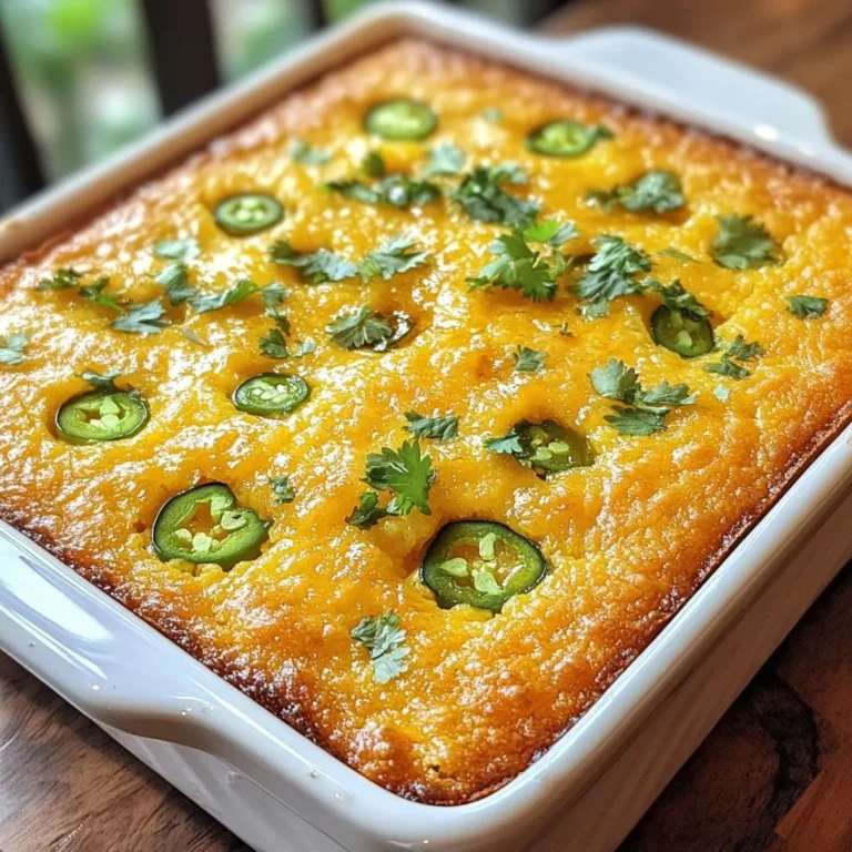 - 1 cup cornmeal - 1 cup all-purpose flour - 1 tablespoon baking powder - 1/2 teaspoon baking soda - 1/2 teaspoon salt - 1 cup buttermilk - 2 large eggs - 1/4 cup honey - 1/2 cup melted butter - 1 cup shredded sharp cheddar cheese - 2-3 jalapeños, diced (remove seeds for less heat) - 1/4 cup fresh cilantro, chopped (optional) Gather these ingredients for a tasty jalapeño cheddar cornbread. The cornmeal and flour make the base. Baking powder and baking soda help it rise. Salt adds flavor to all the dry ingredients. The wet ingredients keep the bread moist. Buttermilk gives a slight tang. Eggs add richness, while honey adds a touch of sweetness. Don't forget the melted butter; it adds flavor and moisture. Now, for the exciting part! The add-ins bring this cornbread to life. Sharp cheddar cheese melts beautifully, creating a cheesy delight. Jalapeños add a kick of heat. If you like fresh herbs, chop some cilantro for a bright finish. Adjust the heat of the jalapeños to your liking. Remove the seeds for less spice. With these ingredients, prepare to bake a warm, tasty cornbread that will please everyone! {{ingredient_image_1}} - Preheat oven to 400°F (200°C). - Grease a 9-inch square baking dish or a cast-iron skillet. - In a large bowl, whisk together: - 1 cup cornmeal - 1 cup all-purpose flour - 1 tablespoon baking powder - 1/2 teaspoon baking soda - 1/2 teaspoon salt - In another bowl, combine: - 1 cup buttermilk - 2 large eggs - 1/4 cup honey - 1/2 cup melted butter - Whisk the wet ingredients until smooth. - Pour the wet mixture into the dry mix. Stir until just combined. Do not overmix. - Gently fold in: - 1 cup shredded sharp cheddar cheese - 2-3 diced jalapeños (remove seeds for less heat) - 1/4 cup chopped fresh cilantro (optional). - Pour the batter into the prepared dish, spreading it evenly. - Bake for 20-25 minutes. The top should be golden brown. - Insert a toothpick into the center. It should come out clean. - Let it cool for a few minutes before slicing. To get the best texture in your cornbread, avoid overmixing the batter. Mix just until you see no dry flour. Overmixing can make your cornbread tough. Use fresh ingredients for the best flavor. Fresh jalapeños and quality cheddar cheese make a big difference. If you want to adjust the heat, change the amount of jalapeños you use. You can also remove the seeds for a milder taste. For more flavor, try adding other spices like cumin or smoked paprika. This gives your cornbread a unique twist. Don't be afraid to experiment with different types of cheese. You can use pepper jack for a spicy kick or mozzarella for a mild flavor. Combining cheeses can create a richer taste. Mixing sharp cheddar with a creamy cheese adds depth to every bite. Pro Tips Use Fresh Ingredients: Freshly grated cheese and ripe jalapeños enhance the flavor and texture of your cornbread. Adjust the Heat: If you prefer a milder flavor, remove the seeds and membranes from the jalapeños before dicing. Check for Doneness: Use a toothpick to test the center of the cornbread; it should come out clean when fully baked. Let it Rest: Allow the cornbread to cool for a few minutes before slicing to improve texture and make it easier to cut. {{image_2}} If you want a gluten-free version, use cornmeal and a gluten-free flour blend. Almond flour and rice flour work well together. You may also add xanthan gum as a binding agent. This will help hold the bread together and give it a nice texture. To make this cornbread vegan, swap buttermilk for almond milk with a splash of vinegar. Replace eggs with flaxseed meal or applesauce. Use 1 tablespoon of flaxseed mixed with 2.5 tablespoons of water for each egg. This keeps the flavor and texture close to the original. Feel free to add fresh corn kernels or roasted peppers for extra flavor. In summer, basil or oregano can enhance the taste. In fall, try adding sage for a warm twist. These changes keep the recipe fresh and fun all year round. To keep your cornbread fresh, wrap it tightly. Use plastic wrap or foil. Place it in an airtight container. This helps prevent it from drying out. Store it in the fridge. It stays tasty for up to five days. If you want to enjoy it later, freezing is a great option. To freeze your cornbread, cut it into squares. Place each piece in a freezer bag. Remove as much air as you can. This helps prevent freezer burn. You can also use a container with a tight lid. When ready to eat, thaw it in the fridge overnight. Reheat in the oven for the best taste. In the fridge, your cornbread lasts about five days. In the freezer, it can stay good for three months. Always check for spoilage. Signs include a strange smell or mold. If you see any, it’s best to throw it out. Enjoy your cornbread while it’s fresh! If you need a buttermilk substitute, you have a few great options. You can use plain yogurt. Just mix it with a little water to thin it out. Another choice is to mix regular milk with vinegar. Use one tablespoon of vinegar for each cup of milk. Let it sit for about five minutes to sour. Both options work well in this cornbread recipe. Yes, you can make this cornbread ahead of time! Bake it, then let it cool completely. Wrap it tightly in plastic wrap or foil. You can keep it in the fridge for up to three days. To reheat, slice it and warm it in the oven at 350°F for about 10 minutes. This keeps it soft and tasty. If your cornbread is too crumbly, you can add more moisture. Try using a bit more buttermilk or melted butter. You can also add an extra egg for richness. Mixing the batter just until combined helps too. Avoid overmixing, as it can make the texture dry. These tips will help you create a moist and delicious cornbread. This blog post covered how to make delicious jalapeño cheddar cornbread. We shared the ingredients, steps, and tips to get perfect texture. You learned how to customize the heat and even make gluten-free or vegan versions. Storing tips help keep your leftovers fresh. Try these ideas for a tasty twist on a classic dish. Enjoy your baking journey, and don’t hesitate to experiment with flavors! Your perfect cornbread awaits.