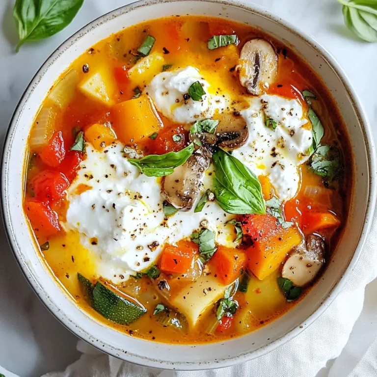 - 2 tablespoons olive oil - 1 onion, diced - 3 cloves garlic, minced - 2 carrots, diced - 1 zucchini, diced - 1 red bell pepper, diced - 1 cup mushrooms, sliced - 8 ounces lasagna noodles, broken into pieces - 1 cup fresh spinach - 1 cup ricotta cheese - 1 cup shredded mozzarella cheese I love starting with fresh, vibrant ingredients. They make the soup rich and hearty. Olive oil adds a smooth base. Diced onion and minced garlic create a fragrant layer. Carrots, zucchini, red bell pepper, and mushrooms bring color and flavor. Breaking the lasagna noodles into pieces helps them cook evenly. - 1 can (28 oz) crushed tomatoes - 4 cups vegetable broth - 1 tablespoon Italian seasoning - 1 teaspoon paprika - Salt and pepper to taste Crushed tomatoes serve as a tangy backbone for the soup. Vegetable broth enhances the flavor, keeping it light yet satisfying. Italian seasoning and paprika boost the taste, giving depth to each spoonful. A pinch of salt and pepper balances the soup perfectly. - Fresh basil leaves - Additional cheese options Garnishing with fresh basil leaves adds a burst of freshness. You can also add more cheese for extra creaminess. This final touch makes each bowl look and taste gourmet. Enjoy the mix of flavors and textures in every bite! {{ingredient_image_1}} 1. Heat two tablespoons of olive oil in a large pot over medium heat. 2. Add one diced onion and three minced garlic cloves. Sauté them for about 3-4 minutes. 3. Toss in two diced carrots, one diced zucchini, one diced red bell pepper, and one cup of sliced mushrooms. Cook these for 5-7 minutes. Stir often until they soften. 4. Pour in one can of crushed tomatoes and four cups of vegetable broth. This makes the soup rich. 5. Stir in one tablespoon of Italian seasoning, one teaspoon of paprika, and salt and pepper to taste. Bring the mixture to a boil. 1. Once the soup boils, add eight ounces of broken lasagna noodles. 2. Reduce the heat to medium-low. Let it simmer for about 10-12 minutes. Check that the noodles are tender. 3. Stir in one cup of fresh spinach. Cook until just wilted, about 2 minutes. 4. Remove the pot from heat and mix in one cup of ricotta cheese. Make sure it blends well. 1. Ladle the soup into rustic bowls for a homey touch. 2. Sprinkle shredded mozzarella cheese on top. This adds creaminess. 3. Garnish with fresh basil leaves for a pop of color. 4. Drizzle a bit of olive oil and sprinkle fresh pepper for extra flavor. 5. Serve with a slice of crusty bread to complete the meal. - To ensure your noodles are perfectly tender, add them when the broth boils. This helps them cook evenly. Stir often during cooking to prevent sticking. - Adjusting seasoning to taste is key. Start with salt and pepper. Taste as you go. You can always add more seasoning later. If you like spice, consider adding red pepper flakes. - This soup pairs well with crusty bread. A slice of garlic bread adds flavor and texture. You can also serve with a fresh salad. - To reheat in the microwave, use a microwave-safe bowl. Heat for 1-2 minutes, stirring halfway through. If it's too thick, add a splash of broth or water. - Make it lighter by swapping in more vegetables. Try adding kale or broccoli for extra nutrients. You can also reduce the amount of cheese. - Choose low-sodium broth options to cut back on salt. This keeps the dish healthy without losing flavor. You can also make your own broth for freshness. Pro Tips Use Fresh Ingredients: Fresh vegetables will enhance the flavor and texture of your lasagna soup, making it more vibrant and nutritious. Customize Your Veggies: Feel free to swap in your favorite vegetables or whatever you have on hand, such as eggplant or kale, to make it your own. Layer in Flavor: For an extra depth of flavor, consider adding a splash of balsamic vinegar or a pinch of red pepper flakes when cooking the vegetables. Perfect Cheese Blend: Mixing different cheeses, like parmesan with mozzarella, can create a richer, creamier topping for your soup. {{image_2}} You can easily swap in different vegetables for this soup. Think about using broccoli, kale, or even sweet potatoes. Fresh veggies give this dish a new taste. You can also use frozen vegetables if you are short on time. Seasonal ingredients can make a big difference. In spring, add asparagus or peas for a fresh twist. In fall, try butternut squash for warmth. If you need gluten-free options, many brands offer gluten-free lasagna noodles. Look for brown rice or quinoa noodles. Both work great in this soup. For vegan eaters, you can skip cheese or use plant-based cheese. Nut-based cheese can also replace ricotta and mozzarella. Nutritional yeast adds a cheesy taste without dairy. Want to boost protein? You can mix in canned beans like kidney or chickpeas. Lentils are also a great choice. They cook quickly and add heartiness. If you prefer meat, cooked chicken or turkey works well. Just shred the meat and stir it in. This makes the soup more filling and satisfying. To keep your veggie packed lasagna soup fresh, store leftovers properly. First, let the soup cool down. Next, use airtight containers to store it. Glass containers work great for this. They help you see the soup inside and keep flavors intact. You can keep it in the fridge for up to four days. When reheating, add a splash of broth to help it stay moist. If you want to save some soup for later, freezing is a smart choice. First, let the soup cool completely. Then, divide it into single servings. Use freezer-safe containers or zip-top bags. Make sure to remove as much air as you can. This will help prevent freezer burn. When you're ready to eat, thaw the soup in the fridge overnight. For best texture, reheat it on the stove over low heat. Stir often to warm it through. For the best flavor and quality, eat the soup within three months if frozen. In the fridge, aim to enjoy it within four days. Check for signs of spoilage. If it looks discolored or has an off smell, it’s best to toss it. Fresh soup should smell sweet and earthy, just like the ingredients you used. You can make this soup your own. Add your favorite veggies like broccoli or kale. If you love spice, toss in some red pepper flakes. You can also change the broth. Use chicken broth or a homemade veggie broth. Want extra protein? Add beans or lentils for a hearty twist. Absolutely! You can swap ricotta for cottage cheese if you prefer. Cream cheese adds richness too. For more flavor, try goat cheese or feta. You can also mix different cheeses for a unique taste. Just ensure they melt well into the soup. Crusty bread is a perfect side. It helps scoop up the soup and adds texture. A fresh salad with a tangy dressing complements the flavors too. If you want something warm, garlic bread is a great choice. Pairing it with a light dessert wraps up the meal nicely. You learned how to make veggie-packed lasagna soup, from ingredients to garnishes. I shared tips for perfecting your dish and customizing it to your taste. Remember, you can tailor this recipe with different veggies, cheese, and proteins. Store leftovers wisely for maximum freshness. Enjoy this warm, hearty soup, whether for a cozy meal or a gathering. The joy of cooking is in making it your own.