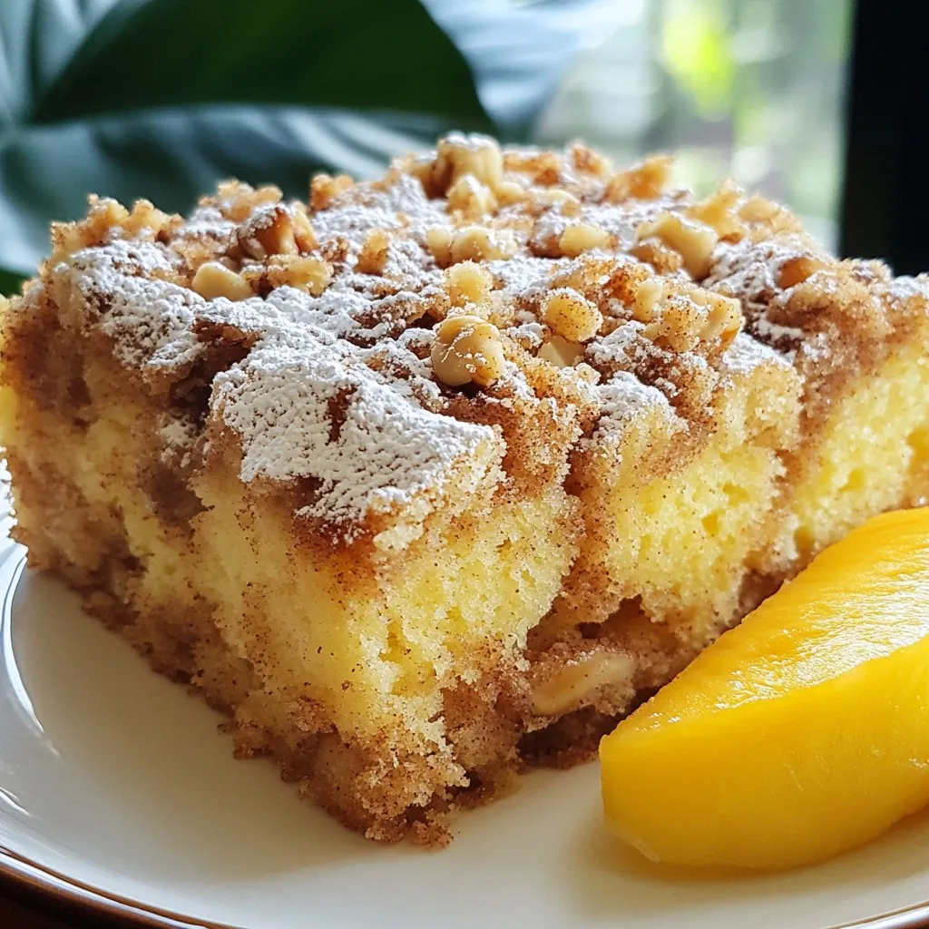 To make the coffee cake, gather these key items: - 2 cups all-purpose flour - 1 cup granulated sugar - 1 tablespoon baking powder - 1/2 teaspoon baking soda - 1/2 teaspoon salt - 1/2 cup unsalted butter, softened - 1 large egg - 1 cup buttermilk (or use milk with 1 tablespoon lemon juice) - 1 teaspoon vanilla extract Each ingredient plays an important role in making the cake soft and tasty. The flour gives the cake structure, while sugar adds sweetness. Baking powder and baking soda help it rise. Butter makes it rich, and buttermilk adds a slight tang. For the delicious streusel topping, you will need: - 1/2 cup all-purpose flour - 1/2 cup brown sugar, packed - 1 teaspoon ground cinnamon - 1/4 cup unsalted butter, melted - 1/4 cup chopped nuts (optional, use walnuts or pecans) The streusel topping adds a sweet, crunchy layer. The brown sugar and cinnamon create a warm, inviting flavor. If you choose to add nuts, they give an extra crunch. You can swap ingredients if needed: - Use whole wheat flour instead of all-purpose for a nuttier taste. - If you don't have buttermilk, milk with lemon juice works well. - For a dairy-free option, try almond milk and coconut oil instead of butter. - You can use coconut sugar instead of brown sugar for a different sweetness. These swaps can change the flavor slightly but still keep your cake delightful. Experimenting with ingredients can be fun and rewarding! {{ingredient_image_1}} Start by preheating your oven to 350°F (175°C). This helps the cake bake evenly. Next, take a 9-inch round cake pan or a 9x9 inch square baking pan. Grease the pan with butter or cooking spray, then dust it with flour. This step keeps the cake from sticking. In a large mixing bowl, add the dry ingredients. Combine 2 cups of all-purpose flour, 1 cup of granulated sugar, 1 tablespoon of baking powder, 1/2 teaspoon of baking soda, and 1/2 teaspoon of salt. Whisk them together until they blend well. This mix gives the cake a nice rise and flavor. In another bowl, crack one large egg. Add 1 cup of buttermilk and 1 teaspoon of vanilla extract. You can use regular milk with 1 tablespoon of lemon juice if you don't have buttermilk. Mix these until they are smooth and well combined. This mixture adds moisture and depth to your cake. Pour half of the batter into your prepared pan. Spread it evenly so it cooks right. Now, let’s make the streusel topping. In a separate bowl, mix 1/2 cup of flour, 1/2 cup of brown sugar, and 1 teaspoon of ground cinnamon. Add 1/4 cup of melted butter and, if you like, fold in 1/4 cup of chopped nuts. Mix until it’s crumbly. Sprinkle half of this mixture over the batter in the pan. Then, add the rest of the batter on top. Finally, cover with the remaining streusel topping. Now it’s time to bake! Place your cake in the preheated oven. Bake for 30-35 minutes. To check if it’s done, insert a toothpick into the center. If it comes out clean, the cake is ready. Once baked, remove the cake from the oven. Let it cool in the pan for about 10 minutes. Then, transfer it to a wire rack to cool completely. This step helps keep the cake from getting soggy. Enjoy the aroma while it cools! To get a soft and fluffy coffee cake, mix the batter just right. Overmixing makes the cake tough. Aim for a lumpy batter; it’s okay if you see some flour pieces. Use room-temperature butter and buttermilk. This helps the cake rise well. Also, make sure your oven is at the right temperature. An oven thermometer can help here. One common mistake is using cold ingredients. Cold butter and eggs can change the texture. Another mistake is baking for too long. Check the cake a few minutes early. A toothpick should come out clean when it’s done. Lastly, don’t skip the streusel topping. It adds a great crunch and flavor. You can make this cake even better with tasty add-ins. Try adding chocolate chips for a sweet twist. Fresh fruit like blueberries or apples can add moisture. Nuts, like walnuts or pecans, give a nice crunch. Cinnamon or nutmeg can also enhance the spice. Have fun with flavors, and make it your own! Pro Tips Use Room Temperature Ingredients: Allow your butter and egg to sit at room temperature for about 30 minutes before starting. This helps achieve a smoother batter and better rise. Check for Doneness: Insert a toothpick into the center of the cake. If it comes out clean or with a few moist crumbs, the cake is done. Avoid overbaking to keep it moist. Experiment with Flavors: For a twist, try adding a teaspoon of nutmeg or a splash of almond extract to the batter for added depth of flavor. Storing Your Cake: Store leftover cake in an airtight container at room temperature for up to 3 days or refrigerate for up to a week. To keep it fresh, consider wrapping it in plastic wrap. {{image_2}} You can easily change this cake for the seasons. For fall, add in some pumpkin puree. It gives a warm flavor that pairs well with cinnamon. In winter, try mixing in some orange zest. It brightens the cake and adds freshness. For summer, use fresh berries like blueberries or raspberries. They add a nice tartness that balances the sweetness. If you need a gluten-free cake, swap out the all-purpose flour for a gluten-free blend. Make sure it is a one-to-one replacement. This will keep the texture nice. You can still use the same amounts for other ingredients. Just follow the recipe as usual. To make this cake vegan, replace the egg with a flax egg. Mix one tablespoon of ground flaxseed with three tablespoons of water. Let it sit for a few minutes until it thickens. Use almond milk or soy milk instead of buttermilk. Just add one tablespoon of lemon juice to your milk, and let it sit for a bit. This will give it a nice tang. You can also use coconut oil in place of butter. These variations let you enjoy the cake in many ways. Adjusting the flavors or ingredients makes it fun and exciting! To keep your coffee cake fresh, wrap it tightly. Use plastic wrap or aluminum foil. Place it in an airtight container. This helps to maintain moisture and flavor. Store the cake at room temperature for up to 3 days. If you want to keep it longer, consider freezing. Freezing is a great way to store extra cake. First, let the cake cool completely. Then, slice it into pieces for easy serving. Wrap each piece in plastic wrap and then in foil. This double wrap protects it from freezer burn. You can freeze the cake for up to 3 months. When you're ready to enjoy, just thaw it in the fridge overnight. To reheat your coffee cake, preheat your oven to 350°F (175°C). Place the cake on a baking sheet. Cover it with foil to prevent it from drying out. Heat for about 10-15 minutes, or until it's warm. You can also use the microwave, but do it in short bursts. Heat for 10-15 seconds at a time to avoid making it tough. Enjoy your cake warm, and it will taste like fresh-baked goodness! Yes, you can make this cake ahead of time. Bake it and let it cool. Wrap the cake well in plastic wrap. Store it at room temperature for up to two days. You can also freeze it for longer storage. Just be sure to wrap it tightly to prevent freezer burn. You can serve this cake with many tasty sides. Here are some ideas: - Fresh fruit slices - A drizzle of honey - Whipped cream - Your favorite coffee or tea These pairings make your coffee cake even more delightful. Check if the cake is done by using a toothpick. Insert it into the center of the cake. If it comes out clean or with a few crumbs, the cake is ready. It usually takes 30 to 35 minutes to bake. Keep an eye on it, as ovens may vary. Yes, you can use regular milk if you don't have buttermilk. Just add one tablespoon of lemon juice to the milk. Let it sit for about five minutes. This mixture will mimic the acidity of buttermilk. It helps the cake rise and adds flavor. This blog post covered everything you need for a great coffee cake. You learned about key ingredients, step-by-step baking, and smart tips. Each section guides you toward a fluffy, tasty treat. I hope you try the different flavors and variations shared here. Remember, the right storage helps keep your cake fresh. Baking can be fun and easy. Enjoy your time in the kitchen!