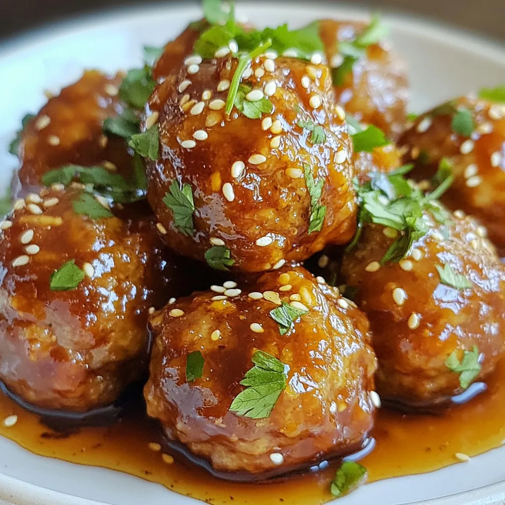 - 1 pound ground beef or turkey - 1/2 cup breadcrumbs - 1/4 cup grated Parmesan cheese - 1 large egg - 3 cloves garlic, minced - 1/4 cup fresh parsley, chopped - Salt and pepper to taste The main ingredients in honey garlic meatballs are simple and easy to find. You can use either ground beef or turkey for the meat. Breadcrumbs help bind the meatballs together and add texture. Grated Parmesan cheese adds flavor and richness. The egg acts as a binder, while minced garlic adds a punch of flavor. Fresh parsley brings a bright taste and a pop of color. Don't forget to add salt and pepper to enhance the dish. - 1/2 cup honey - 1/4 cup soy sauce (use low-sodium for less salt) - 1 teaspoon sesame oil - 1 tablespoon cornstarch (optional, for thickening) The sauce is what makes these meatballs shine. Honey adds sweetness, while soy sauce brings umami. Sesame oil adds a nutty flavor. If you like a thicker sauce, you can mix cornstarch with water to thicken it. - Gluten-free alternatives - Low-sodium options If you need gluten-free meatballs, you can use gluten-free breadcrumbs. For a low-sodium option, choose low-sodium soy sauce. These swaps help you enjoy the dish while meeting your dietary needs. {{ingredient_image_1}} 1. Preheat the Oven: First, set your oven to 400°F (200°C). Line a baking sheet with parchment paper. This will help prevent sticking. 2. Mix the Meatball Ingredients: In a large bowl, combine the ground beef or turkey, breadcrumbs, grated Parmesan, egg, minced garlic, chopped parsley, salt, and pepper. Use your hands to mix everything. Don’t overmix; just combine until it holds together. 3. Shape and Place Meatballs: Take small amounts of the mixture and roll them into balls. Aim for about 1 inch in size. Place them evenly on the lined baking sheet. 4. Bake the Meatballs: Put the baking sheet in the oven. Bake for 15-20 minutes. Check if they are golden brown and fully cooked. You can use a meat thermometer to ensure the inside reaches 160°F (70°C). 5. Combine Sauce Ingredients in a Saucepan: While the meatballs bake, take a saucepan. Add honey, soy sauce, and sesame oil. Heat over medium heat. Stir until it begins to simmer. 6. Thicken the Sauce if Desired: If you want a thicker sauce, mix cornstarch with a little water. Add this to the saucepan. Stir until the sauce thickens slightly. This will give it a nice glaze. To get the best meatballs, focus on texture. Use the right amount of breadcrumbs and egg. Breadcrumbs help hold the meatballs together. The egg adds moisture and binds the mix. You want a firm but tender bite. If your mix feels too wet, add more breadcrumbs. If it’s too dry, a bit more egg can help. Adjusting seasonings is also key. Taste your meatball mix before baking. You can add more salt, pepper, or even garlic. Make it your own! If you like spice, a pinch of red pepper flakes adds a nice kick. The honey garlic sauce is sweet and savory. For added depth, consider spices. A dash of ginger or a bit of chili can amp up the flavor. Fresh herbs like thyme or basil can brighten the sauce too. Balancing sweetness and saltiness is important. Use low-sodium soy sauce if you want less salt. This helps the honey shine through. You can also add a splash of rice vinegar for tang. This adds complexity and keeps the sauce fresh. Pair your meatballs with delicious sides. Rice or noodles are great options. They soak up the sauce well. You can also serve them on skewers for a fun twist. Garnishes make a dish look special. Sprinkle sesame seeds on top for crunch. Fresh parsley adds color and a pop of flavor. Serve with lime wedges for an extra zing. These small touches make your meal look appealing and taste great! Pro Tips Use Fresh Ingredients: Fresh garlic and parsley will enhance the flavor of your meatballs significantly. Avoid pre-minced garlic for the best taste. Don’t Overmix: When combining the meatball ingredients, mix until just combined to keep the meatballs tender and juicy. Overmixing can lead to a tough texture. Experiment with Proteins: Feel free to substitute ground beef with ground turkey, chicken, or even a plant-based protein for a healthier or different flavor profile. Serve with Sides: These honey garlic meatballs pair wonderfully with rice, quinoa, or steamed vegetables for a complete meal experience. {{image_2}} You can switch the meat for chicken or plant-based options. Ground chicken works well and cooks fast. For a meatless choice, try lentils or chickpeas. These options give you a tasty twist. They also keep the dish light and healthy. If you want to change the flavor, try different sauces. Hoisin sauce adds a sweet and rich taste. Teriyaki sauce brings a delicious blend of sweet and savory. You can also mix in herbs or spices. Fresh basil or ginger can add great layers of taste. Think about what to serve with your meatballs. Rice or noodles are great options. They soak up the sauce and make the meal filling. You can also serve meatballs as appetizers. Place them on skewers or in small cups for easy eating. This makes them fun for parties too. To keep your honey garlic meatballs fresh, store them in the fridge. Place them in an airtight container. They will stay good for about three to four days. For better long-term storage, freeze them. Wrap each meatball in plastic wrap, then put them in a freezer bag. This helps to avoid freezer burn. You can keep them frozen for up to three months. To reheat your meatballs, the best method is using the oven. Preheat your oven to 350°F (175°C). Place the meatballs on a baking sheet and cover them with foil. Heat them for about 15 minutes or until warm. You can also use a microwave. Just put the meatballs in a microwave-safe dish and cover them. Heat in short bursts, checking often. Be careful not to overheat, as this can change the sauce's flavor. In the fridge, honey garlic meatballs last for three to four days. In the freezer, they can last up to three months. Always check for signs of spoilage before eating. Look for changes in color or smell. If they seem off, it's best to throw them out. Keeping your meatballs stored correctly helps you enjoy them longer! Yes, you can prepare honey garlic meatballs ahead of time. - Make the meatballs: Shape the meatballs and place them on a tray. - Refrigerate: Cover them and store in the fridge for up to 24 hours. - Freeze: For longer storage, freeze the uncooked meatballs. Place them in a single layer on a tray, then transfer to a bag. They can last up to three months. - Cooking: When ready to cook, bake them straight from the freezer. Add a few minutes to the baking time for best results. Yes, you can easily swap some ingredients for your needs. - Ground meat: Use ground chicken or pork for a different taste. - Breadcrumbs: Gluten-free breadcrumbs work well for gluten-free diets. - Honey: Maple syrup is a good alternative if you're avoiding honey. - Soy sauce: Use coconut aminos for a soy-free option. - Parmesan cheese: Nutritional yeast can replace cheese for a dairy-free version. To check if meatballs are done, look for a few signs. - Internal temperature: Use a meat thermometer. The center should reach 165°F (74°C). - Color: The meatballs should be brown on the outside, with no pink inside. - Juices: When you cut one, the juices should run clear, not pink. These tips will help you enjoy perfect honey garlic meatballs every time! In this article, we covered how to make honey garlic meatballs. We looked at key ingredients, step-by-step instructions, and handy tips. I shared variations to fit different tastes and dietary needs. You learned how to store leftovers and reheat them properly. These meatballs are tasty and easy to make at home. Enjoy experimenting with flavors to find what you like best. Have fun cooking and sharing your delicious results!