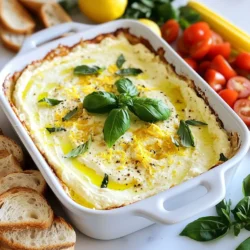 - 1 cup ricotta cheese - 1 cup cream cheese, softened - 1/4 cup lemon juice (freshly squeezed) - Zest of 1 lemon - 2 tablespoons honey - 1/2 teaspoon garlic powder - 1/2 teaspoon salt - 1/4 teaspoon black pepper - 1/4 cup fresh basil, chopped (plus extra for garnish) - Olive oil for drizzling To create a delicious baked lemon ricotta dip, you'll need a few key ingredients. The ricotta cheese provides a creamy base. Cream cheese adds richness and smoothness. Fresh lemon juice and zest give the dip its bright zest. Honey adds a touch of sweetness that balances the flavors. Garlic powder, salt, and black pepper season the dip perfectly. Fresh basil adds a burst of freshness and color. Finally, a drizzle of olive oil enhances the richness and flavor. Each ingredient plays a role in making this dip flavorful and enjoyable. Feel free to use fresh ingredients for the best taste. This dip is not only simple but also a great way to impress your friends and family. Enjoy making this easy and tasty appetizer! {{ingredient_image_1}} 1. Preheat the oven: Set your oven to 375°F (190°C). This step is key for even baking. 2. Mix ricotta and cream cheese: In a large bowl, combine 1 cup of ricotta cheese and 1 cup of softened cream cheese. Stir until the mix is smooth and creamy. 3. Add lemon juice, zest, and seasonings: Pour in 1/4 cup of freshly squeezed lemon juice and the zest of 1 lemon. Then, add 2 tablespoons of honey, 1/2 teaspoon of garlic powder, 1/2 teaspoon of salt, and 1/4 teaspoon of black pepper. Mix well until everything is combined. 4. Incorporate fresh basil: Gently fold in 1/4 cup of chopped fresh basil. Save some basil to garnish later. 1. Transfer to baking dish: Take the mixture and place it in a greased baking dish, about 8x8 inches. Spread it out evenly. 2. Drizzle with olive oil: Add a drizzle of olive oil on top. This gives a nice richness and flavor. 3. Bake and monitor time: Put the dish in the oven and bake for 25-30 minutes. Keep an eye on it until it is hot and slightly golden on top. 1. Cooling time: Once you take it out of the oven, let it cool for a few minutes. This helps the dip set a little. 2. Garnishing options: Before serving, sprinkle the reserved fresh basil on top. This adds a fresh touch and looks nice on the table. Serve with dippers like toasted baguette slices, pita chips, or fresh veggie sticks. Enjoy every creamy bite! To make your Baked Lemon Ricotta Dip smooth, start with soft cream cheese. Mix it well with ricotta cheese. Use a strong mixer to blend them until creamy. If it feels too thick, add a bit more lemon juice. This helps with the texture. Balancing flavors is key. The lemon juice adds a bright taste, while honey brings sweetness. Taste the mix before baking. If it needs more salt or garlic, add a pinch more. This step ensures a great flavor every time. Choosing the right dippers makes a big difference. I love serving this dip with toasted baguette slices. Pita chips are also a great choice; they add crunch. Fresh veggie sticks like carrots and cucumbers brighten up the plate and add healthy options. For presentation, arrange the dippers around the warm dip. This makes it look inviting. You can also add a drizzle of olive oil on top and sprinkle fresh basil for color. Serve it in a nice baking dish to impress your guests. Pro Tips Use Fresh Ingredients: Always opt for fresh lemon juice and zest for the brightest flavor in your dip. Experiment with Herbs: While basil is delicious, try adding fresh thyme or dill for a unique twist. Adjust Sweetness: Depending on your taste, you can increase or decrease the honey for a sweeter or more tart dip. Perfect Baking Time: Keep an eye on the dip during baking; you want it hot and slightly golden without overcooking. {{image_2}} You can make this dip even more fun. To add heat, try a spicy version. Just mix in some crushed red pepper flakes. Start with a small amount and taste it. You can always add more if you want. You can also change up the herbs. Instead of basil, try fresh thyme or dill. Each herb gives a new taste. You can mix and match to find what you love best. If you want a dairy-free dip, swap the cheeses for vegan cream cheese and ricotta. Many brands offer great taste without the dairy. This makes it friendly for lactose-intolerant friends too. For a low-fat version, use low-fat cream cheese. You can also reduce the honey or use a sugar substitute. This way, you keep the taste without all the calories. Adjust these swaps to fit your diet while keeping the dip delicious. To keep your Baked Lemon Ricotta Dip fresh, let it cool first. Place it in an airtight container. This keeps moisture out and flavor in. You can store it in the fridge for up to three days. If you want to use it after a week, consider freezing it. Just make sure to label the container with the date. When you're ready to enjoy your dip again, reheating is simple. The best way is to use the oven. Preheat your oven to 350°F (175°C). Place the dip in an oven-safe dish. Cover it with foil to prevent drying out. Heat for about 15-20 minutes until warm. You can also use a microwave. Just heat it in short bursts of 30 seconds. Stir between each burst to ensure even heating. You can serve this dip with many tasty dippers. Here are the best options: - Toasted baguette slices - Pita chips - Fresh vegetable sticks (like carrots, celery, and peppers) - Crackers - Breadsticks These dippers balance the creamy dip well. They add crunch and freshness. Arrange them around the dip for a great look. Guests will love the variety! Yes, you can prepare this dip in advance. Here are some tips: - Mix the dip, then cover it tightly. - Store it in the fridge for up to two days. - When ready, bake it straight from the fridge. This way, you save time when guests arrive. Just remember to bake it until it's hot and golden. To add heat to your dip, try these simple ideas: - Mix in a pinch of red pepper flakes. - Add diced jalapeños for a fresh kick. - Use a spicy honey instead of regular honey. These options let you control the heat. They enhance the flavor without overpowering the lemon. Enjoy the added zing! This article shared how to make a tasty baked lemon ricotta dip. You learned about the key ingredients, step-by-step instructions, and helpful tips. We explored variations to cater to different tastes and dietary needs. Proper storage and reheating methods ensure you enjoy every bite later. Remember, experimenting with flavors can make your dip even more special. Enjoy your creation with friends or family. Happy dipping!