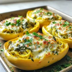 - 1 medium spaghetti squash - 1 cup fresh spinach, chopped - 1 can (14 oz) artichoke hearts, drained and chopped - 1 cup cream cheese, softened - 1/2 cup sour cream - 1 cup mozzarella cheese, shredded - 1/2 cup Parmesan cheese, grated - 1 garlic clove, minced - 1 teaspoon dried oregano - Salt and pepper to taste - 1 tablespoon olive oil - Fresh parsley, chopped (for garnish) For the best taste, use fresh spinach. If you want, you can swap it for frozen spinach. Just make sure to drain it well. Canned artichokes work great here, but fresh or frozen artichokes can also shine. If you want a lighter option, you can use Greek yogurt instead of sour cream. For cheese, feel free to mix up the types. Cheddar or goat cheese can add unique flavors. If you’re dairy-free, look for vegan cream cheese and cheese substitutes. Each serving of Spinach Artichoke Stuffed Spaghetti Squash has about 320 calories. It provides around 10 grams of protein and 20 grams of fat. The dish also has about 5 grams of carbs, making it a tasty low-carb option. Each serving packs in vitamins A and C from the spinach, plus calcium from the cheeses. Enjoying this dish gives you a healthy boost with each bite! {{ingredient_image_1}} 1. Preheat your oven to 400°F (200°C). This step is key for great roasting. 2. Slice the spaghetti squash carefully down the middle and scoop out the seeds. 3. Drizzle olive oil on the cut sides. Sprinkle salt and pepper to taste. 4. Place the squash halves cut-side down on a baking sheet lined with parchment paper. 5. Roast for 30-40 minutes until the flesh is fork-tender. Check it with a fork. 6. While the squash roasts, prepare the tasty filling. In a large bowl, mix the chopped spinach, drained artichoke hearts, cream cheese, sour cream, ½ cup mozzarella cheese, Parmesan cheese, minced garlic, oregano, salt, and pepper. Stir well until the mixture is smooth. 7. After the squash cools slightly, use a fork to scrape the flesh into strings. 8. Add these strings to the bowl with the filling. Mix until combined. 9. Spoon the spinach and artichoke filling back into each squash half. 10. Top each half with the remaining mozzarella cheese. 11. Return the stuffed squash to the oven. Bake for another 15-20 minutes until the cheese melts and bubbles. 12. Remove from the oven and allow to cool a few minutes. Garnish with chopped parsley before serving. - Always cut the squash lengthwise for easier access to the seeds. - Drizzling the olive oil helps achieve a nice, golden color while roasting. - Make sure to place the squash cut-side down. This traps steam and aids cooking. - Test for doneness by poking the flesh with a fork; it should feel tender. - Use fresh spinach for a vibrant taste and texture. - Canned artichoke hearts save time. Just drain and chop them finely. - Cream cheese adds a rich, creamy base. Make sure it’s softened for easy mixing. - For a tangy touch, sour cream works perfectly in the filling. - Adjust seasonings to your liking. A pinch of red pepper flakes can add a kick! To make your stuffed spaghetti squash just right, focus on texture. Roast the squash until it's fork-tender. This step is key. If it's too firm, the dish won't be as enjoyable. When mixing the filling, ensure everything is well combined. This helps every bite taste amazing. Use room temperature cream cheese for easy mixing. It blends in smoothly. I love to serve this dish with a fresh salad. A simple green salad complements the rich flavors well. You can also pair it with crusty bread. The bread is great for scooping up any extra filling. For a balanced meal, add grilled chicken or shrimp on the side. A glass of white wine is a nice touch too. You can prepare this dish in advance. Just roast the squash and prepare the filling. Store them separately in the fridge. When you’re ready to eat, stuff the squash and bake it. If you have leftovers, reheat in the oven. This keeps the cheese nice and melty. Avoid the microwave, as it can make the squash soggy. Pro Tips Choose the Right Squash: For the best flavor and texture, select a medium-sized spaghetti squash that feels heavy for its size and has a smooth, unblemished skin. Make it Extra Cheesy: Add a mix of your favorite cheeses such as cheddar or gouda for a unique twist on the traditional flavors of spinach and artichoke dip. Customize Your Filling: Feel free to add other ingredients like cooked chicken, sun-dried tomatoes, or fresh herbs to enhance the flavor profile of the filling. Serve with a Side: This dish pairs wonderfully with a light salad or garlic bread, making it a complete meal that is both hearty and satisfying. {{image_2}} You can easily make this dish vegetarian and gluten-free. The main ingredients are already plant-based. Just ensure you use gluten-free cream cheese and sour cream. Check the labels to confirm. This keeps the recipe friendly for various diets while still being rich and tasty. Feel free to add your favorite items to the filling. Here are some ideas: - Sun-Dried Tomatoes: They bring a sweet and tangy flavor. - Red Pepper Flakes: Add some heat for spice lovers. - Chopped Olives: These add salty, briny notes that enhance the dish. - Nuts: Pine nuts or walnuts can add a satisfying crunch. Mix and match these extras to make the dish your own! To boost flavor, try these simple tips: - Fresh Herbs: Basil, thyme, or dill can add freshness. - Lemon Zest: A little zest brightens the filling. - Nutmeg: Just a pinch can add warmth and depth. Experiment with these enhancements to find your perfect taste! To keep your Spinach Artichoke Stuffed Spaghetti Squash fresh, store it in an airtight container. Place any leftovers in the fridge within two hours of cooking. This helps prevent bacteria growth. Leftovers will stay good for about three to five days. Before you store, make sure the squash has cooled down. You can keep each half separate or together. I like to keep them in one piece for easy reheating. If you want to save your stuffed squash for later, freezing is a great option. First, let the dish cool completely. Then, wrap each half tightly in plastic wrap. After that, place them in a freezer-safe bag. Be sure to remove as much air as possible to avoid freezer burn. You can freeze the stuffed squash for up to three months. When you are ready to eat, thaw it in the fridge overnight before reheating. To reheat your squash, the oven works best. Preheat it to 350°F (175°C). Place the stuffed halves on a baking sheet. Cover them with foil to keep moisture in. Heat for about 20 to 25 minutes, or until warmed through. If you’re in a hurry, you can use the microwave. Just place a squash half on a microwave-safe plate. Heat it for 2 to 3 minutes, checking often. Enjoy your delicious leftovers! Yes, you can use frozen spinach. Just be sure to thaw it first. After thawing, squeeze out any extra water. This keeps the filling from getting soggy. Frozen spinach is a great time-saver. It still gives you that fresh flavor you want. Your spaghetti squash is ready when it feels soft. Use a fork to poke it. If the fork goes in easily, it’s done. The skin should look a bit shiny, too. Roasting usually takes 30-40 minutes at 400°F (200°C). This dish pairs well with a light salad. A simple green salad with lemon dressing works great. You might also try garlic bread or a side of roasted veggies. For a complete meal, serve it with grilled chicken or fish. This blog post covered the key ingredients and steps to make delicious Spinach Artichoke Stuffed Spaghetti Squash. You learned about ingredient options, cooking methods, and tips for the best texture. Customizing the dish with your favorite flavors is easy. Lastly, I shared helpful storage and reheating advice. Remember, this recipe is flexible. You can adjust it to fit your tastes. Enjoy your cooking and impress your friends with this tasty dish!