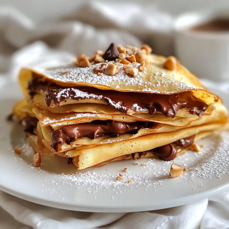 To make delightful chocolate hazelnut crepes, you'll need some simple ingredients. Here’s what you will gather before you start cooking: - 1 cup all-purpose flour - 2 large eggs - 1 1/4 cups milk - 2 tablespoons melted butter (plus extra for cooking) - 1 tablespoon sugar - 1/2 teaspoon vanilla extract - 1/4 teaspoon salt - 1/2 cup chocolate hazelnut spread (like Nutella) - 1/4 cup crushed hazelnuts (for garnish) - Powdered sugar (for dusting) Each ingredient plays a key role in creating the perfect crepe. The all-purpose flour gives structure, while eggs add richness. Milk keeps the batter smooth and creamy. Butter adds flavor and helps in cooking. Sugar and vanilla extract bring sweetness and aroma. Salt balances the flavors. The star of this recipe is the chocolate hazelnut spread. It melts beautifully inside the crepes, making them irresistible. Crushed hazelnuts add a nice crunch, and powdered sugar gives a lovely finish. With these ingredients, you're ready to create a sweet treat that everyone will love! {{ingredient_image_1}} First, gather your dry ingredients. In a mixing bowl, whisk together: - 1 cup all-purpose flour - 1 tablespoon sugar - 1/4 teaspoon salt Next, mix the wet ingredients in another bowl. Beat together: - 2 large eggs - 1 1/4 cups milk - 2 tablespoons melted butter - 1/2 teaspoon vanilla extract Now, combine the mixtures. Gradually pour the wet ingredients into the dry ones. Whisk until it's smooth and lump-free. Let the batter rest for 30 minutes at room temperature. This step helps the crepes become tender. Heat a non-stick skillet over medium heat. Lightly grease it with extra melted butter. Pour about 1/4 cup of batter into the skillet. Quickly tilt the pan to spread the batter into a thin layer. Cook for about 1-2 minutes until the underside is lightly golden. Then, use a spatula to flip the crepe. Cook the other side for another minute. Remove the cooked crepe and stack it on a plate. Repeat this process with the remaining batter. Now, let's assemble the crepes. Take one crepe and spread a generous tablespoon of chocolate hazelnut spread on one half. You can use Nutella or your favorite brand. Fold the crepe over once, then fold it again to form a triangle or roll it up. For a finishing touch, dust the crepes with powdered sugar and sprinkle crushed hazelnuts on top. Enjoy your delicious creation! - Ensuring a smooth batter: Mix your dry ingredients first. Then, whisk the wet ingredients well. Slowly combine the two until no lumps remain. This step is key for smooth crepes. - Ideal cooking temperature: Use medium heat. If the pan is too hot, the crepes will burn. A well-heated pan cooks crepes evenly. - Stacking crepes without sticking: Place parchment paper between cooked crepes. This keeps them from sticking together. It also makes serving easier. - Over-mixing batter: Mixing too much adds air and makes crepes tough. Just mix until smooth. - Using too much heat: High heat can burn your crepes. Stick to medium for the best results. - Not resting the batter: Let the batter rest for 30 minutes. This helps the flour absorb liquid and improves the texture. - Ideal pairings for toppings: Pair your crepes with fresh fruits like bananas or strawberries. They add brightness and flavor. - Presentation ideas: Stack the crepes high and dust with powdered sugar. Add crushed hazelnuts on top for a nice crunch. - Best beverages to enjoy with crepes: Serve with coffee or hot chocolate. They complement the rich flavors of chocolate hazelnut spread. Pro Tips Rest the Batter: Allowing the crepe batter to rest for 30 minutes helps develop the gluten, resulting in a more tender crepe. Even Cooking: Ensure your skillet is at a consistent medium heat to cook the crepes evenly; too high can burn them. Variations: Experiment with different fillings like fresh fruits, whipped cream, or even savory options to diversify your crepe experience. Garnish Right Before Serving: For the best presentation, add powdered sugar and crushed hazelnuts just before serving to keep them fresh and appealing. {{image_2}} You can have fun with flavors in your crepes. Try adding fruits like bananas or strawberries. These fruits give a fresh taste that pairs well with the rich chocolate hazelnut spread. You can also add spices like cinnamon or nutmeg for warmth and depth. Just a pinch can make a big difference. Another great idea is to use flavored chocolate spreads. Think of caramel or orange chocolate spreads to switch things up. If you need gluten-free crepes, you can swap all-purpose flour for almond or oat flour. Both work great and still taste delicious. For dairy-free options, use almond or coconut milk instead of regular milk. You can also replace the butter with coconut oil. If you want a vegan version, simply use flax eggs or mashed bananas instead of real eggs. The crepes will still be soft and tasty. Toppings can really elevate your crepes. Nut butters like almond or peanut work well. You can add jelly for a fun twist. Whipped cream or ice cream makes a rich addition, too. For sauces, drizzle caramel or more chocolate sauce over the top. These gourmet toppings create an amazing dessert experience that is hard to resist. To keep your leftover crepes fresh, place them in a stack. Layer parchment paper between each crepe. This helps prevent sticking. Wrap the stack in plastic wrap or place it in an airtight container. Store them in the fridge for up to three days. If you want to save them longer, freeze the crepes. Use freezer-safe bags and remove as much air as you can. They can last for up to two months in the freezer. When you’re ready to enjoy your crepes again, you can reheat them easily. The best way is to use a skillet over medium heat. Place the crepe in the skillet for about 30 seconds on each side. This warms them up and keeps them soft. You can also use a microwave. Place a damp paper towel over the crepe to keep it moist. Heat it for about 15 to 20 seconds. This method is quick but might make them a bit chewier. Crepes have a good shelf life if stored properly. In the fridge, they stay fresh for up to three days. If frozen, you can enjoy them for up to two months. Always check for signs of spoilage. If they smell sour or have a slimy texture, it's best to discard them. Keeping an eye on your crepes helps you enjoy them at their best! To keep crepes warm, stack them on a plate. Cover the stack with foil. You can also place the plate in a warm oven set to 200°F (93°C). This helps maintain their warmth without cooking them further. Yes, you can make the batter in advance. Mix the ingredients and store it in the fridge. It will stay fresh for up to two days. Just remember to give it a good stir before using. Crepes are done when the edges lift easily from the pan. The bottom should be lightly golden. Flip the crepe and cook for another minute. It should be cooked through but still soft. Most chocolate hazelnut spreads are gluten-free. Always check the label to be sure. Some brands may have gluten due to cross-contamination in factories. Yes, you can freeze assembled crepes. Place parchment paper between them to prevent sticking. Store in an airtight container or freezer bag. They can last up to two months in the freezer. In this article, we covered how to make delicious chocolate hazelnut crepes. We discussed essential ingredients, step-by-step instructions, tips for success, and variations to try. Remember to mix your batter well and control the heat when cooking. Store leftovers safely to enjoy later, and get creative with toppings! Experimenting with flavors makes this recipe your own. With the right techniques and some practice, you can master crepes and impress everyone. Enjoy your cooking journey!