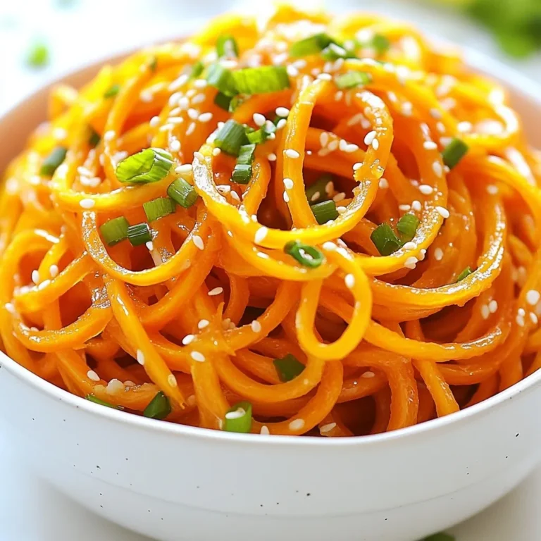 Here’s what you need to make Orange Glazed Carrot Noodles: - 4 medium carrots, spiralized into noodles - 1 tablespoon olive oil - 1 tablespoon fresh ginger, grated - 2 cloves garlic, minced - Zest and juice of 1 orange - 1 tablespoon honey or maple syrup - 1 tablespoon soy sauce (or tamari for gluten-free) - 1 teaspoon sesame oil - Salt and pepper to taste - Chopped green onions for garnish - Sesame seeds for garnish These fresh ingredients bring vibrant flavors and a bright color to your dish. Carrots are the star here, and spiralizing them gives you a fun noodle shape that kids and adults enjoy. The orange zest and juice add a sweet and zesty punch that makes this dish stand out. The honey or maple syrup gives it that perfect touch of sweetness. Use tamari if you want to keep it gluten-free. Trust me; these ingredients blend together for a dish you’ll love! {{ingredient_image_1}} To begin, you need to spiralize the carrots into noodle shapes. You can use a spiralizer or a vegetable peeler for this. First, wash the carrots well. Peel them if you prefer a smoother texture. Then, place the carrot in the spiralizer and turn it gently. This creates long, thin noodles that are fun to eat. When you finish, set the noodles aside in a bowl. Next, heat 1 tablespoon of olive oil in a large skillet over medium heat. You want the oil to warm but not smoke. Once hot, add 1 tablespoon of grated fresh ginger and 2 minced garlic cloves. Sauté them for about 30 seconds. You will smell a lovely aroma. This step adds a lot of flavor to the dish. Now, it’s time to incorporate the carrot noodles into the skillet. Toss them gently in the ginger and garlic mix. Sauté for about 2-3 minutes. The goal is to make the noodles tender but still a bit crisp. In a small bowl, whisk together the zest and juice of 1 orange, 1 tablespoon of honey (or maple syrup), 1 tablespoon of soy sauce, and 1 teaspoon of sesame oil. Pour this orange glaze over the noodles. Stir well to coat the noodles evenly. Cook for another 2-3 minutes until the sauce thickens slightly. Finally, season with salt and pepper to taste. Adjust the sweetness as needed. When ready, transfer the glazed carrot noodles to a serving plate. For a nice finish, sprinkle chopped green onions and sesame seeds on top. Enjoy the beautiful and colorful dish! To get the best texture for your carrot noodles, focus on cooking them just right. You want them tender but still crisp. Aim for about 2-3 minutes of cooking time in the skillet. Watch closely! If you overcook them, they can turn mushy. A great tip is to stir gently while they cook. This way, they heat evenly. Adjusting the sweetness of the glaze can make a big difference. If you like it sweeter, add more honey or maple syrup. For a more balanced taste, consider adding a dash of soy sauce. You can also play with other seasonings. A pinch of red pepper flakes can add a nice kick. Don’t be afraid to taste as you go! Garnishing can elevate your dish. Sprinkle chopped green onions and sesame seeds on top for a pop of color and crunch. Serve these noodles warm on a nice plate to impress. You can pair them with grilled chicken or tofu for a complete meal. Enjoy the vibrant colors and flavors! Pro Tips Use Fresh Ingredients: Fresh ginger and garlic will give your dish a vibrant flavor that dried spices simply can't replicate. Adjust Sweetness: Depending on your taste preference, you can modify the amount of honey or maple syrup in the glaze for a sweeter or more savory dish. Perfect for Meal Prep: This dish can be made ahead of time and reheated. Just make sure not to overcook the noodles to maintain their texture. Experiment with Add-Ins: Feel free to add other vegetables like bell peppers or snap peas for extra color and nutrition! {{image_2}} - Making it vegan: To make this dish vegan, swap honey for maple syrup. This keeps the sweetness while keeping it plant-based. You can also use tamari instead of soy sauce for a gluten-free option. - Gluten-free alternatives: If you need a gluten-free meal, choose tamari instead of regular soy sauce. Most brands are gluten-free, so check the label. - Other vegetables to use with the glaze: While carrot noodles shine, you can try zucchini or sweet potato noodles. These add unique flavors and textures. You can also mix different vegetables for a colorful dish. - Alternative sweeteners: Maple syrup works well, but you can also use agave syrup or coconut sugar. Each adds a different taste, so feel free to experiment with what you have. - Adding protein options like tofu or chickpeas: For extra protein, toss in cubed tofu or cooked chickpeas. They soak up the glaze and add texture. This makes the dish heartier and more filling. - Experimenting with spices: Add spices like red pepper flakes for heat or smoked paprika for depth. You can also use herbs like cilantro or mint for a fresh twist. Mixing spices can create new flavor profiles each time you make this dish. To keep your orange glazed carrot noodles fresh, follow these steps: - Cool down: Let the noodles cool to room temperature before storing. - Use airtight containers: Glass or plastic containers with tight lids work best. - Refrigerate promptly: Store them in the fridge within two hours of cooking. These methods help retain the flavor and texture of the noodles. They can last up to three days in the fridge. When you want to enjoy your leftovers, reheating is key. Here’s how to do it right: - Microwave method: Place noodles in a microwave-safe dish. Cover with a damp paper towel. Heat in 30-second increments until warm. - Stovetop method: Heat a skillet over medium heat. Add a splash of water or oil. Stir the noodles until warmed through, about 3-5 minutes. Both methods help keep the noodles tender without turning them mushy. You can freeze carrot noodles, but they do need some care. - Freezing: Place cooled noodles in a freezer-safe bag or container. Remove as much air as possible to prevent freezer burn. - Thawing: To thaw, place the noodles in the fridge overnight. If you're in a hurry, use the microwave on the defrost setting. Freezing may change the texture slightly, but the flavor stays strong. You can pair Orange Glazed Carrot Noodles with many dishes. Here are some great options: - Complementary side dishes: Serve with a fresh salad or steamed broccoli. A side of rice adds a nice touch too. - Protein pairings: Add grilled chicken, shrimp, or tofu for a complete meal. These proteins enhance the dish and make it more filling. Yes, you can use regular carrots. However, spiralizing has its perks: - Benefits of spiralizing: Spiralized carrots cook quickly and add a fun texture. They also soak up the glaze well. - Alternative preparation methods: If you don’t have a spiralizer, you can julienne or thinly slice the carrots. Cook them a bit longer to ensure they soften. Making this recipe ahead is simple. Here’s how: - Pre-preparation tips: Spiralize the carrots and prepare the glaze in advance. Store them separately in the fridge. - Reheating suggestions for meal prep: When ready to eat, heat the noodles in a skillet over medium heat. Add the glaze and warm until heated through. This keeps the texture just right. This blog post guides you through making delicious orange glazed carrot noodles. We covered ingredients, preparation steps, and tips for perfect texture and flavor. You can adjust the recipe for various diets and even learn how to store leftovers. In the end, these noodles are easy to make and fun to customize. Enjoy creating your own twist on this tasty dish!