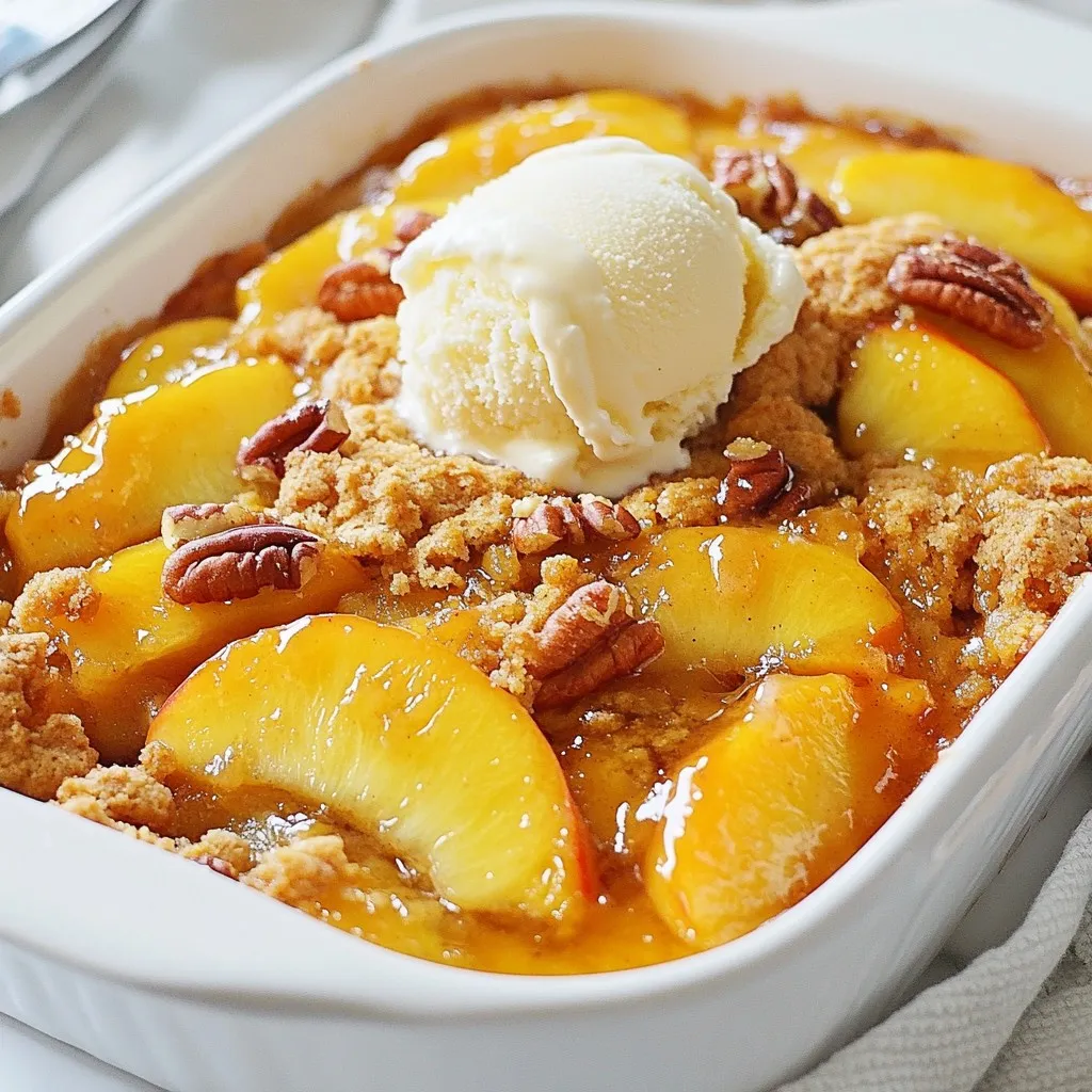 - 2 cans of sliced peaches in syrup - 1 cup brown sugar - 1 teaspoon ground cinnamon - 1 box yellow cake mix - 1 stick unsalted butter, melted The main ingredients for the peach cobbler dump cake are simple and easy to find. The two cans of sliced peaches provide a sweet base. Brown sugar adds richness. Ground cinnamon brings warmth and flavor. The yellow cake mix gives that classic cake texture. Finally, the melted butter helps everything come together. - 1 cup chopped pecans - Vanilla ice cream for serving If you want to add a twist, consider using chopped pecans. They give the cake a nice crunch. Serving with vanilla ice cream makes it extra special. The cold ice cream contrasts well with the warm cake. - Baking dish (9x13 inch) - Mixing bowls - Measuring cups and spoons You will need a few tools to make this dessert. A 9x13 inch baking dish is perfect for holding all the goodness. Mixing bowls help combine the ingredients easily. Measuring cups and spoons ensure you get the right amounts. With these items, you're ready to create a delicious peach cobbler dump cake. {{ingredient_image_1}} - Preheat the oven to 350°F (175°C). - Grease a 9x13 inch baking dish. Use butter or cooking spray. - In a large bowl, combine the drained peaches, brown sugar, and cinnamon. - Stir until the peaches are well-coated. This adds sweetness and spice. - Pour the peach mixture into the prepared baking dish. Spread it out evenly. - Next, sprinkle the yellow cake mix over the peach layer. - Drizzle the melted butter evenly on top of the cake mix. - Bake in the preheated oven for 40-45 minutes. - Check for doneness. The top should be golden brown and bubbly. - Let it cool for about 10 minutes before serving. This simple method gives you a flavorful dessert with minimal effort. Enjoy! To make the best Peach Cobbler Dump Cake, start by draining the peaches. This step is key. If you don’t drain them, your cake can become too soggy. The syrup can add too much moisture, which can ruin the texture. Next, evenly distribute the melted butter over the cake mix. This helps create a golden, crispy top. If you pour it in one spot, some parts may not cook well. Make sure every bit of the mix gets some butter. You can serve this dessert warm or cooled. Warm cake has a gooey texture that feels cozy. It melts in your mouth. If you let it cool, the flavors meld nicely. Consider adding a scoop of vanilla ice cream on top. The cold ice cream contrasts with the warm cake perfectly. It adds a creamy richness that makes every bite special. One common mistake is overbaking the cake. Keep an eye on it while it bakes. If you let it go too long, the top can burn. The goal is a golden brown color and a bubbly surface. Another mistake is using cold ingredients. Always use room temperature butter and eggs. Cold items can slow down baking and lead to uneven results. Make sure to take them out of the fridge ahead of time. Pro Tips Use Fresh Peaches: For an even more flavorful cobbler, try substituting canned peaches with fresh, ripe peaches when in season. Experiment with Spices: Add a pinch of nutmeg or ginger to the peach mixture for a unique twist on the traditional flavor. Serve Warm: This dessert is best enjoyed warm, so make sure to serve it straight from the oven or reheated for maximum enjoyment. Store Properly: If you have leftovers, store them in an airtight container in the fridge for up to 3 days. Reheat in the oven for best results. {{image_2}} You can switch up the fruit in this dump cake. If you want, use other canned fruits like cherries or blueberries. They add their unique flavors and colors. You can also use fresh peaches instead of canned ones. Just slice them and adjust the sugar based on their sweetness. Fresh fruit gives a nice texture and taste. Not all cake mixes are the same. For a gluten-free option, look for gluten-free cake mix brands. They work just as well in this recipe. You can also try different flavored cake mixes. Lemon or almond cake mixes can give the dessert a fun twist. Experiment and find your favorite flavor! Adding nuts can bring great taste and crunch. Chopped pecans are a solid choice, but you can skip them if you prefer. Spices can also make a big difference. Try adding nutmeg or allspice for extra warmth and depth. These small changes can elevate your peach cobbler dump cake to something special. Enjoy exploring these fun variations! To store leftovers, you have two good options: room temperature and the fridge. If you plan to eat your Peach Cobbler Dump Cake soon, you can leave it at room temperature for a couple of days. Make sure to cover it tightly. If you want to keep it longer, store it in the refrigerator. This helps it last up to a week. When it comes to reheating, you can use an oven or a microwave. The oven keeps the topping crispy, while the microwave heats it quickly. For the oven, preheat to 350°F (175°C). Place the cobbler in an oven-safe dish and cover it with foil. Heat for about 15 minutes. For the microwave, warm a slice for 30 seconds or until hot. If you want to keep the topping crispy, use the oven method. Yes, you can freeze Peach Cobbler Dump Cake! It freezes well for up to three months. To freeze, let it cool completely. Wrap it tightly in plastic wrap and then in foil. When you’re ready to eat it, take it out of the freezer and let it thaw in the fridge overnight. For reheating, use the oven to ensure the topping stays crunchy. A dump cake is an easy dessert. You just dump your ingredients into a dish. No mixing is required. For Peach Cobbler Dump Cake, you start with sliced peaches. Then, add brown sugar and cinnamon. Next, sprinkle the dry cake mix on top. Finally, drizzle melted butter over everything. It all bakes together to create a tasty treat. The result is a warm, gooey dessert that is hard to resist. Yes, you can prepare it in advance. Just store the peach mixture in the fridge. Keep the cake mix separate until you are ready to bake. This method helps keep the cake mix dry. When you are set to bake, combine them in the dish. If you have leftovers, you can also store them. Place them in an airtight container in the fridge. It will stay fresh for about three days. Using peach syrup is not required, but it adds flavor. The syrup helps sweeten the peaches and keeps them moist. If you don’t have syrup, you can use water or juice. This option still gives you a great taste. Just make sure to adjust the sugar if you use juice. The goal is to keep the dessert sweet and delicious. This blog shared a simple recipe for Peach Cobbler Dump Cake. You learned about the main ingredients and steps for preparation. I also covered tips for the best texture and how to serve it. Variations and storage options were discussed to keep your dessert fresh. Remember, baking should be fun! Try the tips and make it your own. Enjoy the sweet success of your Peach Cobbler Dump Cake.